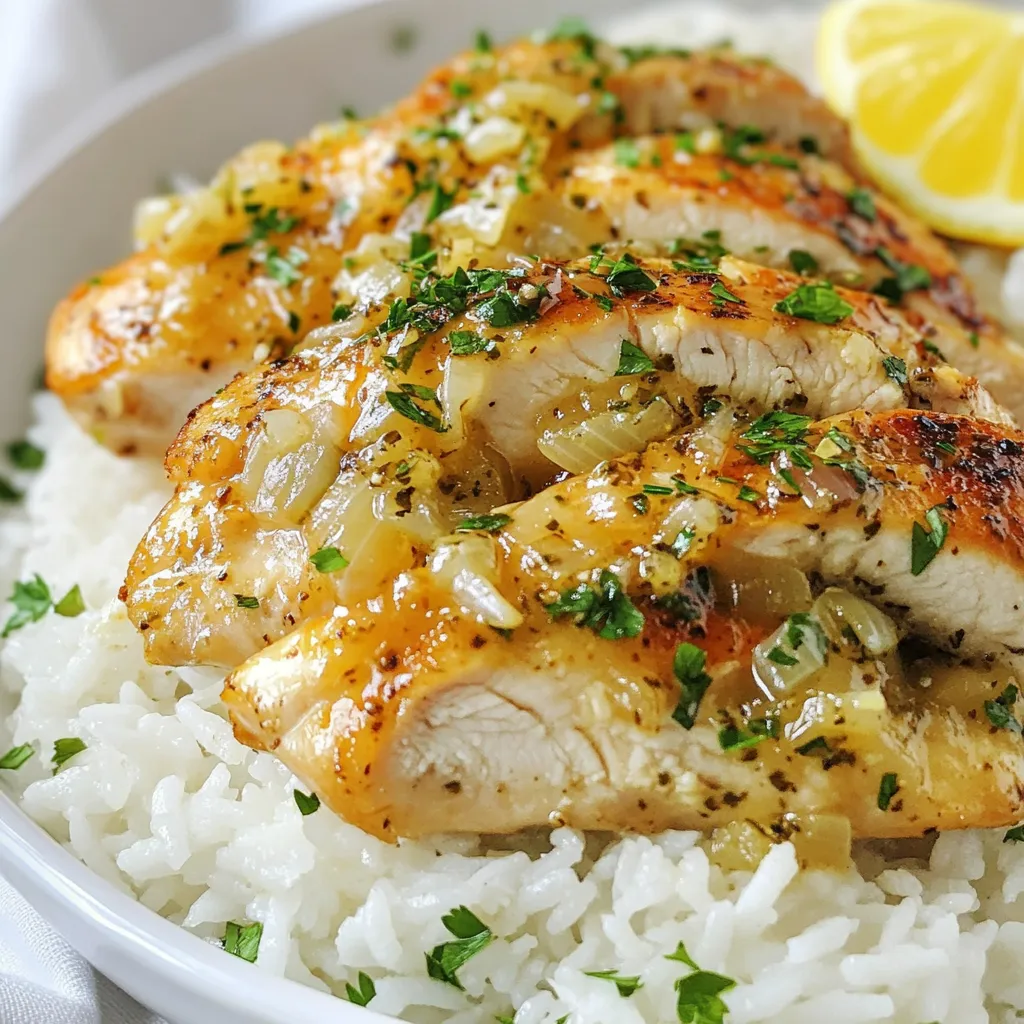 - 2 boneless, skinless chicken breasts - 1 cup basmati rice - 1 cup heavy cream - 4 cloves garlic, minced - 1 onion, finely chopped - 1 teaspoon dried thyme - 1 teaspoon dried oregano - Fresh parsley, chopped - Lemon wedges - 2 cups chicken broth In this dish, the chicken breasts provide a lean protein. The basmati rice gives a light, fluffy base. Heavy cream adds a rich texture and flavor. You will also need garlic and onion for a savory touch. Dried thyme and oregano bring out the herb notes that make this dish special. For garnishing, fresh parsley adds a pop of color. Lemon wedges brighten up the flavors. The chicken broth helps cook the rice and adds depth to the meal. When you gather these ingredients, you set the stage for a delightful cooking experience. Each element plays a key role in creating a dish that is creamy, flavorful, and visually pleasing. {{ingredient_image_1}} Start by rinsing the basmati rice. Place the rice in a fine mesh strainer. Rinse it under cold water until the water runs clear. This step removes excess starch. It helps keep the rice fluffy and not sticky. Next, cook the rice in chicken broth. In a medium saucepan, bring 2 cups of chicken broth to a boil. Add the rinsed basmati rice to the boiling broth. Lower the heat to simmer and cover the pot. Let it cook for about 15 minutes until the rice absorbs the liquid. Fluff the rice with a fork and set it aside. Now, we will season the chicken. Take 2 boneless, skinless chicken breasts. Sprinkle salt, pepper, dried thyme, and oregano on both sides. Make sure to cover all parts for a great flavor. Heat 3 tablespoons of olive oil in a large skillet over medium heat. Add the seasoned chicken breasts to the hot skillet. Cook them for about 6-7 minutes on each side. You want the chicken to turn golden brown and be fully cooked. Once done, remove the chicken and let it rest for a few minutes. This keeps it juicy when you slice it. It’s time for the sauce! In the same skillet, add the finely chopped onion and minced garlic. Sauté them for about 3-4 minutes until the onions turn soft and translucent. This step adds sweetness and depth to the sauce. Pour in 1 cup of heavy cream. Stir well, scraping any browned bits from the skillet. These bits add rich flavor. Let the sauce simmer for about 3-5 minutes until it thickens slightly. Taste and adjust the seasoning as needed. Slice the cooked chicken into bite-sized pieces. Add the chicken back into the skillet with the creamy sauce. Stir to coat the chicken well. This step ensures each piece is covered in that rich, creamy goodness. Now it’s time to serve. Place the fluffy basmati rice on a plate. Top it with the creamy chicken mixture. Garnish with chopped parsley and lemon wedges for a fresh touch. Enjoy your flavorful dish! To ensure your chicken is cooked properly, use a meat thermometer. Chicken should reach an internal temperature of 165°F. This way, it is safe to eat and juicy. Let the chicken rest for a few minutes after cooking. This keeps it tender and flavorful. To prevent your rice from being sticky, rinse it well before cooking. Rinsing removes excess starch. This helps the rice stay fluffy. Use a fine mesh strainer for best results. Cook the rice in chicken broth for added flavor. Adding fresh herbs elevates the dish. Try using parsley or basil. These herbs add brightness and freshness. You can chop them and mix them in just before serving. For optional spices, consider adding paprika or a pinch of cayenne. These spices bring warmth without overpowering the dish. You can also try lemon zest for a zesty kick. For serving suggestions, use shallow bowls. Place the rice first, then arrange the chicken on top. Drizzle extra creamy sauce over the chicken. This enhances both flavor and look. Garnishing adds appeal. Sprinkle fresh parsley on top for color. Add lemon wedges on the side for brightness. This makes the dish visually inviting and fresh. Pro Tips Rinse the Rice: Rinsing the basmati rice under cold water until the water runs clear removes excess starch, resulting in fluffy, non-sticky rice. Rest the Chicken: Let the chicken rest for a few minutes after cooking before slicing. This allows the juices to redistribute, making the meat more tender and juicy. Enhance the Sauce: To deepen the flavor of the creamy sauce, consider adding a splash of white wine or a teaspoon of Dijon mustard while simmering. Garnish Wisely: Fresh herbs like parsley or chives not only add color but also enhance the overall flavor of the dish. Don't skip the lemon wedges for a zesty finish! {{image_2}} You can switch the chicken for other meats. Turkey works well because it has a similar taste. Pork also adds a nice flavor. For those who prefer a meat-free dish, tofu is a great choice. It absorbs flavors well and adds a nice texture. If you want to try different rice, jasmine rice is a lovely option. It has a fragrant scent and a soft texture. Brown rice adds more fiber but takes longer to cook. Quinoa is another healthy alternative. It’s packed with protein and cooks quickly. You can change the creamy sauce too. Coconut cream gives a nice tropical twist. Sour cream adds a tangy flavor that many enjoy. Adding vegetables like spinach or mushrooms can also enhance the sauce. They provide nutrition and extra taste. To keep your creamy herb chicken basmati rice fresh, let it cool first. Place it in an airtight container. This way, it can last in the fridge for about 3-4 days. Always reheat only what you need. When warming up, use medium heat on the stove. Add a splash of chicken broth or water to keep it moist. Stir often to ensure even heating. You can also use a microwave, but check it frequently to avoid hot spots. You can freeze this dish for up to three months. To freeze, let the chicken and rice cool completely. Then, put them in a freezer-safe container. Make sure to label it with the date for easy tracking. When you are ready to enjoy, move it to the fridge overnight to thaw. After thawing, reheat on the stove. Add a little liquid to keep it creamy and delicious. Always heat until it reaches 165°F to ensure it’s safe to eat. To make the rice less sticky, start with rinsing the basmati rice. Rinse it under cold water until the water runs clear. This removes the excess starch. Starch causes the rice to clump. After rinsing, cook the rice properly. Use two cups of chicken broth for one cup of rice. Bring the broth to a boil first. Then lower the heat and cover it. Let it simmer for about 15 minutes. Fluff it with a fork after cooking. This helps separate the grains. Yes, you can use boneless chicken thighs. Thighs have more fat than breasts. This gives them a richer flavor. They also stay moist during cooking. The texture is slightly different, too. Chicken thighs can be more tender. If you prefer a juicy bite, thighs are a great choice. Just remember to adjust the cooking time slightly. They may need a few extra minutes in the skillet. You can serve many sides with this dish. Here are some great options: - Steamed broccoli adds green and crunch. - A fresh garden salad brings brightness. - Roasted vegetables enhance the meal's flavor. - Garlic bread is a tasty addition for comfort. - A light soup can round out the dinner nicely. The dish can last in the fridge for about three to four days. Make sure to cool it down before storing. Place it in a sealed container to keep it fresh. When reheating, make sure it’s heated all the way through. If it seems dry, add a little broth or cream while warming. This will help keep the dish moist and tasty. This blog post covered how to make Creamy Herb Chicken Basmati Rice. We explored key ingredients like chicken, basmati rice, and heavy cream, along with essential seasonings such as garlic and onion. You learned step-by-step instructions, tips for cooking, and variations to suit your tastes. Enjoy your cooking journey and make this dish your own. With fresh herbs and new flavors, you can create something special every time. Happy cooking!