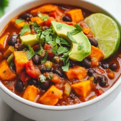To make this sweet potato black bean chili, gather these key items: - 2 medium sweet potatoes, peeled and diced - 1 can (15 oz) black beans, rinsed and drained - 1 can (14 oz) diced tomatoes (with juice) - 1 medium onion, diced - 3 cloves garlic, minced - 1 red bell pepper, diced - 1 green bell pepper, diced - 2 tablespoons olive oil - 2 teaspoons chili powder - 1 teaspoon smoked paprika - 1 teaspoon cumin - 1/2 teaspoon cayenne pepper (adjust for spice preference) - Salt and pepper, to taste - 3 cups vegetable broth - 1 cup corn (fresh, canned, or frozen) To add flair to your chili, consider these tasty garnishes: - Chopped cilantro - Diced avocado - Lime wedges If you need swaps, here are some ideas: - Use butternut squash instead of sweet potatoes for a different flavor. - Swap black beans with kidney beans or pinto beans. - Try using fresh tomatoes instead of canned ones for a fresher taste. - If you want it spicy, add jalapeños instead of cayenne pepper. - Use water or chicken broth if you don't have vegetable broth. These ingredients make your chili flavorful and filling. Enjoy experimenting with them! {{ingredient_image_1}} Start by gathering all your ingredients. Here’s what you need: - 2 medium sweet potatoes, peeled and diced - 1 can (15 oz) black beans, rinsed and drained - 1 can (14 oz) diced tomatoes (with juice) - 1 medium onion, diced - 3 cloves garlic, minced - 1 red bell pepper, diced - 1 green bell pepper, diced - 2 tablespoons olive oil - 2 teaspoons chili powder - 1 teaspoon smoked paprika - 1 teaspoon cumin - 1/2 teaspoon cayenne pepper (adjust for spice preference) - Salt and pepper, to taste - 3 cups vegetable broth - 1 cup corn (fresh, canned, or frozen) - Chopped cilantro and avocado for garnish Peel and dice the sweet potatoes first. This ensures they cook evenly. Then, rinse and drain the black beans. Dice the onion, bell peppers, and mince the garlic. This prep makes cooking smoother. In a large pot, heat the olive oil over medium heat. Add the diced onion and sauté for about 5 minutes until softened. Next, add the minced garlic and both bell peppers. Cook these for another 5 minutes, stirring often. Now, stir in the diced sweet potatoes along with the chili powder, smoked paprika, cumin, cayenne pepper, salt, and pepper. Mix well to coat the vegetables with the spices. This step is key for building flavor. Pour in the canned diced tomatoes and vegetable broth. Bring this mixture to a boil. Once boiling, reduce the heat to a simmer. Cover your pot and let it simmer for 20-25 minutes. You want the sweet potatoes tender. After that time, add the black beans and corn to the pot. Stir everything to combine. Cook for an additional 5-10 minutes until everything is heated through. Taste your chili. Adjust the seasonings if needed. If you like more spice, add a bit more cayenne. When serving, ladle the chili into bowls. Top each bowl with chopped cilantro and diced avocado for a fresh touch. For extra flavor, add a slice of lime on the side. Enjoy this hearty dish with friends or family! To make your Sweet Potato Black Bean Chili burst with flavor, focus on fresh herbs and spices. Here are some tips: - Sauté your spices: Before adding liquids, toast your spices in the olive oil. This brings out their full taste. - Use fresh garlic and onion: Fresh aromatics add depth. They make your chili smell and taste amazing. - Add a splash of lime juice: Just before serving, squeeze fresh lime juice. It brightens the dish and balances the heat. - Garnish creatively: Top with cilantro and avocado for creaminess. You can also add diced jalapeños for extra zest. Sometimes things don’t go as planned. Here are ways to fix common issues: - Too thick: If your chili is too thick, add more vegetable broth. Stir well and heat until it reaches your desired consistency. - Too bland: If it lacks flavor, add more salt or spices. A bit more chili powder or cumin can do wonders. - Too spicy: If it’s too spicy, add more sweet potatoes or a bit of sugar. This helps tone down the heat. Adjusting the heat level is easy! Here’s how: - To make it spicier: Add more cayenne pepper or diced fresh chilies. This boosts the heat significantly. - To make it milder: Cut back on cayenne and chili powder. You can also add more diced tomatoes or sweet corn to balance the flavors. Use these tips to make your chili just the way you love it! Pro Tips Adjust the Spice Level: Modify the amount of cayenne pepper based on your taste preference. Start with less and add more if you like it spicier! Use Fresh Ingredients: Whenever possible, opt for fresh vegetables. They enhance the flavor and nutritional value of your chili. Let It Sit: For the best flavor, allow the chili to sit for a few hours or overnight in the fridge. Reheat before serving to let the flavors meld. Top It Off: Add extra toppings like shredded cheese, sour cream, or diced jalapeños for additional flavor and texture. {{image_2}} If you want to make this chili heartier, try adding chicken or turkey. You can use cooked, shredded chicken or ground turkey. When you sauté the onion, add the meat to the pot. Cook until it’s no longer pink. Then, follow the rest of the recipe as usual. This adds protein and makes the dish more filling. This chili is already vegetarian and can easily be vegan. Just make sure to use vegetable broth instead of chicken broth. You can also add tofu for extra protein. Cubed firm tofu can give the chili a nice texture. Just add it with the black beans and corn for a boost. Adjusting the spices can change the whole flavor of your chili. If you like it spicy, try adding more cayenne pepper or some diced jalapeños. For a smoky flavor, consider adding chipotle powder. You can also mix in some oregano or coriander for a unique twist. Don’t be afraid to experiment! To store your sweet potato black bean chili, let it cool first. Use an airtight container for storage. You can keep it in the fridge for about 4-5 days. Be sure to label the container with the date. This helps you remember when you made it. When you're ready to enjoy leftovers, reheat the chili on the stove. Pour it into a pot over medium heat. Stir it often to prevent sticking. Heat until it's warm throughout, about 10 minutes. You can also use the microwave. Place the chili in a microwave-safe bowl. Cover it with a damp paper towel and heat for 2-3 minutes. Stir halfway to make sure it heats evenly. To freeze your chili, let it cool completely. Then, place it in freezer-safe containers. Leave some space at the top, as it will expand when frozen. You can freeze it for up to 3 months. When you're ready to eat, thaw it in the fridge overnight. Reheat as mentioned before. This way, you’ve got a quick meal ready to go! Sweet Potato Black Bean Chili lasts about 4 to 5 days in the fridge. Store it in an airtight container. Make sure it cools down before you put it away. This helps keep the flavors fresh. If you want to enjoy it later, consider freezing it. Yes, you can make this chili in a slow cooker. Start by sautéing the onion and garlic in a pan. Then, add all the ingredients to the slow cooker. Set it on low for 6 to 8 hours or high for 3 to 4 hours. This method gives the flavors time to meld nicely. You can serve this chili with many sides. Here are some ideas: - Cornbread - Rice or quinoa - Tortilla chips - A fresh salad - Avocado slices or guacamole These pair well and add more texture and flavor to your meal. Enjoy mixing and matching! This blog post covered how to make a delicious Sweet Potato Black Bean Chili. We talked about the main ingredients you need, optional toppings, and some swaps if you're missing something. You learned step-by-step cooking instructions and tips for enhancing flavor. We also explored different chili variations, including protein options and storage tips. In the end, you can adapt this recipe to fit your taste. Enjoy exploring and personalizing your chili for great meals ahead!