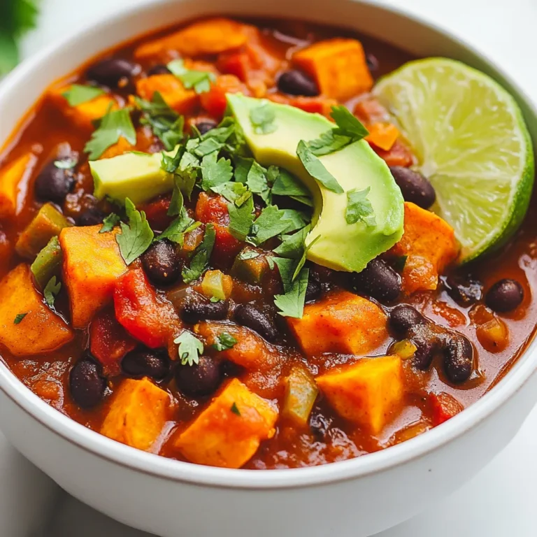 To make this sweet potato black bean chili, gather these key items: - 2 medium sweet potatoes, peeled and diced - 1 can (15 oz) black beans, rinsed and drained - 1 can (14 oz) diced tomatoes (with juice) - 1 medium onion, diced - 3 cloves garlic, minced - 1 red bell pepper, diced - 1 green bell pepper, diced - 2 tablespoons olive oil - 2 teaspoons chili powder - 1 teaspoon smoked paprika - 1 teaspoon cumin - 1/2 teaspoon cayenne pepper (adjust for spice preference) - Salt and pepper, to taste - 3 cups vegetable broth - 1 cup corn (fresh, canned, or frozen) To add flair to your chili, consider these tasty garnishes: - Chopped cilantro - Diced avocado - Lime wedges If you need swaps, here are some ideas: - Use butternut squash instead of sweet potatoes for a different flavor. - Swap black beans with kidney beans or pinto beans. - Try using fresh tomatoes instead of canned ones for a fresher taste. - If you want it spicy, add jalapeños instead of cayenne pepper. - Use water or chicken broth if you don't have vegetable broth. These ingredients make your chili flavorful and filling. Enjoy experimenting with them! {{ingredient_image_1}} Start by gathering all your ingredients. Here’s what you need: - 2 medium sweet potatoes, peeled and diced - 1 can (15 oz) black beans, rinsed and drained - 1 can (14 oz) diced tomatoes (with juice) - 1 medium onion, diced - 3 cloves garlic, minced - 1 red bell pepper, diced - 1 green bell pepper, diced - 2 tablespoons olive oil - 2 teaspoons chili powder - 1 teaspoon smoked paprika - 1 teaspoon cumin - 1/2 teaspoon cayenne pepper (adjust for spice preference) - Salt and pepper, to taste - 3 cups vegetable broth - 1 cup corn (fresh, canned, or frozen) - Chopped cilantro and avocado for garnish Peel and dice the sweet potatoes first. This ensures they cook evenly. Then, rinse and drain the black beans. Dice the onion, bell peppers, and mince the garlic. This prep makes cooking smoother. In a large pot, heat the olive oil over medium heat. Add the diced onion and sauté for about 5 minutes until softened. Next, add the minced garlic and both bell peppers. Cook these for another 5 minutes, stirring often. Now, stir in the diced sweet potatoes along with the chili powder, smoked paprika, cumin, cayenne pepper, salt, and pepper. Mix well to coat the vegetables with the spices. This step is key for building flavor. Pour in the canned diced tomatoes and vegetable broth. Bring this mixture to a boil. Once boiling, reduce the heat to a simmer. Cover your pot and let it simmer for 20-25 minutes. You want the sweet potatoes tender. After that time, add the black beans and corn to the pot. Stir everything to combine. Cook for an additional 5-10 minutes until everything is heated through. Taste your chili. Adjust the seasonings if needed. If you like more spice, add a bit more cayenne. When serving, ladle the chili into bowls. Top each bowl with chopped cilantro and diced avocado for a fresh touch. For extra flavor, add a slice of lime on the side. Enjoy this hearty dish with friends or family! To make your Sweet Potato Black Bean Chili burst with flavor, focus on fresh herbs and spices. Here are some tips: - Sauté your spices: Before adding liquids, toast your spices in the olive oil. This brings out their full taste. - Use fresh garlic and onion: Fresh aromatics add depth. They make your chili smell and taste amazing. - Add a splash of lime juice: Just before serving, squeeze fresh lime juice. It brightens the dish and balances the heat. - Garnish creatively: Top with cilantro and avocado for creaminess. You can also add diced jalapeños for extra zest. Sometimes things don’t go as planned. Here are ways to fix common issues: - Too thick: If your chili is too thick, add more vegetable broth. Stir well and heat until it reaches your desired consistency. - Too bland: If it lacks flavor, add more salt or spices. A bit more chili powder or cumin can do wonders. - Too spicy: If it’s too spicy, add more sweet potatoes or a bit of sugar. This helps tone down the heat. Adjusting the heat level is easy! Here’s how: - To make it spicier: Add more cayenne pepper or diced fresh chilies. This boosts the heat significantly. - To make it milder: Cut back on cayenne and chili powder. You can also add more diced tomatoes or sweet corn to balance the flavors. Use these tips to make your chili just the way you love it! Pro Tips Adjust the Spice Level: Modify the amount of cayenne pepper based on your taste preference. Start with less and add more if you like it spicier! Use Fresh Ingredients: Whenever possible, opt for fresh vegetables. They enhance the flavor and nutritional value of your chili. Let It Sit: For the best flavor, allow the chili to sit for a few hours or overnight in the fridge. Reheat before serving to let the flavors meld. Top It Off: Add extra toppings like shredded cheese, sour cream, or diced jalapeños for additional flavor and texture. {{image_2}} If you want to make this chili heartier, try adding chicken or turkey. You can use cooked, shredded chicken or ground turkey. When you sauté the onion, add the meat to the pot. Cook until it’s no longer pink. Then, follow the rest of the recipe as usual. This adds protein and makes the dish more filling. This chili is already vegetarian and can easily be vegan. Just make sure to use vegetable broth instead of chicken broth. You can also add tofu for extra protein. Cubed firm tofu can give the chili a nice texture. Just add it with the black beans and corn for a boost. Adjusting the spices can change the whole flavor of your chili. If you like it spicy, try adding more cayenne pepper or some diced jalapeños. For a smoky flavor, consider adding chipotle powder. You can also mix in some oregano or coriander for a unique twist. Don’t be afraid to experiment! To store your sweet potato black bean chili, let it cool first. Use an airtight container for storage. You can keep it in the fridge for about 4-5 days. Be sure to label the container with the date. This helps you remember when you made it. When you're ready to enjoy leftovers, reheat the chili on the stove. Pour it into a pot over medium heat. Stir it often to prevent sticking. Heat until it's warm throughout, about 10 minutes. You can also use the microwave. Place the chili in a microwave-safe bowl. Cover it with a damp paper towel and heat for 2-3 minutes. Stir halfway to make sure it heats evenly. To freeze your chili, let it cool completely. Then, place it in freezer-safe containers. Leave some space at the top, as it will expand when frozen. You can freeze it for up to 3 months. When you're ready to eat, thaw it in the fridge overnight. Reheat as mentioned before. This way, you’ve got a quick meal ready to go! Sweet Potato Black Bean Chili lasts about 4 to 5 days in the fridge. Store it in an airtight container. Make sure it cools down before you put it away. This helps keep the flavors fresh. If you want to enjoy it later, consider freezing it. Yes, you can make this chili in a slow cooker. Start by sautéing the onion and garlic in a pan. Then, add all the ingredients to the slow cooker. Set it on low for 6 to 8 hours or high for 3 to 4 hours. This method gives the flavors time to meld nicely. You can serve this chili with many sides. Here are some ideas: - Cornbread - Rice or quinoa - Tortilla chips - A fresh salad - Avocado slices or guacamole These pair well and add more texture and flavor to your meal. Enjoy mixing and matching! This blog post covered how to make a delicious Sweet Potato Black Bean Chili. We talked about the main ingredients you need, optional toppings, and some swaps if you're missing something. You learned step-by-step cooking instructions and tips for enhancing flavor. We also explored different chili variations, including protein options and storage tips. In the end, you can adapt this recipe to fit your taste. Enjoy exploring and personalizing your chili for great meals ahead!