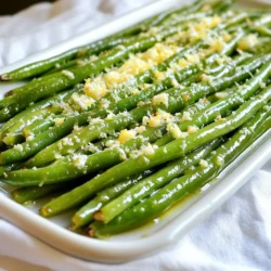 - 1 pound fresh green beans, trimmed - 4 cloves of garlic, minced - 2 tablespoons olive oil - ½ cup grated Parmesan cheese - 1 teaspoon lemon zest - Salt and pepper to taste - 1 teaspoon red pepper flakes (optional) You can swap fresh green beans for other veggies. Try asparagus or broccoli. If you have garlic powder, use it instead of minced garlic. You can also replace olive oil with melted butter for a richer taste. If you lack Parmesan, any hard cheese will work well. Nutritional yeast can replace cheese for a vegan option. One serving of Roasted Garlic Parmesan Green Beans offers great nutrition. Each serving has about 150 calories. It includes 5 grams of protein and 7 grams of fat. The dish is low in carbs, with around 10 grams per serving. Green beans are packed with vitamins and minerals, like vitamin C and fiber. This makes them a healthy choice for any meal. First, gather your ingredients. You will need: - 1 pound fresh green beans, trimmed - 4 cloves of garlic, minced - 2 tablespoons olive oil - ½ cup grated Parmesan cheese - 1 teaspoon lemon zest - Salt and pepper to taste - 1 teaspoon red pepper flakes (optional) Next, preheat your oven to 425°F (220°C). This step is key for a great roast. In a large bowl, combine the trimmed green beans, minced garlic, and olive oil. Toss well until the green beans shine with oil. This mix adds flavor and helps everything roast evenly. Now, spread the green beans out on a baking sheet in a single layer. It’s important that they don’t overlap. Sprinkle salt, pepper, and red pepper flakes over them for some heat if you like. Roast in the oven for 15-20 minutes. Stir the beans halfway through. This helps them cook evenly and get that nice, crisp texture. When they are tender and slightly crispy, take them out. Right away, sprinkle the grated Parmesan cheese and lemon zest over the hot green beans. Toss them together to coat. If you want the cheese to melt a bit, pop them back in the oven for 2-3 minutes. To get the best results, follow these tips: - Use a large baking sheet. A crowded sheet leads to steaming, not roasting. - Spread the beans in one layer. This ensures they cook evenly. - Stir halfway through. This helps all sides of the beans get that nice roast. - Watch the time. Every oven is different, so check them a few minutes early. These steps will help you make perfect roasted garlic Parmesan green beans every time! To get a great roasted garlic taste, use fresh garlic. Mince the garlic just before use. This keeps the flavor strong. Mix the minced garlic with olive oil and green beans. This helps the garlic roast well. Roasting garlic turns it sweet and mild. It adds a rich flavor to the dish. Make sure to spread the garlic evenly so every bite gets that great taste. Crisp green beans are a must. To achieve this, do not overcrowd the baking sheet. Spread the green beans in a single layer. This lets them roast evenly. Roast them at 425°F (220°C) to get that perfect texture. Stir them halfway through cooking. This helps them cook evenly and get crispy. Check them after 15 minutes. They should be tender but still crisp. Lemon zest gives a bright flavor to the green beans. Use a fresh lemon for the best taste. Grate the outer yellow peel, avoiding the white part. The white part can be bitter. Add the zest right after roasting. Toss it with the green beans and cheese. This will brighten the dish and make it pop. You can even add a squeeze of lemon juice for more flavor. {{image_2}} You can switch up the cheese to change the taste. Try using feta cheese for a salty kick. Goat cheese adds creaminess and tang. Cheddar gives a sharp flavor that blends well. Each cheese brings a new twist to this dish. Feel free to mix and match. Green beans taste great on their own, but you can add more veggies. Carrots bring a sweet crunch. Bell peppers add color and flavor. Zucchini is soft and complements the green beans well. Just chop them into similar sizes. Toss them in with the beans to roast together. You can change the spices to create new flavors. For a smoky taste, add smoked paprika. Italian herbs like oregano or basil work well too. If you love heat, try cayenne pepper instead of red pepper flakes. You can even add a squeeze of lime for a zesty touch. To keep your Roasted Garlic Parmesan Green Beans fresh, store them in an airtight container. Make sure they cool down before sealing the container. Place them in the fridge if you plan to eat them within three days. This helps maintain their flavor and crunch. Avoid stacking too many layers in the container, as this can cause sogginess. Reheating your green beans can bring back some of their original taste. For best results, use your oven. Preheat it to 350°F (175°C) and place the green beans on a baking sheet. Heat them for about 10-15 minutes. This helps keep them crisp. If you’re short on time, you can use a microwave. Just heat in short bursts, stirring in between, until warm. If you want to save your green beans for later, freezing is a great option. First, let them cool completely. Spread the green beans on a baking sheet in a single layer. Freeze them for about 2 hours. Once frozen, transfer them to a freezer bag. Make sure to squeeze out as much air as possible before sealing. They can last up to three months in the freezer. When you're ready to enjoy them, simply thaw in the fridge overnight and reheat as needed. Yes, you can use frozen green beans. They work well too. Just thaw them first. Pat them dry to remove excess water. This helps them roast better, keeping them crisp. You know the green beans are done when they are bright green and tender. They should have a slight crunch. Roast them for about 15 to 20 minutes. Stir them halfway to ensure even cooking. Roasted Garlic Parmesan Green Beans pair well with many dishes. Try them with grilled chicken or fish. They also go great with steak or pork chops. Serve them alongside rice or quinoa for a full meal. Roasting green beans with garlic and cheese is simple and fun. We covered key ingredients, like substitutions and nutrition. You learned step-by-step instructions for preparation and cooking. Tips helped you perfect flavor and crispiness. We explored variations with cheeses and veggies. Lastly, we discussed proper storage and reheating. Try these methods and enjoy delicious green beans. Your meals will be brighter and tastier!