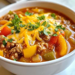 To make stuffed bell pepper soup, gather these simple ingredients: - 4 large bell peppers (any color), diced - 1 cup cooked rice (white or brown) - 1 pound ground turkey or beef - 1 medium onion, diced - 2 cloves garlic, minced - 1 can (15 oz) diced tomatoes - 4 cups vegetable or chicken broth - 1 teaspoon dried Italian seasoning - 1 teaspoon paprika - Salt and pepper to taste - 1 cup shredded cheese (cheddar or mozzarella) - Fresh parsley for garnish You can easily swap some ingredients if needed: - Use quinoa or cauliflower rice instead of regular rice for a low-carb option. - Ground chicken or pork can replace turkey or beef for a different flavor. - If you don’t have fresh garlic, garlic powder works well too. - For a vegetarian option, skip the meat and add more beans or lentils. Toppings can make your soup even better. Try these: - A sprinkle of shredded cheese adds creaminess. - Fresh parsley gives a nice color and fresh taste. - Sour cream or Greek yogurt can add a tangy flavor. - Crushed red pepper flakes for heat if you like spice. {{ingredient_image_1}} First, take a large pot and set it on medium heat. Add 1 pound of ground turkey or beef. Cook it for about 5 to 7 minutes. Use a wooden spoon to break the meat into small pieces. Keep stirring until it turns brown. This step adds a lot of flavor. Next, add 1 medium diced onion and 2 minced garlic cloves to the pot. Stir these in and cook for 3 to 4 minutes. You want the onion to turn soft and clear. Then, add 4 large diced bell peppers. Cook them for another 5 minutes. They will soften and mix well with the meat. Now, pour in 1 can of diced tomatoes and 4 cups of vegetable or chicken broth. Stir everything together. Add 1 cup of cooked rice, 1 teaspoon of dried Italian seasoning, and 1 teaspoon of paprika. Season with salt and pepper to taste. Bring the soup to a gentle simmer. Let it cook for about 20 minutes. This helps all the flavors blend together. If the soup is too thick, add more broth to reach your preferred consistency. To make your stuffed bell pepper soup sing, use fresh herbs. Try adding basil or oregano. These herbs give a fresh taste. You can also add a splash of hot sauce for heat. A squeeze of lemon juice adds brightness too. Always taste as you go, adjusting seasonings to your liking. A pinch of sugar can balance the acidity of tomatoes. For a great texture, cut your bell peppers into even pieces. This helps them cook evenly. Sauté them until they soften, but keep some crunch. If the soup is too thick, add extra broth. If it’s too thin, let it simmer longer to thicken. Use cooked rice for a nice bite. A common mistake is overcooking the meat. Cook it just until brown, then move on. Don’t skip sautéing the onion and garlic; they add depth. Avoid using old spices; fresh herbs and spices make a big difference. Lastly, don’t forget to adjust the seasoning after simmering. Taste the soup before serving! Pro Tips Choose Your Peppers: For a sweeter flavor, opt for red, yellow, or orange bell peppers. Green peppers will add a more bitter taste. Enhance the Flavor: Incorporate a splash of balsamic vinegar or a teaspoon of sugar to balance the acidity of the tomatoes. Make It Vegetarian: Substitute the ground turkey or beef with lentils or a meat alternative to create a delicious vegetarian version. Garnish for Freshness: Top the soup with a dollop of sour cream or Greek yogurt alongside the cheese for added creaminess and flavor. {{image_2}} You can make a tasty vegetarian version of this soup. Start by skipping the ground meat. Use 1 can of black beans instead. Add more diced bell peppers for a fresh taste. Include some corn for sweetness. You can use vegetable broth to keep it plant-based. Don't forget to add your favorite spices. This soup stays hearty, filling, and flavorful without meat. If you like heat, spice it up! Add a diced jalapeño or two when cooking the meat. You can also include some crushed red pepper flakes. This will give your soup a nice kick. A dash of hot sauce can also work wonders. Just remember to adjust the other spices. Balance is key for a delicious spicy soup. For a low-carb version, skip the rice. You can use riced cauliflower instead. It adds texture without the carbs. Feel free to add more veggies like zucchini or mushrooms. They enhance flavor and nutrition. Use low-sodium broth if you want to cut back on salt. This option stays satisfying while keeping carbs low. To store leftovers, let the soup cool first. Then, scoop it into an airtight container. Make sure to cover it well. Place the container in the fridge. It will stay fresh for about 3 to 4 days. If you want to keep it longer, consider freezing it. Always label the container with the date. This will help you track how long it’s been stored. When you are ready to enjoy the soup again, take it out of the fridge. Pour the soup into a pot. Heat it over medium heat. Stir it often, so it warms evenly. If the soup is too thick, add a splash of broth or water. You can also reheat it in the microwave. Just cover it with a microwave-safe lid. Heat in short bursts, stirring in between, until hot. To freeze the soup, use freezer-safe containers or bags. Leave some space at the top of the container for expansion. This helps prevent the container from cracking. It’s best to freeze the soup without cheese. When you reheat it later, you can add fresh cheese. The soup can last in the freezer for up to 3 months. Always remember to label the bags with the date. This way, you know what’s inside and when you put it there. Yes, you can use different types of meat. Ground turkey or beef works well. You can also try ground chicken or pork. If you prefer, you can make it meatless. Just add more veggies or use beans for protein. To store the soup, wait for it to cool. Pour it into an airtight container. It can stay in the fridge for up to five days. If you want to keep it longer, freeze it. In the freezer, it lasts for three months. Just thaw it overnight in the fridge before reheating. To add spice, include hot sauce or crushed red pepper. You can also use spicy sausage instead of ground meat. Adding diced jalapeños or chili powder will boost the heat too. Just adjust the amount to match your taste. In this blog post, I covered key ingredients for stuffed bell pepper soup. We explored substitutes, toppings, and step-by-step cooking instructions. You learned tips to boost flavor and find the best texture. I also shared variations and storage info to keep your soup fresh. Now, you're ready to make a tasty soup your way. Enjoy experimenting with flavors and find your perfect recipe!