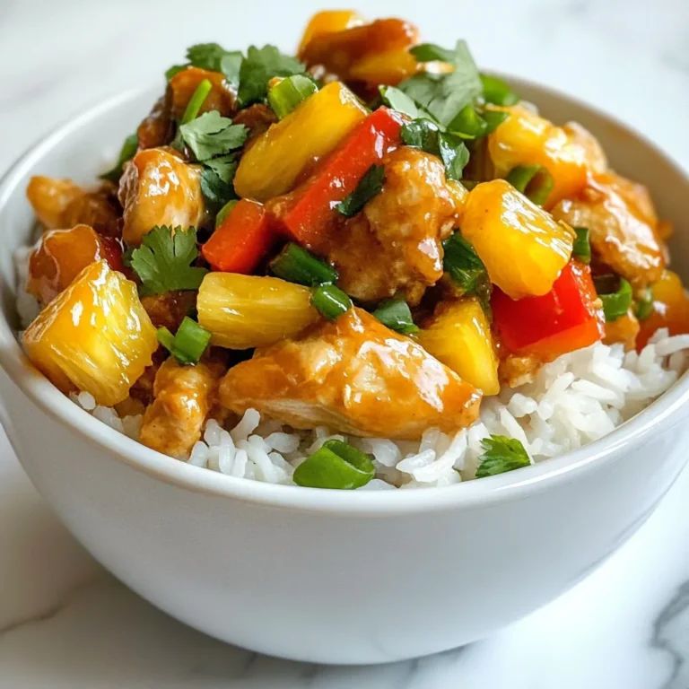 To make Pineapple Chicken and Rice, you will need these key items: - 2 cups cooked jasmine rice - 1 lb chicken breast, diced - 1 can (20 oz) pineapple chunks in juice (drained, reserve juice) - 1 red bell pepper, diced - 1 green bell pepper, diced - 1 medium onion, chopped - 3 cloves garlic, minced - 2 tablespoons soy sauce - 1 tablespoon ginger, grated - 1 tablespoon olive oil - 1 tablespoon honey - 1 teaspoon sesame oil - Salt and pepper to taste These ingredients create a bright dish that bursts with flavor. The chicken offers protein, while the pineapple adds sweetness. The bell peppers give crunch and color, and the rice ties it all together. To enhance your meal, consider these garnishes: - Fresh cilantro, chopped - Green onions, sliced - Extra pineapple chunks These toppings add freshness and a pop of color. They also add a nice touch when you serve the dish. If you have dietary needs, here are some swaps: - Use tofu instead of chicken for a vegetarian option. - Substitute brown rice for jasmine rice if you prefer whole grains. - Replace soy sauce with tamari for a gluten-free version. These substitutions make the dish inclusive for various diets while keeping it delicious. Feel free to mix and match based on what you like or what you have on hand! {{ingredient_image_1}} 1. Start by heating the olive oil in a large skillet over medium-high heat. 2. Add the diced chicken to the pan. Season with salt and pepper. Cook until browned, about 5-7 minutes. Remove the chicken and set aside. 3. In the same pan, add chopped onion, red bell pepper, green bell pepper, and minced garlic. Sauté for 3-4 minutes until soft. 4. Mix in the grated ginger and honey. Cook for 1-2 minutes more. 5. Return the cooked chicken to the pan. Add the drained pineapple chunks. 6. In a small bowl, combine the reserved pineapple juice, soy sauce, and sesame oil. Pour this over the chicken and veggies. Stir well and let it simmer for 3-5 minutes. 7. Gently fold in the cooked jasmine rice. Ensure it mixes well with the chicken and veggies. Cook for another 2 minutes until hot. 8. Taste the dish and adjust seasoning if needed. - Use fresh ginger for a brighter taste. - Try marinating the chicken in soy sauce for 30 minutes. This adds depth. - Add a splash of lime juice before serving to boost freshness. - Garnish with fresh cilantro or green onions for color and flavor. - Use pre-cooked chicken for a faster meal. Just heat it in the pan. - Buy canned pineapple chunks for convenience. They save time on prep. - Use frozen diced vegetables to cut down on chopping time. - Make a double batch to enjoy leftovers for lunch or dinner. To get tender chicken, cut it into small, even pieces. This helps it cook evenly. Cook the chicken over medium-high heat. This gives it a nice brown color. Don't overcrowd the pan; cook in batches if needed. This keeps the chicken juicy and prevents steaming. Use jasmine rice for a sticky, fragrant base. Rinse the rice under cold water to remove extra starch. This keeps the rice from being too sticky. Use a 1:1.5 rice-to-water ratio for perfect rice. After cooking, let the rice sit for five minutes to fluff it up. Add more vegetables like snap peas or carrots for extra color and crunch. You can also mix in some cashews for a nutty taste. If you like heat, try adding crushed red pepper flakes. For a tangy twist, add lime juice before serving. This brightens up the dish and adds depth. Pro Tips Marinate the Chicken: For an even deeper flavor, marinate the diced chicken in a mixture of soy sauce, ginger, and honey for at least 30 minutes before cooking. Use Fresh Pineapple: For the best flavor and texture, consider using fresh pineapple instead of canned. It will add a vibrant taste to your dish. Adjust Sweetness: If you prefer a sweeter dish, you can add more honey or even a dash of brown sugar to the sauce mixture. Add Crunch: For added texture, toss in some cashews or toasted sesame seeds before serving. {{image_2}} You can add fun flavors to Pineapple Chicken and Rice. Consider using mango for a sweet twist. Fresh jalapeños can bring some heat. You might also try adding coconut milk for a creamy texture. Each fruit change can make your dish unique and exciting! To make this dish vegetarian, swap chicken for tofu or tempeh. Use soy sauce and ginger for flavor. You can even add chickpeas for protein. For a vegan option, replace honey with maple syrup. This keeps the dish sweet without using animal products. If you want to save time, try the Instant Pot. Cook the rice and chicken together for a quick meal. You can also make a casserole version. Layer all ingredients in a baking dish and bake until hot. Both methods keep the flavors rich and delicious. After you enjoy your Pineapple Chicken and Rice, store leftovers right away. Use an airtight container to keep it fresh. Let it cool to room temperature before sealing. This helps avoid moisture build-up. Store in the fridge for up to three days. When you’re ready to eat again, reheating is simple. Use a microwave-safe dish. Add a splash of water or pineapple juice to keep it moist. Cover the dish with a lid or microwave-safe wrap. Heat in short bursts, stirring often. This way, the chicken and rice heat evenly. You can freeze Pineapple Chicken and Rice for later. Place it in a freezer-safe container. Make sure to leave some space for expansion. Label it with the date. It will last for about two to three months. To reheat, thaw it in the fridge overnight before warming it up. Pineapple chicken and rice can last for about 3 to 4 days in the fridge. Store it in an airtight container to keep it fresh. When you reheat it, ensure it is hot all the way through. This meal holds its flavor well, making it a great option for leftovers. Yes, you can use brown rice instead of jasmine rice. Brown rice has more fiber and a nuttier taste. It may take longer to cook, so adjust your cooking time. Make sure to follow the package instructions for the best results. Absolutely! Pineapple chicken and rice is perfect for meal prep. You can make a large batch and divide it into individual servings. This dish stores well and makes a quick meal during busy days. Just remember to keep it in the fridge or freezer, depending on when you plan to eat it. You can serve pineapple chicken and rice with several sides. Here are some tasty options: - Steamed broccoli - Mixed greens salad - Roasted vegetables - Spring rolls These sides add freshness and color to your meal. Enjoy! Pineapple Chicken and Rice is a tasty dish that's fun to make. We covered the main ingredients, preparation tips, and cooking steps to ensure success. I shared ways to customize the recipe for different diets and cooking methods. With proper storage and reheating tips, you'll enjoy leftovers too. Experimenting with flavors can elevate your dish, making it even more exciting. I hope you feel inspired to try new variations and share this meal with others. Enjoy your time cooking!