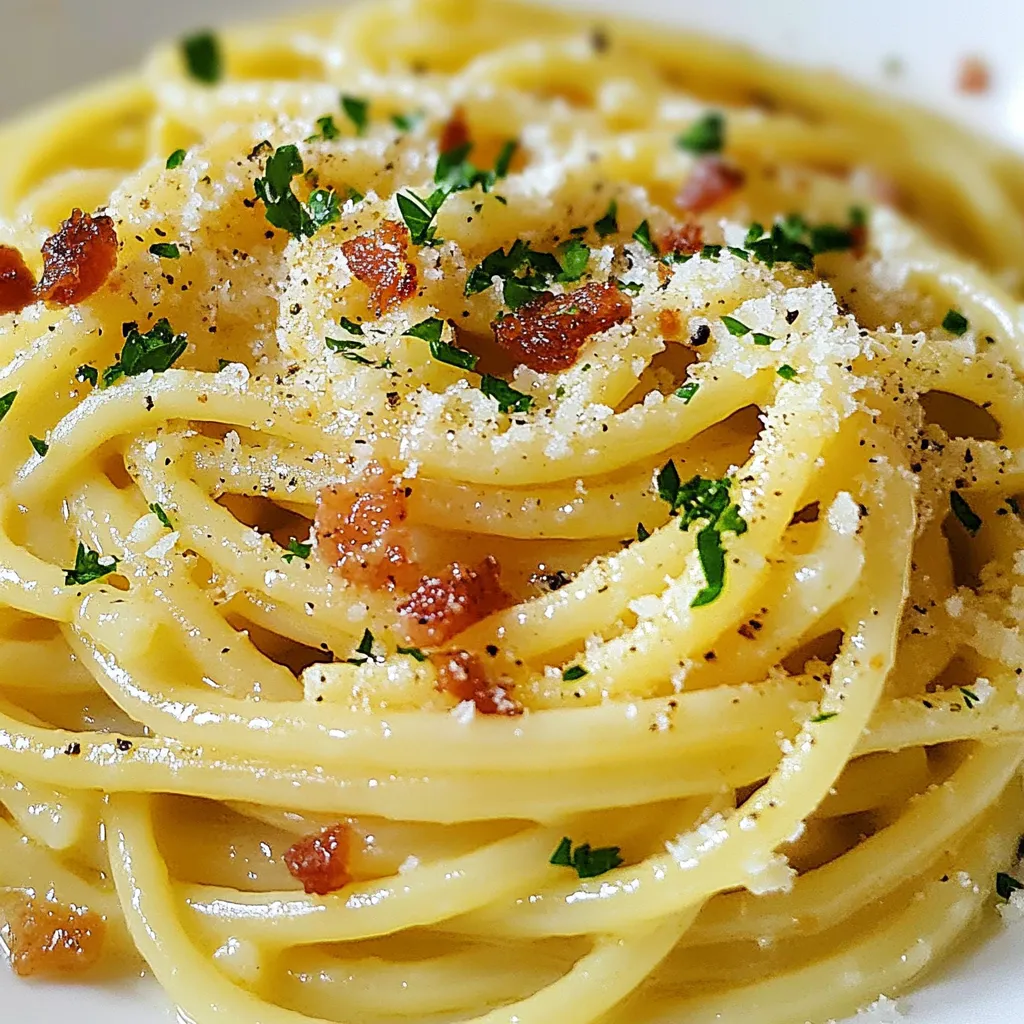 To create a creamy and dreamy Spaghetti Carbonara, gather these simple ingredients: - 400g spaghetti - 150g pancetta or turkey bacon, diced - 4 large eggs - 100g grated Parmesan cheese - 2 garlic cloves, minced - 1 teaspoon black pepper - 2 tablespoons olive oil - Salt to taste - Fresh parsley, chopped (for garnish) Choosing the right ingredients makes a big difference in your dish. Here are some tips: - Spaghetti: Look for high-quality, durum wheat pasta. It cooks well and holds sauce nicely. - Pancetta or Turkey Bacon: Choose fresh, quality cuts. If you want a lighter dish, turkey bacon is a good choice. - Eggs: Use large, fresh eggs. They add richness and creaminess to the sauce. - Parmesan Cheese: Grate it fresh from a block. Pre-grated cheese often lacks flavor. - Garlic: Fresh garlic gives a strong, pleasant taste. Avoid pre-minced garlic for best flavor. - Olive Oil: A good quality extra virgin olive oil adds depth. Use it to cook the pancetta or turkey bacon. You can easily adjust the recipe to fit dietary needs. Here are some options: - Pasta: Use gluten-free spaghetti for a gluten-free version. - Meat: For a vegetarian option, skip the pancetta or turkey bacon. Use mushrooms for a savory taste. - Cheese: Nutritional yeast can replace Parmesan for a vegan alternative. - Eggs: For an egg-free version, use a combination of silken tofu and a bit of turmeric for color. These substitutions keep the spirit of Carbonara while meeting different diets. Enjoy cooking! {{ingredient_image_1}} To make Spaghetti Carbonara, start by cooking the spaghetti. Boil water in a large pot and add salt. Follow the package directions for cooking time. Aim for al dente pasta, firm but not hard. Before draining, save one cup of pasta water. This water helps make the sauce creamy later. While the pasta cooks, heat olive oil in a large skillet over medium heat. Add diced pancetta or turkey bacon. Cook it until crispy, about 5 to 7 minutes. In the last minute, stir in minced garlic. You want the garlic to smell nice but not burn. Next, in a bowl, whisk together four large eggs, grated Parmesan cheese, and black pepper. Mix well until smooth and creamy. This mixture will give the dish its rich flavor. Once the pasta is ready, drain it quickly. Remove the skillet from heat. Add the drained spaghetti to the skillet, mixing it with the pancetta and garlic. This step is key for flavor. Quickly pour the egg and cheese mix over the hot pasta. Toss it fast to coat the spaghetti. The heat will cook the eggs gently. If the sauce seems thick, add a bit of the reserved pasta water. Mix until creamy. The creaminess of the sauce comes from how you mix the eggs and cheese with the pasta. Always do this off the heat. It prevents the eggs from scrambling. Toss vigorously to ensure all the pasta gets coated. If you find the sauce is still not creamy enough, slowly add more reserved pasta water. This will help loosen it up. Also, use fresh, high-quality Parmesan cheese. It melts better and adds more flavor. One common mistake is cooking the eggs too fast. Always mix them with the pasta off the heat. Another mistake is not saving enough pasta water. This water is crucial for a smooth sauce. Also, avoid using cream. Traditional Carbonara does not use cream. It relies on the egg and cheese for creaminess. Lastly, don’t forget to toss everything well. This step ensures every bite is delicious. To make your spaghetti carbonara pop, use high-quality pancetta or turkey bacon. The fat gives great flavor. Add more black pepper for a kick. Freshly grated Parmesan cheese melts better than pre-grated. Trust me, it makes a difference! If you like garlic, try adding a bit more. It brightens the dish and makes it aromatic. Always cook your spaghetti until al dente. This means it should be firm to the bite. Use plenty of salt in your boiling water. It helps season the pasta from the start. Save some pasta water before draining. This starchy water helps create a creamy sauce. Add it slowly to reach the desired consistency. Toss the pasta well with the sauce to coat every strand. For sides, a simple green salad works great. The freshness balances the creamy pasta. You can also serve garlic bread for added crunch. If you enjoy wine, pair it with a crisp white. A Pinot Grigio or Sauvignon Blanc complements the dish well. Both options enhance the flavors without overpowering them. Pro Tips Use Fresh Ingredients: Always opt for fresh eggs and high-quality Parmesan cheese for the best flavor and creaminess in your carbonara. Control the Heat: Make sure to remove the skillet from the heat before adding the egg mixture to prevent scrambling the eggs. Pasta Water is Key: The reserved pasta water contains starch, which helps to thicken and emulsify the sauce, ensuring a smooth and creamy texture. Garnish Wisely: Enhance the dish with freshly chopped parsley and an extra sprinkle of Parmesan cheese for added flavor and visual appeal. {{image_2}} Traditional Spaghetti Carbonara uses simple ingredients. The classic recipe calls for spaghetti, eggs, cheese, guanciale, and black pepper. Guanciale is pork cheek, giving a unique flavor. Modern cooks often swap guanciale for pancetta or turkey bacon. This change makes it easier to find ingredients. Some even add cream for extra richness, but that strays from tradition. The debate continues about what makes the best Carbonara. Each version brings its own charm. If you want a vegetarian version, skip the meat. You can use mushrooms to add a hearty texture. Sauté them until golden brown for great flavor. For a vegan option, use a plant-based cream and nutritional yeast. This gives a cheesy taste without dairy. You can also try tofu or tempeh for protein. Both options work well in the dish. Experiment to find the flavor you love best. Spaghetti Carbonara is open to flavor twists. You can add red pepper flakes for heat. It gives a nice kick to the creamy sauce. Fresh herbs like basil or thyme can brighten the dish. You can also sprinkle some lemon zest for a fresh note. Want more depth? Try smoked paprika or sun-dried tomatoes. These additions can really change the profile. The key is to find what makes your palate happy. To store leftover Spaghetti Carbonara, first let it cool to room temperature. Then, place it in an airtight container. It should stay fresh in the fridge for up to three days. If you want to keep it longer, consider freezing it. When you reheat Spaghetti Carbonara, add a splash of reserved pasta water. This helps restore the creamy sauce. Warm it gently on the stove over low heat. Stir often for even heating. You can also use the microwave, but do so in short bursts. Check it frequently. If you decide to freeze your Spaghetti Carbonara, keep in mind the texture may change. Place it in a freezer-safe container, leaving some space for expansion. It can last up to three months in the freezer. When ready to eat, thaw in the fridge overnight before reheating. Spaghetti Carbonara comes from Italy, mainly the Lazio region. It has roots in Roman cooking. Many believe it started in the mid-20th century. Some say it was made for coal miners, known as "carbonari." The dish features simple ingredients, often found in Italian homes. The focus is on flavors that come together well. Yes, you can use other pasta types for Carbonara. While spaghetti is classic, you can try fettuccine, bucatini, or penne. Each pasta shape offers a unique texture. Choose what you like best or what you have on hand. Just remember to cook it until al dente, just like with spaghetti. You can make a creamy Carbonara without eggs using heavy cream. Start by cooking your pasta as usual. In a skillet, cook pancetta or turkey bacon until crispy. Add minced garlic for flavor. Then, mix heavy cream with grated cheese. Toss this with your cooked pasta and bacon. Season with black pepper and salt to taste. You’ll still enjoy a rich, creamy sauce! In this post, we explored making Spaghetti Carbonara. We covered all ingredients, tips for quality, and substitutes for dietary needs. I shared easy step-by-step cooking methods and highlighted key steps for a creamy sauce. We also discussed common mistakes to avoid. Don’t forget my tips for enhancing flavor and perfect texture. You can try different variations and even store leftovers correctly. This dish is fun to make and easy to personalize. Enjoy creating your perfect Carbonara at home!