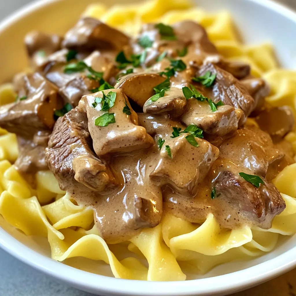 - 1 lb beef stew meat - 2 tablespoons vegetable oil - 1 medium onion, finely chopped - 3 cloves garlic, minced - 8 oz mushrooms, sliced To make a great beef stroganoff, you need some key ingredients. The beef stew meat is the star of this dish. Cut it into small, bite-sized pieces. This helps it cook evenly. Next, you'll want vegetable oil to sear the beef. It adds flavor and color. Onions, garlic, and mushrooms are your aromatics. They bring depth to the dish and make it smell amazing. - 1 cup beef broth - 1 tablespoon Worcestershire sauce - 1 teaspoon Dijon mustard - 1 teaspoon dried thyme - Salt and pepper to taste For flavor, beef broth is essential. It adds richness. Worcestershire sauce gives a tangy kick. Dijon mustard adds a bit of zest. Dried thyme adds an earthy note. Don't forget salt and pepper! They balance all the flavors. - 1 cup sour cream - 8 oz egg noodles - Fresh parsley for garnish To finish, you need sour cream. It makes the sauce creamy and smooth. Egg noodles are the perfect base for the beef. They soak up the sauce well. Lastly, fresh parsley adds a pop of color and freshness on top. Enjoy your delicious meal! {{ingredient_image_1}} 1. Searing the beef in the Instant Pot: Set your Instant Pot to 'Sauté' mode. Add 2 tablespoons of vegetable oil and let it heat up. Once hot, add 1 pound of beef stew meat, cut into bite-sized pieces. Season with salt and pepper. Sear the beef for about 4-5 minutes until browned on all sides. This step builds flavor. 2. Removing the beef to sauté aromatics: Once the beef is browned, remove it from the pot. Place it on a plate and set it aside. This will keep it juicy while we cook the aromatics. 1. Sautéing onions, garlic, and mushrooms: In the same pot, add 1 medium onion, finely chopped. Sauté for 2-3 minutes until the onion is soft. Next, add 3 cloves of minced garlic and 8 ounces of sliced mushrooms. Cook for another 2-3 minutes until the mushrooms are tender. This step adds depth to the dish. 2. Adding liquids and beef back to the pot: Pour in 1 cup of beef broth, scraping up any browned bits from the bottom of the pot. Stir in 1 tablespoon of Worcestershire sauce, 1 teaspoon of Dijon mustard, and 1 teaspoon of dried thyme. Return the beef to the pot and stir to combine everything well. 1. Sealing the Instant Pot and setting timer: Close the Instant Pot lid and make sure the vent is sealed. Select 'Manual' or 'Pressure Cook' mode. Set the timer for 15 minutes on high pressure. 2. Natural and quick pressure release methods: Once the timer goes off, let the pressure release naturally for about 5 minutes. Then, switch to quick release to let out the remaining pressure. This helps keep the meat tender and juicy. Searing the beef is key to great flavor. Browning the meat adds depth. It creates a rich base for your sauce. If you overcrowd the pot, the beef will steam instead. Work in batches if needed. This way, each piece gets a nice crust. To thicken the sauce, flour works well. Mix it with sour cream first for a smooth blend. If you want a creamier sauce, try adding more sour cream. You can also use cornstarch mixed with water for a gluten-free option. Adjust to your taste, and keep it silky. Season your beef well with salt and pepper. Don’t be shy! Fresh herbs like parsley can brighten the dish. Add them just before serving. They give a pop of color and taste. You can also try a splash of lemon juice for a zesty twist. Pro Tips Use Quality Beef: Choose a good cut of beef, like chuck roast, for a more tender and flavorful stroganoff. Don’t Skip the Searing: Searing the beef adds depth and richness to the dish, enhancing the overall flavor. Add Fresh Herbs: Experiment with fresh thyme or parsley for a burst of freshness and added flavor. Adjust Creaminess: For a richer sauce, consider adding a splash of heavy cream in addition to the sour cream. {{image_2}} You can use chicken or pork if you want a twist. Just make sure to adjust cooking times. Chicken cooks faster, so keep an eye on it. For pork, use tender cuts like pork loin. If you prefer plant-based meals, try mushrooms or lentils. Both add great flavor and texture. You can also use tofu for a protein boost. This dish is great for adding extra veggies. You can toss in peas, carrots, or even bell peppers. These add color and nutrients. Try using different mushroom types too. Shiitake or portobello can give a richer taste. Feel free to mix and match to suit your taste. Egg noodles are classic, but you can swap them for gluten-free pasta. This makes it accessible for those with dietary needs. You could also serve it over rice or mashed potatoes. Both will soak up the creamy sauce nicely. Serve it how you like for a personalized touch! To store beef stroganoff, let it cool first. Use an airtight container. Make sure to seal it well. Place it in the fridge. Beef stroganoff is best eaten within 3 to 4 days. If you want to keep it longer, freezing is a good option. You can reheat beef stroganoff in two ways: the microwave or the stove. For the microwave, place it in a bowl and cover it. Heat it for 1 to 2 minutes, stirring halfway through. On the stove, warm it in a pot over low heat. Stir it often to keep it creamy. If it looks too thick, add a splash of beef broth or water. To freeze beef stroganoff, let it cool completely. Transfer it into a freezer-safe container. Leave some space at the top for expansion. It can last for up to 3 months in the freezer. When you want to eat it, thaw it in the fridge overnight. Reheat it using the stove for the best results. Yes, you can. You can use a stovetop or slow cooker. For stovetop, brown the beef in a large pot. Sauté the onions, garlic, and mushrooms next. Add the broth and seasonings, then simmer. Cook until the beef is tender. If you prefer a slow cooker, sear the beef first. Then, mix all ingredients in the slow cooker. Cook on low for 6-8 hours or high for 3-4 hours. You can swap some ingredients for lighter ones. Use lean beef cuts like sirloin instead of stew meat. Choose low-fat sour cream or Greek yogurt for a healthier cream base. You can also add more veggies, like spinach or zucchini, to boost nutrition. Another idea is to use whole grain egg noodles for more fiber. If you want a dairy alternative, try unsweetened cashew cream or coconut yogurt. For a lighter option, Greek yogurt works well too. You can also mix cream cheese with a little milk to get a similar texture. Each option brings a unique flavor to your dish, so choose what fits your taste best. You now have everything to make a delicious beef stroganoff. We covered the key ingredients, from the beef to the toppings. I shared simple steps for cooking in an Instant Pot. You can try tips to make your dish better and even explore variations for other proteins. Remember, the joy of cooking lies in sharing. Store leftovers well and enjoy them later. With these guidelines, you can create a meal that warms the heart and brings smiles. Happy cooking!