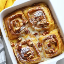To make this delightful Cinnamon Roll French Toast Bake, gather these ingredients: - 2 cans of refrigerated cinnamon roll dough (with icing) - 4 large eggs - 1 cup milk - 1 teaspoon vanilla extract - 1 teaspoon ground cinnamon - 1/2 teaspoon nutmeg - 1/4 cup maple syrup - 1/2 cup chopped pecans (optional) - Powdered sugar (for dusting) You can add some extra flavor or texture with these optional ingredients: - Chopped pecans for a nutty crunch. - Fresh fruit like berries or banana slices for a fruity touch. If you need to swap some items, here are good options: - Use almond milk or oat milk instead of regular milk. - Try brown sugar instead of maple syrup for a richer taste. - Substitute ground cinnamon with pumpkin spice for a fall twist. - Use egg substitutes like flaxseed meal or applesauce for a vegan option. {{ingredient_image_1}} First, you need to warm up your oven to 350°F (175°C). This step is very important. While the oven heats, grab a 9x13 inch baking dish. You can use cooking spray or butter to grease it well. This will help the cinnamon roll bake come out easily. Now, let’s make the egg mixture. In a large bowl, crack open four large eggs. Next, add one cup of milk. Then, pour in one teaspoon of vanilla extract. This adds great flavor. After that, sprinkle in one teaspoon of ground cinnamon and half a teaspoon of nutmeg. These spices will make your dish smell amazing. Finally, add a quarter cup of maple syrup. Whisk all these ingredients together until they are well mixed. Take the two cans of cinnamon roll dough and open them up. Cut each roll into four pieces. Place these pieces in the greased baking dish. Spread them out evenly. Then, pour the egg mixture over the cinnamon roll pieces. Make sure to cover them well. Press down gently to soak all the pieces. If you like, sprinkle half a cup of chopped pecans on top for a nice crunch. Now, it’s ready to bake! Pop it in the oven for 25 to 30 minutes. Watch for it to puff up and turn golden brown. To get the best texture, use fresh cinnamon roll dough. I recommend using refrigerated dough for a soft and fluffy bake. Make sure to cut each roll into quarters. This helps them soak up the egg mixture better. Press the pieces down gently after pouring the egg mix. This ensures even soaking. Bake until puffed and golden brown, about 25-30 minutes. Keep an eye on the time. You want a soft center, not a dry one. Serve this dish warm for the best taste. I love to drizzle the warm icing on top. It adds sweetness and makes it look great. Dust powdered sugar over the top for a nice finish. You can also add fresh fruit like berries or banana slices. Chopped pecans add crunch and flavor. Set out extra syrup for those who want it sweeter. To reheat, place the leftover cinnamon roll bake in the oven. Set it to 350°F (175°C) and warm for about 10-15 minutes. Cover it with foil to keep it soft. You can also use a microwave. Heat in short bursts, about 20 seconds at a time. This keeps it moist without drying out. Enjoy your tasty treat again, just like fresh! Pro Tips Use Fresh Ingredients: Always check the expiration date on your cinnamon roll dough for the best flavor and texture. Customize Your Flavors: Feel free to add in other spices like ginger or cardamom for a unique twist on the traditional cinnamon flavor. Perfect Soaking: Allow the cinnamon roll pieces to soak in the egg mixture for at least 10 minutes before baking to ensure a custardy texture. Serve Immediately: This dish is best enjoyed warm right out of the oven, so serve it fresh for the ultimate experience! {{image_2}} You can change the flavor of your cinnamon roll French toast bake. Adding nuts or fruit makes it special. For a nutty twist, add 1/2 cup of chopped pecans or walnuts. The crunch adds texture. You can also mix in fruits. Try sliced bananas or fresh berries. They add sweetness and moisture. Toss in the fruit before pouring the egg mixture. This way, the fruit cooks well in the bake. Make your bake festive for holidays! For a pumpkin spice flavor, mix in 1/2 cup of pumpkin puree. Add 1 teaspoon of pumpkin pie spice to the egg mixture. This gives it a warm, cozy taste. For Christmas, add a pinch of peppermint extract. Use crushed candy canes as a topping after baking. These small changes will make it feel like a holiday treat. You can make this dish vegan or dairy-free with simple swaps. Use plant-based milk like almond or oat milk instead of dairy milk. Replace eggs with 1/2 cup of unsweetened applesauce or flax eggs. For flax eggs, mix 1 tablespoon of flaxseed meal with 2.5 tablespoons of water and let it sit for 5 minutes. Use dairy-free cinnamon rolls if you want to keep it fully vegan. Your bake will still taste great! To store leftovers, let the bake cool first. Place it in an airtight container. You can keep it in the fridge for up to three days. Make sure to cover it well to prevent it from drying out. If you have extra icing, store that in a separate container. You can freeze this bake too! First, let it cool completely. Cut it into squares to make it easier to thaw. Wrap each piece in plastic wrap, then place them in a freezer bag. Label the bag with the date. It will last for about three months in the freezer. To reheat, take a piece out of the fridge or freezer. If it's frozen, let it thaw overnight in the fridge. Preheat your oven to 350°F (175°C). Place the piece in a baking dish and cover it with foil. Heat for about 15-20 minutes. If you want, warm up the icing in the microwave before serving. This will make it nice and gooey! Yes, you can use homemade cinnamon rolls. Just make sure they are soft and fluffy. Cut them into quarters like the canned ones. This will help them soak up the egg mixture well. Homemade rolls add a personal touch to the dish. They can also boost the flavor with your unique spice mix or icing. You can tell the bake is done by looking for a golden-brown color. The rolls should puff up nicely. A toothpick inserted in the center should come out clean or with a few moist crumbs. If it comes out wet, let it bake a bit longer. Keep an eye on it after 25 minutes to avoid burning. Yes, you can prepare the dish a day ahead. Follow the steps until you pour the egg mixture over the rolls. Cover it tightly with plastic wrap and place it in the fridge. The next morning, remove it from the fridge and bake it as directed. This saves time and makes breakfast easy! In this post, we covered cinnamon roll bake ingredients, instructions, tips, and variations. I shared how to make this dish easy and tasty, no matter your preference. Always remember, utilizing substitutions can help make it your own. Don't forget to store leftovers properly to enjoy later. Whether you try a nutty twist or a holiday version, I hope you feel inspired. This dish is fun to make and share with others. Remember, the best recipes bring joy to your table!