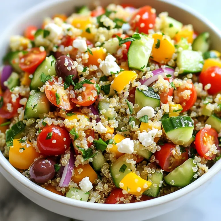 To make a tasty Mediterranean quinoa salad, gather these fresh ingredients: - 1 cup quinoa, rinsed - 2 cups vegetable broth or water - 1 cup cherry tomatoes, halved - 1 cucumber, diced - 1 bell pepper (red or yellow), diced - 1/2 red onion, finely chopped - 1 cup chickpeas, drained and rinsed - 1/2 cup feta cheese, crumbled - 1/4 cup kalamata olives, pitted and sliced - 1/4 cup fresh parsley, chopped - 1/4 cup olive oil - 2 tablespoons lemon juice - 1 teaspoon dried oregano - Salt and pepper to taste You will need a few tools to help you make this salad: - Medium saucepan - Large mixing bowl - Small bowl for dressing - Fork for fluffing quinoa - Whisk for mixing dressing - Measuring cups and spoons These tools help you cook and mix the salad with ease. Mediterranean quinoa salad offers many health benefits. Here’s what you get per serving: - High in protein from quinoa and chickpeas - Rich in vitamins from fresh veggies - Healthy fats from olive oil and feta cheese - Good fiber content for digestion This salad is not only delicious but also a great choice for a healthy meal. Enjoy! {{ingredient_image_1}} First, get your medium saucepan out. Pour in 2 cups of vegetable broth or water. Heat it until it boils. Once it boils, add 1 cup of rinsed quinoa. Turn the heat low and cover the pot. Let it simmer for about 15 minutes. After that, check if all the liquid is gone. If it is, take it off the heat. Let it sit covered for 5 minutes. Fluff the quinoa with a fork and let it cool down. While the quinoa cools, wash and cut your veggies. Start with 1 cup of cherry tomatoes. Cut them in half. Next, take 1 cucumber and dice it. Choose a bell pepper, either red or yellow, and dice it too. Take 1/2 red onion and chop it finely. Rinse and drain 1 cup of chickpeas. You will also need 1/4 cup of kalamata olives. Slice them up. Finally, chop 1/4 cup of fresh parsley. Now, grab a large mixing bowl. Add the cooled quinoa first. Then, mix in the cherry tomatoes, cucumber, bell pepper, red onion, chickpeas, feta cheese, kalamata olives, and parsley. In a small bowl, whisk together 1/4 cup of olive oil, 2 tablespoons of lemon juice, 1 teaspoon of dried oregano, and some salt and pepper. Pour this dressing over the salad. Toss gently to combine everything well. Taste the salad and adjust the seasoning if needed. Let it sit in the fridge for at least 30 minutes. This helps the flavors blend nicely! To cook quinoa, start by rinsing it well. This removes bitterness. Use a medium saucepan and boil 2 cups of broth or water. Once boiling, add 1 cup of rinsed quinoa. Lower the heat, cover, and let it simmer for 15 minutes. After 15 minutes, turn off the heat. Let the quinoa sit for 5 minutes while covered. Fluff it with a fork before using. This method gives you light and fluffy quinoa. Fresh herbs can make your quinoa salad pop! I love using parsley, but you can also try basil or mint. Chop the herbs finely and mix them into the salad. Fresh herbs add color and a fresh taste. They make every bite exciting. If you want a stronger flavor, add more herbs to suit your taste. Just remember, balance is key. The dressing is important for flavor. A simple mix of olive oil, lemon juice, salt, and pepper works great. For a twist, add garlic or mustard. You can also use balsamic vinegar for a sweeter taste. Whisk the dressing in a bowl before adding it to the salad. This helps mix the flavors well. Pour it over the salad and toss gently. Let it sit for 30 minutes in the fridge. This waiting time lets the flavors blend beautifully. Pro Tips Rinse Your Quinoa: Rinsing quinoa before cooking removes its natural coating, called saponin, which can give it a bitter taste. Chill for Flavor: Allowing the salad to chill in the refrigerator for at least 30 minutes helps the flavors meld together beautifully. Fresh Herbs are Key: Using fresh parsley (or even mint) will elevate the dish with vibrant flavors compared to dried herbs. Customizable Ingredients: Feel free to add or substitute ingredients like avocado or spinach based on your preferences or seasonal availability. {{image_2}} You can boost the protein in your Mediterranean quinoa salad. Here are some great options: - Grilled Chicken: Add diced grilled chicken for a hearty meal. - Shrimp: Cook shrimp in lemon juice and garlic for a seafood twist. - Tofu: Marinate firm tofu and grill it for a vegan protein source. These additions will make your salad filling and tasty. This salad is naturally vegan and gluten-free. Quinoa is gluten-free, so it's safe for those with gluten issues. To keep it vegan: - Omit feta cheese or use a plant-based cheese. - Replace honey with maple syrup if you want to sweeten the dressing. These swaps ensure everyone can enjoy this dish. You can change the veggies based on what’s fresh. Here are some ideas: - Spring: Use asparagus and radishes for a crisp bite. - Summer: Try zucchini and corn for a sweet flavor. - Fall: Add roasted butternut squash for warmth. - Winter: Use kale or spinach for a hearty feel. These swaps keep the salad exciting and fresh all year round. When you have leftover Mediterranean quinoa salad, store it right. Use an airtight container. This keeps the salad fresh and tasty. Always cool the salad to room temperature before sealing it up. If your salad has warm ingredients, it can create steam. This makes the salad soggy and less appealing. To enjoy your salad longer, try these tips. Store the salad in the fridge. It’s best if you eat it within three days. If you add dressing, it can make the salad mushy. For longer freshness, keep the dressing separate. This way, you can mix it just before eating. The shelf life of your Mediterranean quinoa salad depends on its parts. Here’s a quick guide: - Quinoa: Cooked quinoa lasts about 4-5 days in the fridge. - Vegetables: Fresh veggies like cucumber and tomatoes last about 2-3 days. - Chickpeas: Cooked chickpeas are good for 3-5 days. - Feta Cheese: Crumbled feta stays fresh for 5-7 days. - Dressing: Homemade dressing lasts about a week. Knowing these times helps you enjoy your salad at its best! To make Mediterranean Quinoa Salad vegan, you can skip the feta cheese. Use a plant-based cheese or simply leave it out. For added creaminess, try adding avocado. You can also boost flavors with extra herbs or spices. Yes, you can prepare Mediterranean Quinoa Salad ahead of time. It actually tastes better after sitting. Make it a few hours or a day in advance. Just store it in the fridge. This allows the flavors to mix and deepen. Quinoa is a superfood packed with protein and fiber. It is gluten-free and rich in vitamins. Eating quinoa can help you feel full longer. It also supports digestion and heart health. Plus, it has all nine essential amino acids. In this post, we explored how to make a tasty Mediterranean quinoa salad. We covered key ingredients, cooking steps, and useful tips for the best results. I shared ways to add protein and make the dish vegan or gluten-free. Proper storage helps keep your salad fresh longer. Remember, quinoa is not only healthy but also versatile. This dish can fit into any meal plan with its easy adjustments. Enjoy creating your own versions and make it your favorite salad!