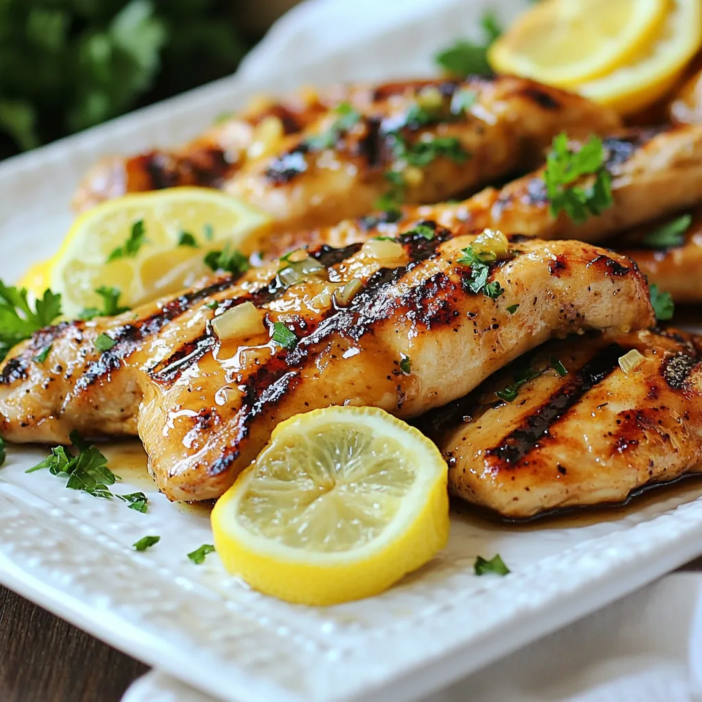 To make Honey Lemon Garlic Chicken, gather these ingredients: - 4 boneless, skinless chicken breasts - 1/4 cup honey - 1/4 cup fresh lemon juice - 4 cloves garlic, minced - 1 tablespoon soy sauce - 1 tablespoon olive oil - 1 teaspoon dried thyme - Salt and pepper to taste - Fresh parsley, chopped, for garnish - Lemon slices, for garnish Using quality ingredients is key. Fresh chicken makes a big difference in taste and texture. Choose honey that is pure and local if possible. Fresh lemon juice gives a bright flavor that bottled juice cannot match. Fresh garlic has a stronger taste than dried or jarred versions. The soy sauce adds depth, so pick a good brand. Finally, fresh herbs like parsley enhance the dish's look and flavor. If you need substitutions, here are a few ideas: - You can use bone-in chicken if you prefer. Just adjust the cooking time. - Maple syrup can replace honey for a different sweetness. - Lime juice works well instead of lemon juice for a twist. - Coconut aminos can substitute soy sauce for a gluten-free option. - For a stronger flavor, use shallots in place of garlic. {{ingredient_image_1}} To start, grab a mixing bowl. In this bowl, whisk together the following: - 1/4 cup honey - 1/4 cup fresh lemon juice - 4 cloves garlic, minced - 1 tablespoon soy sauce - 1 tablespoon olive oil - 1 teaspoon dried thyme - Salt and pepper to taste Mix these well until you see a smooth blend. This marinade brings a sweet and tangy flavor to the chicken. Next, take 4 boneless, skinless chicken breasts. Place them in a resealable plastic bag or a shallow dish. Pour the marinade over the chicken. Make sure every piece gets well coated. Seal the bag or cover the dish. Now, let it sit in the fridge for at least 30 minutes. You can marinate for up to 2 hours for even better taste. Now it’s time to cook! Preheat your grill or a skillet over medium-high heat. If you choose a skillet, add a little olive oil to keep the chicken from sticking. Remove the chicken from the marinade and let the excess drip off. Keep the leftover marinade for basting later. If grilling, cook the chicken for about 6-7 minutes on each side. Look for a nice char and check that it reaches an internal temperature of 165°F (75°C). If using a skillet, follow the same timing. During the last few minutes, baste the chicken with the reserved marinade for added flavor. Once cooked, take the chicken off the heat and let it rest for 5 minutes. This helps keep it juicy. When ready, serve it with chopped parsley and lemon slices for a bright finish. To get a great char, start with a hot grill or skillet. The heat helps the chicken cook evenly. Make sure to let the chicken rest on the grill. This keeps the juices inside and helps form a nice crust. If you cook the chicken too fast, it may dry out. Always cook until the internal temperature hits 165°F (75°C) for safety and taste. Use a meat thermometer for the best results. Marinating is key for flavor. I recommend marinating the chicken for at least 30 minutes. If you have more time, let it sit for up to 2 hours. This gives the chicken a deeper taste. The honey and lemon juice will soak in, making it sweet and tangy. If you marinate too long, the lemon juice can make the chicken mushy. Keep an eye on the time! Let the chicken rest for about 5 minutes after cooking. This helps the juices settle, making each bite juicy. When serving, sprinkle fresh parsley on top for color. Add lemon slices on the side for a nice touch. This dish pairs well with rice or veggies. Enjoy your delicious and flavorful meal! Pro Tips Marinate Longer for More Flavor: For the best flavor, marinate the chicken for at least 2 hours. If time allows, marinating overnight will intensify the sweet and tangy notes of the honey and lemon. Check Temperature: Use a meat thermometer to ensure the chicken reaches an internal temperature of 165°F (75°C) for safe eating. This guarantees juicy, perfectly cooked chicken without overcooking. Baste for Extra Taste: Reserve some of the marinade for basting towards the end of cooking. This adds an extra layer of flavor and keeps the chicken moist. Let It Rest: Allow the chicken to rest for at least 5 minutes after cooking. This helps redistribute the juices, resulting in a more succulent final dish. {{image_2}} You can switch up the flavor of Honey Lemon Garlic Chicken by using different herbs. For a fresh twist, try rosemary or basil. These herbs add a nice touch. If you want heat, add some red pepper flakes. They bring a warm kick to the dish. You can also mix in some cumin for an earthy flavor. Each herb or spice changes the taste and makes it unique. You don’t have to grill or use a skillet. Baking the chicken is easy and healthy. Preheat your oven to 400°F (200°C). Place the marinated chicken on a baking sheet lined with parchment paper. Bake for 20-25 minutes or until the chicken reaches 165°F (75°C). Air frying is another great option. Set your air fryer to 375°F (190°C). Cook for 12-15 minutes, flipping halfway through. Both methods keep the chicken juicy and tender. To make a full meal, pair Honey Lemon Garlic Chicken with tasty sides. Steamed broccoli or green beans add great color and nutrition. You can also serve it with rice or quinoa to soak up the extra sauce. A simple salad with lemon vinaigrette complements the chicken's flavors nicely. These sides balance the meal and make it feel complete. After enjoying your Honey Lemon Garlic Chicken, store leftovers in an airtight container. Make sure the chicken is cool before sealing it. This helps keep the chicken fresh. You can keep it in the fridge for up to three days. If you want to keep it for longer, freezing is a great option. When you’re ready to enjoy your leftovers, reheating correctly is key. You can use a microwave, skillet, or oven. If using a microwave, place the chicken on a microwave-safe plate and cover it. Heat on medium power for about 1-2 minutes. In a skillet, add a bit of oil and heat over medium heat. Cook for about 3-5 minutes, turning occasionally. The oven method is great too. Preheat to 350°F (175°C) and bake for about 10-15 minutes. For longer storage, freezing is perfect. Place the chicken in a freezer-safe bag or container. Squeeze out excess air to prevent freezer burn. Label the container with the date. Your Honey Lemon Garlic Chicken can last up to three months in the freezer. When you're ready to eat it, thaw it in the fridge overnight. Then, reheat it as mentioned above. Enjoy your meal! Yes, you can use bone-in chicken. Bone-in chicken adds rich flavor. It may take longer to cook. Adjust your cooking time to about 10-12 minutes per side. Always check that the internal temperature reaches 165°F (75°C). You can use maple syrup or agave nectar. Both are great substitutes. They add sweetness without using honey. You can also try stevia or a sugar-free syrup for fewer calories. You can refrigerate the marinade for up to 2 hours. This time allows the flavors to soak into the chicken. If you marinate longer than 2 hours, the chicken may start to break down. Keep an eye on it for the best taste. This blog post covered how to make Honey Lemon Garlic Chicken. We discussed key ingredients, their quality, and useful substitutions. I shared step-by-step instructions for marinating and cooking. Tips were included for perfecting flavor and serving. We also explored variations for different tastes and storage tips for leftovers. In the kitchen, using good ingredients and technique makes a big difference. Enjoy experimenting with this tasty recipe!
