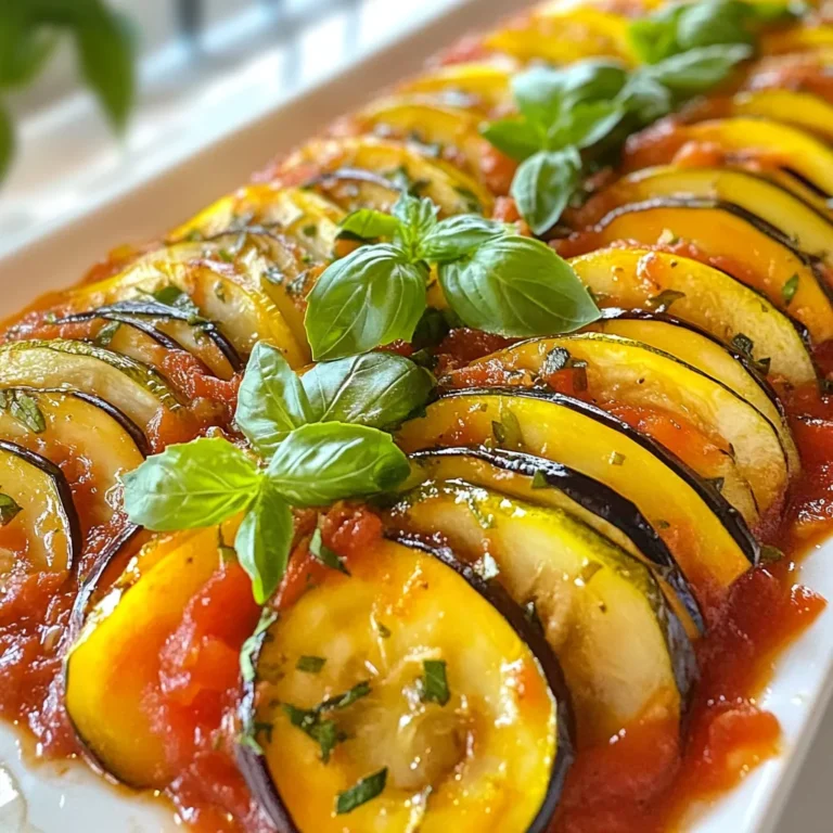 - 1 medium eggplant, sliced into rounds - 1 medium zucchini, sliced into rounds - 1 medium yellow squash, sliced into rounds - 1 bell pepper (any color), sliced - 1 medium onion, sliced into rings - 3 cloves garlic, minced - 1 cup crushed tomatoes - 2 tablespoons olive oil - 1 tablespoon balsamic vinegar - 1 teaspoon dried thyme - 1 teaspoon dried oregano - Salt and pepper to taste - Fresh basil leaves for garnish Baked ratatouille is a great dish that uses fresh vegetables. Each ingredient adds its own flavor. Eggplant gives a meaty texture, while zucchini and squash add a soft touch. The bell pepper adds sweetness, and onion brings depth. Garlic enhances the dish with a lovely aroma. The crushed tomatoes form the base. They add moisture and richness. Olive oil adds healthy fat and flavor. Balsamic vinegar gives a hint of sweetness and tang. Dried thyme and oregano provide herbal notes that make the dish sing. Salt and pepper help bring out all the flavors. I love using fresh basil leaves as a garnish. They brighten up the dish and add freshness. Each bite is a burst of flavor. This dish is not only colorful; it is also packed with nutrients. You can easily adjust ingredients to suit your taste or what you have on hand. {{ingredient_image_1}} Set your oven temperature to 375°F (190°C). Preheating helps cook the dish evenly. In a medium bowl, mix together: - 1 cup crushed tomatoes - 3 cloves garlic, minced - 2 tablespoons olive oil - 1 tablespoon balsamic vinegar - 1 teaspoon dried thyme - 1 teaspoon dried oregano - Salt and pepper to taste Spread this tomato mix evenly at the bottom of a baking dish. This sauce adds great flavor. Start layering the vegetables on top of the sauce. Use this order: 1. Eggplant 2. Zucchini 3. Yellow squash 4. Bell pepper 5. Onion Arrange these slices in an overlapping pattern. This makes the dish look nice and helps them cook well. Drizzle a little olive oil on top of the arranged vegetables. Then sprinkle salt, pepper, and more thyme or oregano if you like. This seasoning boosts the taste. Cover the baking dish with aluminum foil. Bake in the preheated oven for 35 minutes. This helps the veggies soften. After 35 minutes, take off the foil. Bake for another 15-20 minutes. This helps the veggies caramelize and get a nice color. Once done, remove the dish from the oven and let it cool for a few minutes. Garnish with fresh basil leaves before serving. This adds a fresh touch and looks great on the plate. Layering is key for a nice baked ratatouille. Start with the sauce at the bottom. This sauce helps keep the vegetables moist. Then, place the eggplant first, followed by zucchini, yellow squash, bell pepper, and onion. Make sure to overlap the slices. This creates a beautiful look and helps with even cooking. Fresh vegetables make the dish shine. In summer, choose ripe eggplant, zucchini, and bell peppers. In fall, use squash and onions for a warm flavor. Always pick vegetables that are firm and bright. This way, you get the best taste and nutrition. To boost the sauce, add spices like fresh herbs. You can use basil, thyme, or even a pinch of red pepper flakes for heat. A drizzle of olive oil before baking enhances the flavor too. Taste your sauce before layering. Adjust salt and pepper to make it just right. This little step makes a big difference! Pro Tips Choose Fresh Vegetables: Selecting seasonal and fresh vegetables will enhance the flavor and texture of your ratatouille. Layer Strategically: For a visually appealing dish, layer the vegetables in a circular pattern, alternating colors and shapes. Adjust Seasoning: Feel free to adjust the herbs and seasonings according to your taste; try adding fresh herbs for a bolder flavor. Serve with Bread: Pair your baked ratatouille with crusty bread or over a bed of rice for a complete meal. {{image_2}} You can change up your baked ratatouille with many tasty veggies. Try adding: - Mushrooms for a meaty texture - Carrots for sweetness - Spinach for a pop of color - Asparagus for a crunchy bite These additions enhance the dish's flavor and make it even more colorful. This recipe is mostly vegan, but some swaps are easy. If you want a richer sauce, use nutritional yeast instead of cheese. To keep it vegan, make sure your balsamic vinegar is free from animal products. This dish is already perfect for vegans, so enjoy! Baked ratatouille shines with tasty sides. Pair it with: - Crusty bread to soak up the sauce - Quinoa for a protein boost - A fresh green salad for crunch - Grilled chicken or fish for meat lovers These pairings make the meal more balanced and fun! To keep your baked ratatouille fresh, store leftovers in an airtight container. Make sure it cools down to room temperature first. Place the container in the fridge. It will stay good for about 3 to 5 days. If you want to enjoy it later, make sure to label the container with the date. When you're ready to eat your leftovers, reheating is simple. You can use the oven or the microwave. For the oven, preheat to 350°F (175°C). Cover the dish with foil to keep it moist. Heat for about 15-20 minutes. If using the microwave, place a portion on a plate. Heat for 1-2 minutes, checking to avoid overcooking. You can also freeze baked ratatouille for future meals. Use a freezer-safe container. Let it cool completely before packing. It can last up to 3 months in the freezer. When you're ready to eat it, thaw the dish in the fridge overnight. Reheat it in the oven or microwave as mentioned above. This way, you can enjoy this tasty vegetable dish anytime! Baked ratatouille lasts about 3 to 5 days in the fridge. To keep it fresh, store it in an airtight container. The flavors will even improve as they meld. Yes, you can make baked ratatouille ahead of time. Prepare it the day before and store it in the fridge. Just reheat it before serving. This makes it great for meal prep. Baked ratatouille pairs well with many dishes. Here are a few ideas: - Crusty bread for dipping - Grilled chicken or fish - A fresh green salad - Quinoa or rice for a hearty meal Yes, baked ratatouille is gluten-free. It contains no gluten ingredients. This dish is safe for those with gluten sensitivities or celiac disease. Absolutely! You can use other herbs to change the flavor. Consider basil, rosemary, or parsley. Fresh herbs can add a nice touch to your dish. This article shows you how to make a tasty baked ratatouille. We covered the fresh ingredients, the step-by-step process, and helpful tips for great results. You also learned about variations and how to store the dish. Baked ratatouille is easy and fun. It’s perfect for any meal. Use your favorite veggies, mix the sauce well, and enjoy the flavors. With these tips, you can impress your family and friends. Now, grab your ingredients and get cooking!