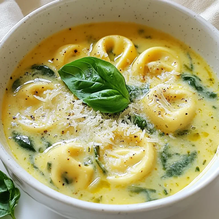 To make creamy spinach tortellini soup, gather these simple ingredients: - 1 tablespoon olive oil - 1 medium onion, diced - 2 cloves garlic, minced - 4 cups vegetable broth - 1 cup heavy cream - 1 package (9 oz) fresh or frozen cheese tortellini - 3 cups fresh spinach, roughly chopped - 1 teaspoon dried Italian herbs (basil, oregano, thyme) - Salt and pepper to taste - Grated Parmesan cheese for serving - Fresh basil leaves for garnish These ingredients work together to create a warm and inviting meal. The rich flavor of the broth pairs well with the creamy texture. The tortellini adds a satisfying bite, while the spinach brings a fresh touch. Make sure to use fresh herbs for the best flavor. Each ingredient plays a role in creating this comforting dish. The heavy cream gives the soup its creamy consistency. Don’t forget the Parmesan cheese for a delicious finish. This soup is not just easy to make; it’s also packed with flavors that will make you smile. {{ingredient_image_1}} 1. Sauté the onion: In a large pot, heat 1 tablespoon of olive oil over medium heat. Add the diced onion. Cook it for about 5 minutes, stirring often. The onion should turn translucent. This step adds a sweet flavor to your soup. 2. Add garlic and cook: Next, stir in 2 cloves of minced garlic. Cook it for 1 more minute. You want the garlic to be fragrant but not burnt. This brings out its rich taste. 3. Simmer vegetable broth: Pour in 4 cups of vegetable broth. Increase the heat to bring it to a simmer. This broth is the base of your soup and adds depth to the flavor. 1. Cook the tortellini as per package instructions: Grab a package of cheese tortellini, either fresh or frozen (9 oz). Add it to the simmering broth. For fresh tortellini, cook for 3-5 minutes. For frozen, it will take about 7-10 minutes. Follow the package directions for the best results. 1. Mix in heavy cream and herbs: Once the tortellini is done, stir in 1 cup of heavy cream. Add 1 teaspoon of dried Italian herbs like basil, oregano, or thyme. This adds creaminess and flavor. 2. Stir in spinach and season: Fold in 3 cups of roughly chopped fresh spinach. Let it wilt for about 2-3 minutes. Season with salt and pepper to taste. This will enhance the soup's flavor. Serve hot, and enjoy your cozy bowl of creamy spinach tortellini soup! Choosing the right tortellini is key. I prefer cheese tortellini for its rich flavor. You can use fresh or frozen tortellini; both work well. Fresh cooks faster while frozen adds a little more time. Balance flavors with seasoning. I always taste before I serve. Add salt and pepper to enhance the soup. Dried Italian herbs bring warmth too. For a creamier texture, use heavy cream. It gives the soup a rich taste. You can also blend part of the soup for smoothness. This adds depth and makes it feel luxurious. Adding crunch with toppings is a great idea. Grated Parmesan cheese adds flavor and texture. Fresh basil leaves on top provide a nice pop of color and taste. Pro Tips Use Fresh Spinach: Fresh spinach adds a vibrant flavor and appealing texture. If using frozen, make sure to thaw and drain excess water to avoid a watery soup. Customize Your Herbs: Feel free to experiment with fresh herbs or different dried herb blends to enhance the flavor profile of your soup. Thicken with Cheese: For an even creamier soup, stir in some grated Parmesan cheese along with the heavy cream for added richness. Serve Immediately: This soup is best enjoyed fresh. If you need to store leftovers, reheat gently to prevent the tortellini from becoming mushy. {{image_2}} You can change some ingredients in this soup for a different taste. - Alternative broth options: You can use chicken broth if you want a richer flavor. This will add depth to the soup. If you want a lighter taste, use water with some herbs. - Dairy-free alternatives: To make this soup dairy-free, use coconut milk instead of heavy cream. You can also try almond milk, but it may change the flavor a bit. For cheese, use a dairy-free version or skip it altogether. Adding more flavors makes the soup even better. Here are some ideas: - Suggestions for extra vegetables: Try adding carrots or bell peppers. They add color and sweetness. You can also throw in some mushrooms for an earthy flavor. - Spicy kick options: If you like heat, add red pepper flakes or a splash of hot sauce. You can also stir in some chopped jalapeños for a fresh kick. To store leftovers of your creamy spinach tortellini soup, let it cool first. Transfer the soup to an airtight container. This keeps it fresh and tasty. Place the container in the fridge. The soup will last about 3 to 4 days. If you want to store it longer, consider freezing it. When it’s time to enjoy your soup again, there are a few good ways to reheat it. You can use a pot on the stove. Heat it over medium-low heat and stir often. This helps keep the cream from separating. You can also use the microwave. Place the soup in a microwave-safe bowl. Heat it in short bursts, stirring in between. This way, you warm it evenly. Enjoy your comforting soup just like the first time! To make this soup vegan, start by using plant-based tortellini. You can find vegan cheese-filled options at many grocery stores. Swap heavy cream for coconut cream or a cashew cream. Use vegetable broth without any animal products. This way, you keep all the flavor while making it vegan. Yes, you can use frozen spinach. Just make sure to thaw and drain it first. This helps avoid excess water in your soup. Frozen spinach is just as nutritious and will still taste great in your dish. Creamy Spinach Tortellini Soup lasts about 3 to 4 days in the fridge. Store it in an airtight container for best results. Make sure it cools down to room temperature before you put it in the fridge. You can freeze the soup, but keep in mind that the texture may change. It’s best to freeze it without the cream added. When you want to eat it, thaw and reheat, then add fresh cream just before serving. This keeps it creamy and delicious. You can create a delicious Creamy Spinach Tortellini Soup with simple steps and fresh ingredients. This dish is easy to make and perfect for any meal. You now know how to prepare it, enhance its flavors, and store leftovers properly. Experiment with variations and substitutions to fit your taste. This soup is hearty and satisfying, yet quick to cook. I look forward to seeing how you make this recipe your own. Enjoy your cooking adventure!