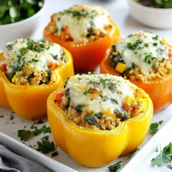 - 4 large bell peppers (any color) - 1 lb ground chicken - 2 cups fresh spinach, chopped - 1 cup cauliflower rice - 1/2 cup shredded mozzarella cheese - 1/4 cup grated Parmesan cheese - 1 teaspoon garlic powder - 1 teaspoon onion powder - Salt and pepper to taste - 1 tablespoon olive oil - Fresh parsley, for garnish - Total calories per serving: approximately 300 - Protein content per serving: about 30g - Carb content per serving: around 10g When I cook these stuffed bell peppers, I love how simple the ingredients are. Each one brings its own flavor and health benefits. The bell peppers add color and vitamins. Ground chicken gives us protein without many carbs. Spinach packs in nutrients and a nice green touch. Cauliflower rice keeps it low-carb, while cheese adds creaminess. The nutritional info shows you can enjoy a tasty meal that fuels your body. Each serving has a good amount of protein, helping you feel full. Plus, with only a few carbs, it fits well into a healthy dinner plan. {{ingredient_image_1}} - Preheat your oven to 375°F (190°C). - Cut the tops off the bell peppers and remove the seeds. Place them in a baking dish. - In a large skillet, heat 1 tablespoon of olive oil over medium heat. - Add 1 pound of ground chicken and cook until browned, which takes about 5 to 7 minutes. - Stir in 1 teaspoon of garlic powder, 1 teaspoon of onion powder, salt, and pepper to taste. Mix well. - Add 2 cups of chopped spinach and 1 cup of cauliflower rice to the skillet. - Cook for about 3 to 4 minutes until the spinach wilts and the cauliflower softens. - Remove the skillet from heat and stir in 1/2 cup of shredded mozzarella and 1/4 cup of grated Parmesan cheese. Mix until melted. - Pack the chicken and spinach mixture tightly into each bell pepper. - Sprinkle the remaining mozzarella cheese on top of each stuffed pepper. - Cover the baking dish with aluminum foil and bake for 25 minutes. - After 25 minutes, remove the foil and bake for another 10 to 15 minutes. The cheese should be bubbly and golden. - Once done, take them out of the oven and let cool slightly. - Garnish with fresh parsley before serving. - Best methods for browning chicken: Use medium heat. This helps the chicken cook evenly. Stir it often to avoid burning. A good sear adds flavor. Use a non-stick skillet for easy cleanup. - How to avoid soggy peppers: Bake the peppers before stuffing them. This helps them keep their shape. Don’t overcook them in the oven. They should be tender but not mushy. - Pairing ideas for sides or sauces: Serve with a fresh salad or steamed veggies. A drizzle of balsamic glaze adds a nice touch. You can also pair it with a light dipping sauce. Try a yogurt-based sauce for extra protein. - Presentation tips for a beautiful dish: Use a white plate to make the colors pop. Garnish with fresh parsley for a vibrant look. Cut the peppers in half to show off the filling. This makes the dish more inviting. - Overcooking vegetables: Keep an eye on the spinach and cauliflower. They should be tender but still vibrant. Remove them from heat as soon as they are done. - Not seasoning properly: Taste your mixture before stuffing the peppers. Add more salt or spices if needed. This simple step makes a big difference in flavor. Pro Tips Choose Vibrant Peppers: Select bell peppers that are firm and have a vibrant color for the best flavor and presentation. Mix Up the Cheese: Feel free to experiment with different cheese types like feta or goat cheese for a unique flavor profile. Meal Prep Friendly: These stuffed peppers can be made ahead of time and stored in the fridge for up to 3 days before baking. Perfectly Cooked Chicken: Ensure the ground chicken is fully cooked before adding other ingredients to prevent any food safety issues. {{image_2}} You can switch out ground chicken for ground turkey or ground beef. Both options will add a new taste. Ground turkey is leaner, while ground beef gives a richer flavor. If you want meatless meals, use black beans or lentils. They add protein and fiber. Spices and herbs can take your dish to the next level. Try adding cumin, paprika, or cayenne for warmth. Fresh herbs like basil or cilantro can bring brightness. You can also use different types of cheese. Cheddar or feta can add unique flavors that change the whole meal. Low-carb vegetables can enhance your stuffed peppers. Zucchini, mushrooms, or broccoli work well. They add texture and nutrients without extra carbs. If you want a different base, swap cauliflower rice for shredded zucchini or spaghetti squash. These options keep the meal light but filling. To keep your stuffed peppers fresh, place them in an airtight container. This helps prevent moisture loss and keeps them tasty. Store them in the fridge for up to three days. If you want to keep them longer, freeze the stuffed peppers. Wrap each pepper in plastic wrap, then place them in a freezer-safe bag. They can last up to three months in the freezer. When it's time to enjoy your leftovers, reheating them properly is key. The best way to reheat stuffed peppers is in the oven. Preheat your oven to 350°F (175°C). Place the peppers in a baking dish and cover with foil. Heat for about 20 minutes or until hot. If you're short on time, you can use a microwave. Place the pepper on a microwave-safe plate. Heat for 2-3 minutes, checking to avoid overcooking. For best texture, avoid the microwave if possible. The oven keeps the peppers from getting soggy. You can use ground turkey, ground beef, or even tofu. Each option offers unique flavors. Ground turkey is lean and similar in taste. Ground beef adds richness. Tofu works great for a vegetarian meal. Choose what fits your diet best. Add black beans or chickpeas for extra fiber and protein. You can also include quinoa for a hearty texture. If you want more veggies, try adding zucchini or mushrooms. These additions will fill you up and keep it low carb. Yes, you can prep the stuffed peppers a day in advance. Just store them in the fridge before baking. If you want to freeze them, wrap each pepper tightly. When ready, bake them straight from the freezer, adding a few extra minutes to the cooking time. To sum up, we explored how to make tasty stuffed bell peppers using ground chicken and fresh veggies. You learned the ingredients, cooking steps, and tips for great results. Remember, you can mix and match proteins and spices to suit your taste. These peppers not only fit a healthy diet but also store well for later. With the right care, you will enjoy a delicious meal anytime. Happy cooking!