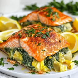 - 4 salmon fillets, skinless - 1 cup fresh spinach, chopped - 1 cup canned artichoke hearts, drained and chopped - 1/2 cup cream cheese, softened - 1/4 cup grated Parmesan cheese - 1/4 cup shredded mozzarella cheese - 2 cloves garlic, minced - 1 tablespoon lemon juice - 1/2 teaspoon dried oregano - Salt and pepper to taste - Olive oil for drizzling To make spinach artichoke stuffed salmon, you need fresh and tasty ingredients. The main star is the salmon, which is rich in omega-3 fatty acids. You want skinless salmon fillets for easy stuffing. Next, fresh spinach adds color and nutrients. Canned artichoke hearts bring a unique flavor. Cream cheese makes the filling creamy, while Parmesan and mozzarella give it a cheesy kick. Garlic adds a lovely aroma, and lemon juice brightens the taste. Dried oregano gives the dish an herbal note. Don’t forget salt and pepper for seasoning. Finally, a drizzle of olive oil helps everything cook nicely. Gather all these ingredients before you start cooking. You’ll see how easy and fun it is to make this dish. Each bite will be packed with flavor! {{ingredient_image_1}} 1. Preheat the oven: Set your oven to 375°F (190°C). This helps cook the salmon evenly. 2. Prepare the spinach-artichoke mixture: In a large bowl, mix together: - 1 cup fresh spinach, chopped - 1 cup canned artichoke hearts, drained and chopped - 1/2 cup cream cheese, softened - 1/4 cup grated Parmesan cheese - 1/4 cup shredded mozzarella cheese - 2 cloves garlic, minced - 1 tablespoon lemon juice - 1/2 teaspoon dried oregano - Salt and pepper to taste Make sure to blend everything well. This mixture adds a rich flavor to the salmon. 3. Prepare the salmon fillets: Take your 4 skinless salmon fillets and lay them on a parchment-lined baking tray. Use a sharp knife to create a pocket in each fillet. Cut lengthwise, but do not slice all the way through. This pocket will hold the tasty filling. 1. Stuff the salmon fillets: Fill each pocket with the spinach-artichoke mixture. Press the edges gently. This keeps the filling inside while cooking. 2. Drizzle and season the salmon: Pour a little olive oil over each stuffed fillet. Then, season the outside with salt and pepper. This adds taste and helps the salmon brown. 3. Bake and optional broil: Place the tray in the oven. Bake for 20-25 minutes. The salmon should flake easily with a fork. If you want a golden top, broil the salmon for the last 2-3 minutes. Watch it closely to avoid burning. Enjoy your flavorful, stuffed salmon! To make a great filling, focus on the texture. You want it creamy but not too runny. Mix the cream cheese well with the spinach and artichoke. This helps hold the filling together. Use fresh spinach for a bright flavor. If you want a chunkier mix, chop the artichokes less finely. Balancing flavors is key. Add enough salt and pepper to enhance the taste. The lemon juice adds a nice brightness, so don’t skip it. I like to taste the filling before stuffing the salmon. This way, you can adjust the seasoning. A little extra garlic can also add depth. To check for doneness, look for the salmon to flake easily with a fork. The internal temperature should reach 145°F (63°C). If your fillets are thicker, you may need to bake them a bit longer. Keep an eye on them to avoid overcooking. If your salmon is thinner, reduce the cooking time. Start checking at 15 minutes if they are about an inch thick. Oven temperatures can vary, so adjust as needed. For a crispy top, broil for the last 2-3 minutes. Just watch it closely to prevent burning. Pro Tips Fresh Ingredients: Use fresh spinach and artichoke hearts for the best flavor and texture. Canned or frozen options might work, but fresh provides a vibrant taste. Perfectly Cooked Salmon: Keep an eye on the cooking time. Salmon is perfectly cooked when it flakes easily with a fork. Overcooking can make it dry. Experiment with Cheeses: Feel free to experiment with different types of cheese for stuffing. Feta or goat cheese can add a unique twist to the flavor profile. Serve with Sides: Pair the stuffed salmon with a fresh salad or roasted vegetables for a complete meal that balances flavors and textures. {{image_2}} You can switch up the cheese for new flavors. Try feta cheese for a tangy kick. Goat cheese adds creaminess and depth. Even cheddar works well if you like a sharper taste. Adding herbs can enhance the dish. Fresh basil or parsley gives a bright taste. You can also try dill for a fresh, herby flavor. A pinch of red pepper flakes adds a nice heat. Pair your stuffed salmon with tasty sides. Roasted asparagus or sautéed green beans make a great match. A light salad with mixed greens and a lemon vinaigrette complements the salmon well. For sauces, a simple garlic butter sauce adds richness. Tzatziki sauce brings a cool, refreshing touch. You can also serve it with a squeeze of fresh lemon for extra brightness. To keep your spinach artichoke stuffed salmon fresh, follow these tips: - Refrigerating leftovers: Place any leftover stuffed salmon in an airtight container. This keeps the flavors intact. Store it in the fridge for up to three days. If you want to eat it later, cool it first before sealing. - Freezing stuffed salmon: You can freeze this dish for up to three months. Wrap the stuffed salmon tightly in plastic wrap, then place it in a freezer bag. Remove as much air as possible. Label the bag with the date for easy tracking. When it’s time to enjoy your salmon again, use these methods: - Best methods for reheating: The oven is the best choice for reheating stuffed salmon. Preheat the oven to 350°F (175°C). Place the salmon in a baking dish and cover it with foil. Heat for about 15-20 minutes. This keeps it warm and tender. - Tips to retain moisture: To keep your salmon moist, add a splash of broth or water to the baking dish before reheating. Covering it with foil helps trap steam, which keeps it juicy. Can I use frozen salmon? Yes, you can use frozen salmon for this dish. Make sure to thaw it first. Place the salmon in the fridge overnight to defrost. If you're in a hurry, you can run it under cold water. Just be sure it's fully thawed before you start cooking. How can I make this dish healthier? To make this dish healthier, you can use low-fat cream cheese. You can also add more veggies to the filling. Think about adding bell peppers, onions, or zucchini. Another tip is to use less cheese overall. This helps cut down on calories while keeping the flavor. What can I serve with spinach artichoke stuffed salmon? I love serving this salmon with sautéed vegetables. You could use broccoli, asparagus, or even a mixed veggie medley. A side of quinoa or brown rice can add a nice touch. For a fresh twist, add a simple green salad with lemon vinaigrette. This balances the rich flavors of the salmon. This blog post covered how to make delicious spinach artichoke stuffed salmon. You learned about the key ingredients, preparation steps, and cooking methods. I shared tips for perfecting your filling and offered variations to explore. Proper storage and reheating techniques ensure leftovers stay tasty. I hope these insights help you create a flavorful dish that's sure to impress. Enjoy cooking and savor every bite of your stuffed salmon!