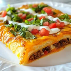 - 1 can of crescent roll dough - 1 cup ground beef or turkey - 1 packet taco seasoning - 1 cup refried beans - 1 cup salsa - 1 cup shredded cheddar cheese - 1 cup chopped lettuce - 1 medium tomato, diced - 1/2 cup sour cream To make Crescent Roll Taco Pizza, you need just a few key ingredients. First, grab a can of crescent roll dough. This will be the crust, and it bakes up nice and flaky. Next, choose your protein. You can use ground beef or turkey. I love turkey for a lighter option. Don't forget taco seasoning, which gives the pizza that bold flavor. For optional ingredients, I often add refried beans for creaminess. Salsa adds a nice kick and keeps everything juicy. Shredded cheddar cheese melts beautifully on top and ties it all together. When it comes to toppings, I like to keep it fresh. Chopped lettuce adds crunch. Diced tomatoes bring sweetness. Finally, a drizzle of sour cream adds creaminess. You can mix and match toppings based on what you have at home! {{ingredient_image_1}} 1. Preheat your oven to 375°F (190°C). This step is key for a crispy crust. 2. Unroll the crescent roll dough. Press it into a greased pizza pan or baking sheet. Make sure it covers the bottom and sides. Pinch the seams together to form one solid crust. 1. In a skillet, cook 1 cup of ground beef or turkey over medium heat. Brown the meat until fully cooked. Drain any excess fat for a healthier meal. 2. Add 1 packet of taco seasoning to the cooked meat. Mix in a few tablespoons of water as the package suggests. Stir well, letting it simmer for a few minutes. This makes the meat flavorful and delicious. 1. Spread 1 cup of refried beans evenly over the cooked crust. This adds creaminess to each bite. 2. Layer the seasoned meat on top of the refried beans, making sure it's even. 3. Pour 1 cup of salsa over the meat layer. Spread it out for a tasty kick. 4. Sprinkle 1 cup of shredded cheddar cheese over the salsa. The cheese will melt and bind the layers. 5. Return the pizza to the oven. Bake for 5-7 minutes, or until the cheese is melted and bubbly. 6. Once baked, take it out and let it cool for a minute. 7. Top with 1 cup of chopped lettuce, 1 medium diced tomato, and any other toppings you like. Try jalapeños or avocado for extra flavor. 8. Drizzle sour cream on top or serve it as a side for dipping. 9. Slice the taco pizza into wedges and serve it warm. Enjoy this fun and easy meal! To get the best crust, start by preheating your oven to 375°F (190°C). This temperature helps the dough cook evenly. When you unroll the crescent roll dough, press it firmly into your greased pizza pan. Make sure to pinch the seams to avoid gaps. Bake it for 10-12 minutes until it turns golden brown. If the crust seems loose, it may get soggy. To prevent this, try baking it a bit longer. Want to add a kick? Toss on some sliced jalapeños before baking. They bring heat and flavor to your pizza. You can also sprinkle in extra spices, like cumin or paprika, to enhance the taco taste. If you love herbs, consider adding fresh cilantro or a sprinkle of oregano. These simple changes can elevate your pizza. Crescent roll taco pizza works well with many sides. Try serving it with a fresh salad or tortilla chips and salsa. The crunch complements the soft pizza. This dish is perfect for a weeknight dinner or a fun family gathering. Serve it warm, and watch everyone enjoy each slice! Pro Tips Use Fresh Ingredients: The fresher your toppings, the better the flavor! Opt for ripe tomatoes and crisp lettuce for the best results. Customize Your Spice Level: Adjust the amount of taco seasoning or add fresh jalapeños to suit your spice preference. Make It Ahead: You can prepare the meat and beans ahead of time and assemble the pizza right before baking for a quick meal. Try Different Cheeses: Experiment with different types of cheese, like pepper jack or mozzarella, for a unique twist on flavor. {{image_2}} For a tasty vegetarian version, you can swap meat for beans or lentils. Try black beans, chickpeas, or quinoa. These options add protein and texture. You can also load up on extra veggies. Consider bell peppers, mushrooms, or corn for a colorful topping. They boost flavor and nutrition. If you want to change up the meat, ground chicken or pork works well. Both add a nice twist to the dish. You can also use leftovers from your fridge. Shredded rotisserie chicken or any cooked meat can make this meal quick and easy. Just mix them with taco seasoning before layering. Cheese adds creaminess, but you can switch it up. Try mozzarella, pepper jack, or even feta for a unique taste. If you need a vegan option, use plant-based cheese. These alternatives melt well and keep the pizza delicious. Just make sure to check for flavors you enjoy. To keep your leftover taco pizza fresh, place it in the fridge. Use airtight containers for the best results. This will help prevent the pizza from drying out. You can store it for up to three days. If you have a lot of leftovers, slice them into pieces for easy access. When you're ready to enjoy your leftovers, reheating is key. The oven works best for even heating. Preheat your oven to 350°F (175°C) and place the slices on a baking sheet. Bake for about 10 minutes until hot. If you’re in a hurry, the microwave can work too. Heat slices for about 30 seconds to 1 minute. Just be careful not to overcook them. If you want to save your taco pizza for later, freezing is a great choice. To freeze, let the pizza cool completely. Wrap it tightly in plastic wrap or aluminum foil. You can also use freezer bags for extra protection. It will stay good for up to three months. When you're ready to eat, thaw it in the fridge overnight. Then, reheat it using the oven or microwave. Enjoy your tasty meal anytime! Yes, you can make this dish ahead of time. To do this, prepare the crust and toppings separately. You can bake the crust and let it cool. Store it wrapped in plastic. Cook the meat and mix it with the taco seasoning. Store this in an airtight container in the fridge. When you are ready to serve, spread the refried beans on the crust. Add the meat, salsa, and cheese. Bake as directed. This saves time on busy weeknights. If you don’t have taco seasoning, you can make your own. Combine chili powder, cumin, garlic powder, onion powder, and paprika. You can adjust the amounts to suit your taste. Use one tablespoon of this mix for each packet of store-bought seasoning. This way, you can control the flavor and spice level. To make this dish gluten-free, use gluten-free crescent roll dough. Many brands offer gluten-free options that taste great. You can also check your local grocery store. For the filling, ensure all sauces and seasonings are gluten-free. This way, everyone can enjoy this tasty pizza! This blog post covered how to make a tasty Crescent Roll Taco Pizza. We talked about key ingredients like crescent roll dough, ground beef or turkey, and taco seasoning. I shared tips for a perfect crust and flavor boosters to enhance your dish. You explored different variations and learned safe storage methods. Now, you have all the tools to create a delicious taco pizza. Experiment with your favorite toppings and enjoy every bite!