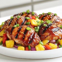 - 4 boneless, skinless chicken thighs - 1 cup fresh pineapple, diced - 1/2 cup barbecue sauce (preferably tropical flavor) - 1 tablespoon soy sauce - 1 tablespoon honey - 1 teaspoon garlic powder - 1 teaspoon ginger paste - 1/2 red onion, sliced - 1 bell pepper, sliced (preferably red or yellow) - 2 tablespoons olive oil - Chopped green onions and sesame seeds for garnish Gather these items before you start. The chicken thighs give the dish a juicy bite. Fresh pineapple adds sweetness and bright flavor. A good barbecue sauce with tropical notes ties it all together. For the marinade, soy sauce adds saltiness, while honey lends sweetness. Garlic powder gives depth, and ginger adds warmth. These flavors blend well with the chicken. Next, you’ll need the vegetables. Red onion and bell pepper bring color and crunch. Olive oil is essential for sautéing. Finally, green onions and sesame seeds make perfect garnishes. They add a fresh touch to your dish. With these ingredients, you’re set for a delicious Hawaiian BBQ chicken evening. - In a bowl, mix barbecue sauce, soy sauce, honey, garlic powder, ginger, salt, and pepper. - Add the chicken thighs and coat them well with the marinade. - Cover the bowl and place it in the fridge for at least 30 minutes. For best results, marinate overnight. - Heat your grill to medium-high. - Brush the grill grates with a little olive oil to keep chicken from sticking. - Take the marinated chicken thighs from the bowl and place them on the grill. - Grill each side for 6-7 minutes. Make sure the chicken reaches 165°F (75°C). - During the last few minutes, baste the chicken with leftover marinade for extra flavor. - In a skillet, heat olive oil over medium heat. - Add sliced red onion and bell pepper, cooking until soft, about 5-6 minutes. - Toss in the diced pineapple and sauté for another 2-3 minutes until heated through. - Let the grilled chicken rest for a few minutes to keep it juicy. - Slice the chicken and serve it on a plate, topped with the sautéed vegetables and pineapple mix. - For an extra touch, sprinkle chopped green onions and sesame seeds on top. To make a great marinade, you can switch some ingredients. Try using coconut aminos instead of soy sauce for a sweeter taste. You can also swap honey with maple syrup for a vegan option. For the best flavor, marinate the chicken for at least 30 minutes. If you have time, let it sit overnight. This gives the chicken more flavor and makes it juicy. To stop the chicken from sticking, brush the grill grates with olive oil. This simple step helps a lot. Make sure your grill is hot before placing the chicken on it. To check if the chicken is done, use a meat thermometer. The chicken should reach 165°F (75°C) at the thickest part. This ensures it is safe to eat and cooked perfectly. For sweet and soft vegetables, cook them over medium heat. Don't rush this step. Let them caramelize for about 5-6 minutes. You can use other vegetables too. Try zucchini or mushrooms for a nice twist. Adding diced pineapple at the end gives a sweet touch and great flavor. {{image_2}} To make Hawaiian BBQ chicken skewers, you need to cut your chicken into cubes. Here’s what you’ll need: - 4 boneless, skinless chicken thighs - 1 cup fresh pineapple, diced - 1/2 cup barbecue sauce (tropical flavor) - 1 tablespoon soy sauce - 1 tablespoon honey - 1 teaspoon garlic powder - 1 teaspoon ginger paste - 1/2 red onion, cut into chunks - 1 bell pepper, cut into chunks - 2 tablespoons olive oil - Salt and pepper to taste First, marinate the chicken cubes just like in the main recipe. Next, thread the chicken, pineapple, onion, and bell pepper onto skewers. Preheat your grill to medium-high heat. Grill the skewers for about 8-10 minutes, turning often. Make sure the chicken reaches 165°F (75°C). The sweet and smoky flavor will shine through, making these skewers a fun twist. Coconut rice pairs perfectly with Hawaiian BBQ chicken. You’ll need: - 1 cup jasmine rice - 1 cup coconut milk - 1/2 cup water - 1/2 teaspoon salt Start by washing the rice under cold water. In a pot, combine the rice, coconut milk, water, and salt. Bring to a boil, then reduce heat to low. Cover and simmer for about 15-20 minutes until the rice is tender. Fluff it with a fork before serving. This dish adds a creamy, tropical touch to your meal. For a vegetarian option, swap the chicken for plant-based proteins. Here are some great choices: - Firm tofu, cubed - Tempeh, sliced - Seitan, cut into strips Marinate the tofu or tempeh in the same mixture. Grill them on medium heat for about 5-7 minutes per side. This way, you still enjoy the amazing Hawaiian BBQ flavor without meat. It’s a delicious choice for veggie lovers! To store your Hawaiian BBQ chicken, first, let it cool down. Use an airtight container. Place the chicken in the container and seal it tightly. You can keep it in the fridge for 3 to 4 days. If you want to keep it longer, consider freezing it. To freeze the chicken, wrap each piece tightly in plastic wrap. Place the wrapped chicken in a freezer bag or container. Be sure to remove as much air as possible. You can freeze it for up to 3 months. To reheat, thaw it in the fridge overnight before cooking. When reheating, keep the chicken moist. You can use the microwave, oven, or stovetop. If using the microwave, cover the chicken with a damp paper towel. This helps keep it juicy. If using the oven, preheat it to 350°F (175°C). Place the chicken in a dish with a little water or broth. Cover it with foil to trap steam. This will help prevent drying out. Enjoy your tasty leftovers! I suggest using a tropical-flavored barbecue sauce. Look for sauces with pineapple, mango, or teriyaki flavors. These add a sweet and tangy taste to the chicken. Some brands even mix spices that enhance the Hawaiian vibe. If you prefer, you can make your own by mixing regular barbecue sauce with pineapple juice for a fresh twist. To add heat, try mixing in some sriracha or crushed red pepper flakes. You can also use spicy barbecue sauce if you like it hot. Another option is to add diced jalapeños to the marinade. Just be careful not to overpower the sweet flavors. A little heat goes a long way in this dish. Yes, you can cook Hawaiian BBQ chicken in the oven. Preheat your oven to 400°F (200°C). Place the marinated chicken on a baking sheet lined with foil. Bake for 25-30 minutes, or until the chicken reaches 165°F (75°C). Baste with marinade halfway through for extra flavor. This method works well if you don’t have a grill. This blog post shared a delicious Hawaiian BBQ chicken recipe. We covered key ingredients, from chicken and pineapple to a special marinade. The step-by-step guide helped you grill the chicken while sautéing fresh veggies. I included tips to perfect your dish and suggested tasty variations. Remember, cooking is fun! Try different flavors and find what you love. Enjoy your meals and happy cooking!