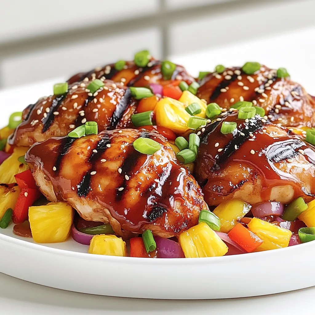 - 4 boneless, skinless chicken thighs - 1 cup fresh pineapple, diced - 1/2 cup barbecue sauce (preferably tropical flavor) - 1 tablespoon soy sauce - 1 tablespoon honey - 1 teaspoon garlic powder - 1 teaspoon ginger paste - 1/2 red onion, sliced - 1 bell pepper, sliced (preferably red or yellow) - 2 tablespoons olive oil - Chopped green onions and sesame seeds for garnish Gather these items before you start. The chicken thighs give the dish a juicy bite. Fresh pineapple adds sweetness and bright flavor. A good barbecue sauce with tropical notes ties it all together. For the marinade, soy sauce adds saltiness, while honey lends sweetness. Garlic powder gives depth, and ginger adds warmth. These flavors blend well with the chicken. Next, you’ll need the vegetables. Red onion and bell pepper bring color and crunch. Olive oil is essential for sautéing. Finally, green onions and sesame seeds make perfect garnishes. They add a fresh touch to your dish. With these ingredients, you’re set for a delicious Hawaiian BBQ chicken evening. - In a bowl, mix barbecue sauce, soy sauce, honey, garlic powder, ginger, salt, and pepper. - Add the chicken thighs and coat them well with the marinade. - Cover the bowl and place it in the fridge for at least 30 minutes. For best results, marinate overnight. - Heat your grill to medium-high. - Brush the grill grates with a little olive oil to keep chicken from sticking. - Take the marinated chicken thighs from the bowl and place them on the grill. - Grill each side for 6-7 minutes. Make sure the chicken reaches 165°F (75°C). - During the last few minutes, baste the chicken with leftover marinade for extra flavor. - In a skillet, heat olive oil over medium heat. - Add sliced red onion and bell pepper, cooking until soft, about 5-6 minutes. - Toss in the diced pineapple and sauté for another 2-3 minutes until heated through. - Let the grilled chicken rest for a few minutes to keep it juicy. - Slice the chicken and serve it on a plate, topped with the sautéed vegetables and pineapple mix. - For an extra touch, sprinkle chopped green onions and sesame seeds on top. To make a great marinade, you can switch some ingredients. Try using coconut aminos instead of soy sauce for a sweeter taste. You can also swap honey with maple syrup for a vegan option. For the best flavor, marinate the chicken for at least 30 minutes. If you have time, let it sit overnight. This gives the chicken more flavor and makes it juicy. To stop the chicken from sticking, brush the grill grates with olive oil. This simple step helps a lot. Make sure your grill is hot before placing the chicken on it. To check if the chicken is done, use a meat thermometer. The chicken should reach 165°F (75°C) at the thickest part. This ensures it is safe to eat and cooked perfectly. For sweet and soft vegetables, cook them over medium heat. Don't rush this step. Let them caramelize for about 5-6 minutes. You can use other vegetables too. Try zucchini or mushrooms for a nice twist. Adding diced pineapple at the end gives a sweet touch and great flavor. {{image_2}} To make Hawaiian BBQ chicken skewers, you need to cut your chicken into cubes. Here’s what you’ll need: - 4 boneless, skinless chicken thighs - 1 cup fresh pineapple, diced - 1/2 cup barbecue sauce (tropical flavor) - 1 tablespoon soy sauce - 1 tablespoon honey - 1 teaspoon garlic powder - 1 teaspoon ginger paste - 1/2 red onion, cut into chunks - 1 bell pepper, cut into chunks - 2 tablespoons olive oil - Salt and pepper to taste First, marinate the chicken cubes just like in the main recipe. Next, thread the chicken, pineapple, onion, and bell pepper onto skewers. Preheat your grill to medium-high heat. Grill the skewers for about 8-10 minutes, turning often. Make sure the chicken reaches 165°F (75°C). The sweet and smoky flavor will shine through, making these skewers a fun twist. Coconut rice pairs perfectly with Hawaiian BBQ chicken. You’ll need: - 1 cup jasmine rice - 1 cup coconut milk - 1/2 cup water - 1/2 teaspoon salt Start by washing the rice under cold water. In a pot, combine the rice, coconut milk, water, and salt. Bring to a boil, then reduce heat to low. Cover and simmer for about 15-20 minutes until the rice is tender. Fluff it with a fork before serving. This dish adds a creamy, tropical touch to your meal. For a vegetarian option, swap the chicken for plant-based proteins. Here are some great choices: - Firm tofu, cubed - Tempeh, sliced - Seitan, cut into strips Marinate the tofu or tempeh in the same mixture. Grill them on medium heat for about 5-7 minutes per side. This way, you still enjoy the amazing Hawaiian BBQ flavor without meat. It’s a delicious choice for veggie lovers! To store your Hawaiian BBQ chicken, first, let it cool down. Use an airtight container. Place the chicken in the container and seal it tightly. You can keep it in the fridge for 3 to 4 days. If you want to keep it longer, consider freezing it. To freeze the chicken, wrap each piece tightly in plastic wrap. Place the wrapped chicken in a freezer bag or container. Be sure to remove as much air as possible. You can freeze it for up to 3 months. To reheat, thaw it in the fridge overnight before cooking. When reheating, keep the chicken moist. You can use the microwave, oven, or stovetop. If using the microwave, cover the chicken with a damp paper towel. This helps keep it juicy. If using the oven, preheat it to 350°F (175°C). Place the chicken in a dish with a little water or broth. Cover it with foil to trap steam. This will help prevent drying out. Enjoy your tasty leftovers! I suggest using a tropical-flavored barbecue sauce. Look for sauces with pineapple, mango, or teriyaki flavors. These add a sweet and tangy taste to the chicken. Some brands even mix spices that enhance the Hawaiian vibe. If you prefer, you can make your own by mixing regular barbecue sauce with pineapple juice for a fresh twist. To add heat, try mixing in some sriracha or crushed red pepper flakes. You can also use spicy barbecue sauce if you like it hot. Another option is to add diced jalapeños to the marinade. Just be careful not to overpower the sweet flavors. A little heat goes a long way in this dish. Yes, you can cook Hawaiian BBQ chicken in the oven. Preheat your oven to 400°F (200°C). Place the marinated chicken on a baking sheet lined with foil. Bake for 25-30 minutes, or until the chicken reaches 165°F (75°C). Baste with marinade halfway through for extra flavor. This method works well if you don’t have a grill. This blog post shared a delicious Hawaiian BBQ chicken recipe. We covered key ingredients, from chicken and pineapple to a special marinade. The step-by-step guide helped you grill the chicken while sautéing fresh veggies. I included tips to perfect your dish and suggested tasty variations. Remember, cooking is fun! Try different flavors and find what you love. Enjoy your meals and happy cooking!