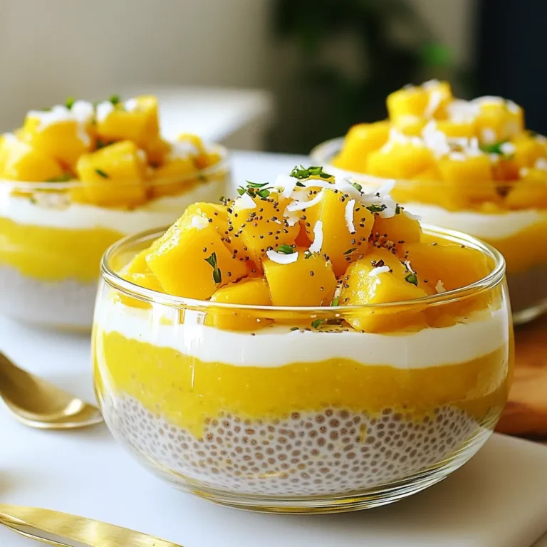 - 1 cup coconut milk (full fat or light) - 1/2 cup unsweetened mango puree (fresh or canned) - 1/4 cup chia seeds - 2 tablespoons maple syrup (or honey) - 1 teaspoon vanilla extract - A pinch of sea salt - Fresh mango chunks and shredded coconut for topping For coconut milk, I like using Thai Kitchen or Aroy-D. They offer rich flavor. For mango puree, look for Eden Foods or Del Monte. Their quality shines through. For chia seeds, I trust Nutiva or Bob's Red Mill. They always deliver freshness. For sweeteners, Grade A maple syrup from Maple Grove Farms works great. Coconut milk provides healthy fats and supports heart health. It adds creaminess to the pudding. Mango puree brings natural sweetness and vitamin C. It's great for your immune system. Chia seeds are packed with fiber, protein, and omega-3s. They help keep you full and support digestion. Maple syrup offers antioxidants and a touch of energy. Vanilla extract enhances flavor and has calming effects. Sea salt balances sweetness and brings out flavors. Fresh mango chunks add texture and more vitamins, while shredded coconut adds crunch and healthy fats. Enjoy this pudding knowing it’s not just tasty, but also good for you! {{ingredient_image_1}} To start, grab a mixing bowl. Add 1 cup of coconut milk to the bowl. Next, measure out 1/2 cup of mango puree, and pour it in. You can use fresh mango or canned. Then, add 2 tablespoons of maple syrup for sweetness. If you like, you can swap it for honey. Don’t forget to add 1 teaspoon of vanilla extract and a pinch of sea salt. Now, whisk everything together until it’s smooth and well combined. Once your mixture is smooth, it’s time to add the chia seeds. Measure out 1/4 cup of chia seeds and sprinkle them into the bowl. Stir the mixture well to make sure the chia seeds are evenly mixed in. This step is key to getting that perfect pudding texture. You want the seeds to absorb the liquid. If you skip this, they might clump together. After mixing, cover the bowl with plastic wrap or a lid. Place it in the refrigerator for at least 4 hours. If you can wait overnight, that’s even better. This gives the chia seeds time to soak up the liquid. When you’re ready to serve, take the bowl out and stir it again. This helps break up any clumps. Now, scoop the pudding into serving bowls or glasses. For the final touch, top each serving with fresh mango chunks and a sprinkle of shredded coconut. Enjoy your healthy delight! To get the best texture, use full-fat coconut milk. This gives a rich and creamy feel. Mix the coconut milk with mango puree well. Whisk until smooth. After adding chia seeds, stir again. Let it sit in the fridge for at least four hours. Overnight is even better. This allows the seeds to soak and swell. The result? A thick and pudding-like delight. One common mistake is not stirring the mixture enough. Make sure the chia seeds spread out evenly. If you skip this step, they clump together. Another mistake is not chilling long enough. Chia seeds need time to absorb liquid. Keep an eye on the ratio of liquid to seeds. Too many seeds can make it too thick. Serve your chia pudding in clear glass bowls. This shows off the lovely layers of color. For a fancy touch, add fresh mango chunks on top. A sprinkle of shredded coconut adds texture. You can also place a mint sprig on the rim for color. These small details make your dessert look like a gourmet treat. Pro Tips Use Ripe Mangos: Choose ripe, sweet mangos for a more flavorful pudding. The natural sweetness enhances the overall taste. Chill Overnight: For the best texture, let the pudding chill overnight. This allows the chia seeds to fully expand and absorb the liquid. Experiment with Toppings: Feel free to customize your toppings! Try adding nuts, seeds, or other fruits for added crunch and flavor. Adjust Sweetness: Taste before serving and adjust the sweetness to your liking. You can add more maple syrup or honey if desired. {{image_2}} You can switch up the mango puree for other fruits. Try using peach, berry, or banana puree. Each fruit brings a unique flavor. For example, berry puree adds a tart twist. Banana makes it creamy and sweet. Mix and match to find your favorite blend! This recipe is already dairy-free. Use full-fat or light coconut milk to keep it rich and creamy. You can also try almond milk or oat milk. These options will keep the dish light and fresh. Just ensure the milk you choose has a nice flavor to enhance the pudding. Adjusting sweetness is easy! If you want less sugar, cut back on maple syrup or honey. You can also use a sugar substitute like stevia. For a sweeter taste, add more syrup or a splash of agave. Always taste as you go to find your perfect level of sweetness! To keep your mango coconut chia pudding fresh, store it in an airtight container. This helps prevent it from absorbing other smells in your fridge. Make sure the pudding is fully chilled before you seal it. If you want to save space, use smaller containers for single servings. Mango coconut chia pudding lasts about 5 days in the fridge. After that, the texture might change, and it may not taste as fresh. Always check for any signs of spoilage before eating. If it smells off or has changed color, it’s best to toss it. You can freeze chia pudding for up to 3 months. Pour it into freezer-safe containers or ice cube trays. When you're ready to eat, thaw it in the fridge overnight. The texture may change a bit, but it still tastes great. Just give it a good stir before serving. Yes, you can use other types of milk. Almond milk, oat milk, or soy milk work well. Each type gives a different taste and texture. Choose the one you like best. If you want creaminess, go for full-fat coconut milk. You can store this pudding in the fridge for up to five days. Keep it in a sealed container. Make sure to stir it before serving. The pudding may thicken, so a little mix helps. Chia seeds are tiny but mighty. They are high in fiber, which helps digestion. They also have omega-3 fatty acids, which are good for your heart. Plus, they are rich in protein and antioxidants. Adding chia seeds to your diet can boost overall health. Yes, you can meal prep this pudding easily. Make a batch at the start of the week. Divide it into jars or containers. This way, you have a quick and healthy snack ready to go. Enjoy it for breakfast or as a treat anytime. This post covered how to make mango coconut chia pudding. We looked at key ingredients, brands to use, and their nutritional benefits. I shared step-by-step instructions for mixing and serving. You learned tips for the right texture and how to avoid mistakes. We explored fun variations and how to store your pudding. Mango coconut chia pudding is tasty and good for you. Enjoy making, eating, and sharing it!