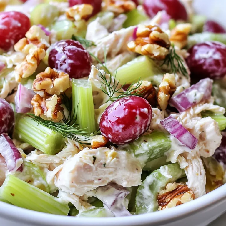 - 2 cups cooked chicken breast, shredded - 1 cup plain Greek yogurt - 1/2 cup celery, finely chopped - 1/2 cup red grapes, halved - 1/4 cup red onion, finely diced - 1/4 cup walnuts, chopped The main ingredients in my Greek yogurt chicken salad are simple and tasty. I start with cooked chicken breast, which I shred into bite-sized pieces. This chicken gives the salad its protein. I use plain Greek yogurt as a creamy base. It makes the salad rich without being heavy. Next, I add fresh vegetables. Finely chopped celery adds crunch. Halved red grapes bring sweetness. Diced red onion gives a bit of bite. Lastly, I toss in chopped walnuts for added texture and flavor. - 1 tablespoon Dijon mustard - 1 tablespoon honey - 1 tablespoon fresh lemon juice For flavor, I mix in Dijon mustard, honey, and fresh lemon juice. The mustard adds a nice tang. Honey brings a touch of sweetness to balance it. Fresh lemon juice brightens the dish, making every bite refreshing. These flavor enhancers tie all the ingredients together, lifting the overall taste. - Fresh dill - Fresh parsley - Walnuts I love to finish my salad with optional garnishes. Fresh dill or parsley adds a pop of color. They also give a fresh herb taste. I sometimes sprinkle extra walnuts on top. They not only look nice but add a bit more crunch. These garnishes make the Greek yogurt chicken salad even more appealing. {{ingredient_image_1}} First, shred the cooked chicken breast. You can use a fork or your hands. Make sure the pieces are small and even. Next, combine the shredded chicken with plain Greek yogurt in a large mixing bowl. Stir until the chicken is well-coated with the yogurt. This gives your salad a creamy texture. Now, add the chopped vegetables and walnuts to the bowl. Use 1/2 cup of finely chopped celery, 1/2 cup of halved red grapes, and 1/4 cup of finely diced red onion. Then, sprinkle in 1/4 cup of chopped walnuts for a nice crunch. Gently mix these ingredients together. Be careful not to break the grapes. Next, prepare the dressing. In a smaller bowl, whisk together 1 tablespoon of Dijon mustard, 1 tablespoon of honey, and 1 tablespoon of fresh lemon juice. Add salt and pepper to taste. Keep whisking until the mixture is smooth. Pour the dressing over the chicken salad mixture. Stir well to coat all the ingredients evenly. Taste the salad and adjust the seasoning with more salt or pepper if needed. Cover the bowl and refrigerate the salad for at least 30 minutes. This allows the flavors to meld together. Before serving, give the salad a gentle stir and garnish with fresh dill or parsley. Adjusting the seasoning in your Greek yogurt chicken salad is key. Taste the salad before serving. Add more salt or pepper if needed. If you want more depth, try fresh herbs. Dill and parsley are great options. They brighten up the dish and add freshness. To keep the grapes intact, be gentle when mixing. If you smash the grapes, it changes the salad's look. For the veggies, use fresh celery and onion. This keeps their crunch. You want every bite to have a nice mix of textures. Pair this salad with light sides. It goes well with whole grain bread or a simple green salad. For a nice touch, serve it in a bowl with a sprinkle of herbs on top. This makes it visually appealing. A colorful presentation can make your meal even more inviting. Pro Tips Use Rotisserie Chicken: For a quicker option, use store-bought rotisserie chicken; it’s flavorful and saves time on cooking. Chill Before Serving: Allowing the salad to chill for at least 30 minutes enhances the flavors, making it more delicious. Experiment with Nuts: Substitute walnuts with pecans or almonds for a different texture and flavor in your salad. Add More Veggies: Incorporate additional veggies like bell peppers or cucumbers for extra crunch and nutrition. {{image_2}} You can swap chicken for turkey in this salad. Turkey keeps it tasty and light. For a vegetarian twist, try using chickpeas. Just mash them slightly and mix them in. Chickpeas add a nice texture and protein. Want to change up the taste? Add spices like curry powder for a warm kick. You can also toss in different fruits and nuts. Try diced apples or dried cranberries. Adding almonds or pecans gives a nice crunch. For those avoiding gluten, this salad is naturally gluten-free. Just ensure all your add-ins are also gluten-free. If you're dairy-free, use a plant-based yogurt. Coconut yogurt works well and adds a hint of sweetness. Store your Greek yogurt chicken salad in an airtight container. This keeps it fresh and tasty. It can last in the fridge for up to 3 days. If you want the best flavor, eat it sooner. You can freeze Greek yogurt chicken salad, but it might change texture. If you try this, use a freezer-safe container. To thaw, place it in the fridge overnight. This helps keep it safe and tasty. If your salad looks a bit wilted, don’t worry! You can refresh it easily. Add a splash of fresh lemon juice to brighten the flavors. Toss in some extra chopped celery or grapes for crunch. This makes your salad lively again before serving. Yes, you can use leftover rotisserie chicken. It saves time and adds flavor. Just shred the chicken into bite-sized pieces. This makes the salad quick and easy to prepare. Leftover chicken works great for this dish. It takes about 15 minutes to prepare. After mixing, let it chill for 30 minutes. This helps the flavors blend well. You can serve it right after, but chilling makes a big difference. Yes, Greek yogurt is healthier than mayonnaise. - Nutritional comparisons Greek yogurt has less fat. It also has more protein than mayonnaise. A serving of Greek yogurt has about 10 grams of protein. Mayonnaise, on the other hand, has about 1 gram of protein per serving. - Health benefits of Greek yogurt Greek yogurt supports gut health due to probiotics. It helps with digestion and boosts your immune system. It also keeps you feeling full longer, which helps with weight control. In this article, we explored how to make a tasty Greek yogurt chicken salad. We covered the key ingredients, such as cooked chicken and fresh veggies. We shared simple steps to prepare and mix everything together for great flavor. We also discussed tips for perfect texture and storage advice to keep it fresh. In closing, this salad is easy to customize and great for healthy meals. Enjoy experimenting with flavors and ingredients to make it your own!