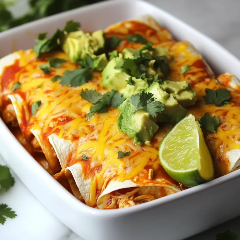 - 2 cups cooked chicken, shredded - 1 cup ripe avocados, mashed - 1 cup shredded cheese (such as cheddar or Monterey Jack) - 1 can (15 oz) black beans, drained and rinsed - 1 cup corn (fresh or frozen) - 1/2 cup red onion, finely chopped - 2 cups enchilada sauce (red or green) - 8 small corn or flour tortillas - 1 tablespoon olive oil - 1 teaspoon cumin - 1 teaspoon garlic powder - Salt and pepper to taste - Fresh cilantro for garnish - Lime wedges for serving You can swap the cooked chicken for shredded turkey or tofu for a meat-free meal. If you don’t have avocados, try using mashed sweet potatoes for a sweet twist. For cheese, use dairy-free options or feta cheese for a tangy flavor. If you can't find black beans, kidney beans work great too. You can also use any type of tortilla you prefer; whole wheat or spinach tortillas add a fun touch. These enchiladas pack a punch! Each serving has around 450 calories. You get about 25 grams of protein from the chicken and beans. The avocados add healthy fats, which are good for your heart. Each serving also provides fiber from the beans and corn, which aids digestion. If you need to watch sodium, choose low-sodium enchilada sauce for better control. {{ingredient_image_1}} First, gather all your ingredients. You need 2 cups of cooked chicken, shredded. Next, mash 1 cup of ripe avocados in a bowl. You will also need 1 cup of shredded cheese, which can be cheddar or Monterey Jack. Don't forget the black beans; use 1 can, drained and rinsed. Grab 1 cup of corn, fresh or frozen, and 1/2 cup of finely chopped red onion. Lastly, set aside 2 cups of enchilada sauce, either red or green, and 8 small corn or flour tortillas. Now, take a large skillet and heat 1 tablespoon of olive oil over medium heat. Add the chopped red onion. Cook the onion for about 3 minutes, or until it softens. This step adds a nice flavor to your enchiladas. You can smell the onion getting sweet and fragrant. In a big mixing bowl, combine the shredded chicken, mashed avocado, black beans, corn, cumin, garlic powder, salt, and pepper. Mix everything well until it's all combined. Lightly grease a 9x13-inch baking dish. Pour 1/2 cup of enchilada sauce on the bottom. Take a tortilla and place it flat. Spoon about 1/4 cup of the chicken mixture into the center. Sprinkle some cheese on top and roll it up tightly. Place the rolled tortilla seam-side down in the baking dish. Repeat this for all tortillas and filling, lining them up nicely. Once you have all the enchiladas in the dish, pour the rest of the enchilada sauce evenly over them. Sprinkle the remaining cheese on top. Cover the dish with aluminum foil. Bake everything in the oven at 375°F (190°C) for 20 minutes. After that, remove the foil and bake for another 10 minutes until the cheese is bubbly and golden. When done, take them out and let them cool a bit. Garnish with fresh cilantro and serve with lime wedges for a fresh touch. To make the best avocado chicken enchiladas, use ripe avocados. They add creaminess. Shred the chicken finely for even filling. When rolling tortillas, make sure to not overfill. This keeps them from breaking. Warm your tortillas before filling. This helps them roll easily. If you use corn tortillas, dip them in warm enchilada sauce to soften them. This adds flavor and prevents tearing. One common mistake is using cold ingredients. Always let your chicken and sauce warm up. Cold ingredients can make your enchiladas soggy. Another mistake is not seasoning enough. Use salt and pepper wisely. Taste your filling before adding it to the tortillas. Also, don’t skip the cilantro garnish. It adds a pop of flavor and color. Serve these enchiladas with lime wedges. The fresh squeeze of lime brightens the dish. You can also add a side of rice or a fresh salad. For extra flavor, drizzle some sour cream on top. You could even add fresh salsa for a kick. Enjoy your meal with friends or family for a fun gathering! Pro Tips Use Fresh Ingredients: Opt for ripe avocados and fresh herbs to enhance the flavor of your enchiladas. Customize the Heat: Add jalapeños or a dash of hot sauce to the filling for a spicy kick. Try Different Cheeses: Experiment with different cheese varieties like pepper jack for a unique flavor profile. Make Ahead: Assemble the enchiladas a day in advance and store them in the refrigerator before baking for easy meal prep. {{image_2}} You can easily make a vegetarian version of these enchiladas. Just swap the chicken with cooked lentils or extra black beans. This keeps the dish hearty and adds protein. Use the same spices for flavor. Add more veggies like bell peppers or zucchini for extra texture. You will still enjoy the creamy avocado and cheese. If you love heat, spice up your enchiladas. Add diced jalapeños or serrano peppers to the chicken and avocado mix. You can also use spicy enchilada sauce. This gives a nice kick to the dish. Top with some hot sauce before serving for even more flavor. Just be careful not to overdo it. For those who can't get enough cheese, this variation is perfect. Add more cheese inside each enchilada. You can use a mix of cheddar and Monterey Jack for depth of flavor. Also, sprinkle extra cheese on top before baking. The result will be a gooey, melty delight. Serve with a side of sour cream for extra creaminess. To keep your enchiladas fresh, store them in an airtight container. Layer parchment paper between each tortilla to avoid sticking. They can stay good in the fridge for up to three days. If you want to enjoy them later, make sure to cool them first before packing. Reheat your enchiladas in the oven for the best results. Preheat the oven to 350°F (175°C). Place the enchiladas in a baking dish and cover with foil. Heat for about 15-20 minutes. If you're in a hurry, use the microwave. Heat in a microwave-safe dish for 1-2 minutes, checking often. You can freeze the enchiladas before or after baking. If freezing before baking, wrap each one tightly in plastic wrap. Place them in a freezer-safe bag. They can last up to three months. When ready to bake, thaw them overnight in the fridge and bake as directed. If you freeze them after baking, let them cool first and then wrap. They can be reheated straight from frozen, just add extra time in the oven. Yes, you can use other meats. Turkey or beef works well. You could even use pork if you like. Just make sure to cook it fully before adding it to the mix. Shredded meats blend nicely with the avocado and beans. If you want to skip avocados, try using mashed beans. White beans or hummus can add creaminess. You could also use sour cream or Greek yogurt for a tangy taste. Each option gives a different flavor, so pick what you enjoy. To make gluten-free enchiladas, use corn tortillas. They taste great and stay soft. Check your enchilada sauce for gluten. Some brands add flour, so read the label. With these swaps, you can enjoy tasty enchiladas without worry. Cooked avocado chicken enchiladas last about three days in the fridge. Store them in an airtight container. You can also freeze them for up to three months. Just remember to reheat them well before serving. Enjoy the flavors even later! In this blog post, we explored the key ingredients for making delicious enchiladas. I shared step-by-step instructions, helpful tips, and variations to suit every taste. I also covered storing leftovers and addressing common questions. Enchiladas are fun to make and enjoy. With the right ingredients and methods, you can create a mouth-watering dish. Remember to try different variations to keep things fresh! Happy cooking, and enjoy your enchiladas!