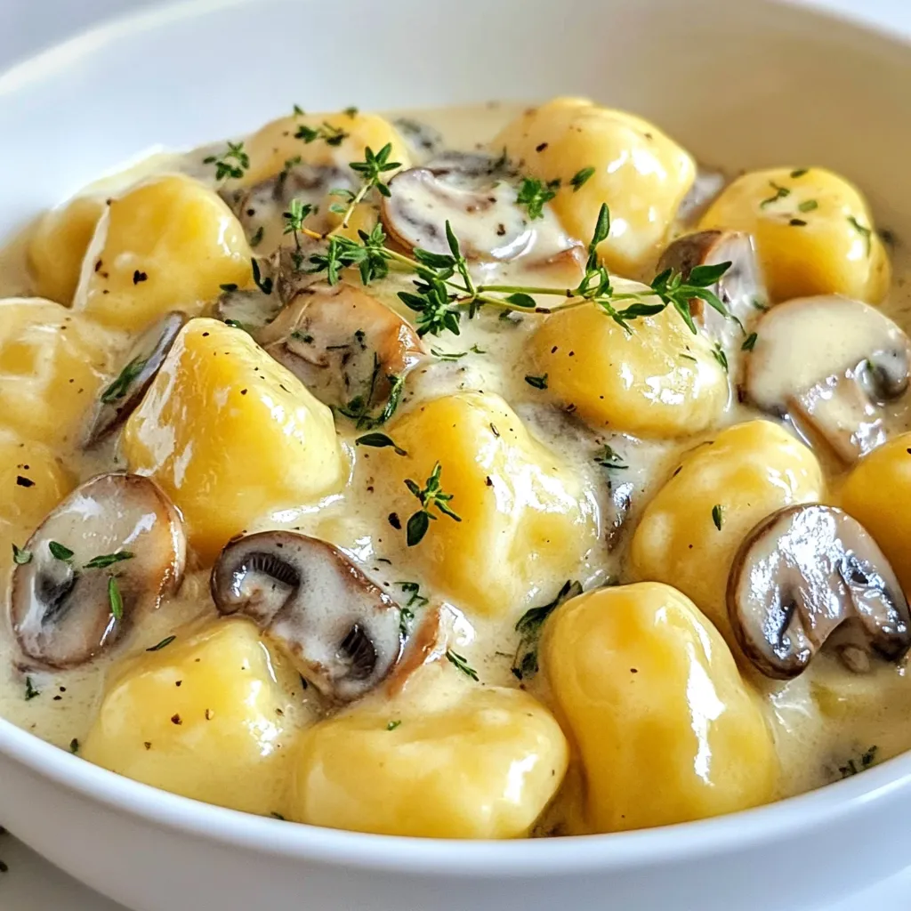 - 1 pound potato gnocchi - 2 cups mixed mushrooms (cremini, shiitake, and oyster), sliced - 1 medium shallot, finely chopped - 3 cloves garlic, minced - 1 cup heavy cream - 1/2 cup vegetable broth - 1/4 cup grated Parmesan cheese - 2 tablespoons olive oil - 1 tablespoon fresh thyme leaves (or 1 teaspoon dried thyme) - Salt and pepper to taste - Fresh parsley, chopped for garnish You can swap the potato gnocchi for gluten-free gnocchi if needed. For the mushrooms, you can use any mix you like. Button mushrooms work well too. If you want a lighter dish, use half-and-half instead of heavy cream. You can also use nutritional yeast instead of Parmesan for a vegan option. For shallots, yellow onions can work in a pinch. Mushrooms add great flavor and texture. Cremini mushrooms give a rich, earthy taste. Shiitake mushrooms have a meaty texture and add depth. Oyster mushrooms are light and slightly sweet. Mixing these varieties brings out the best in your creamy sauce. Feel free to experiment with other types, like portobello or enoki. Each adds its own twist to the dish! {{ingredient_image_1}} To start, bring a large pot of salted water to a boil. Add 1 pound of potato gnocchi. Cook until they float to the top, which takes about 2 to 3 minutes. This means they are ready. Drain the gnocchi and set them aside for later. Next, heat 2 tablespoons of olive oil in a large skillet over medium heat. Add 1 finely chopped shallot. Sauté it for about 2 to 3 minutes until it turns translucent. This adds flavor and sweetness. Then, add 2 cups of sliced mixed mushrooms and sauté them for 5 to 7 minutes until they are browned and tender. Stir in 3 minced garlic cloves and 1 tablespoon of fresh thyme. Cook for another minute until you smell the great aroma. Now, pour in 1/2 cup of vegetable broth and bring it to a gentle simmer. Let it cook for about 2 minutes. After that, add 1 cup of heavy cream and 1/4 cup of grated Parmesan cheese. Stir continuously for about 3 to 4 minutes until the cheese melts and the sauce thickens. Season with salt and pepper to taste. Add the drained gnocchi to the skillet. Gently toss them in the creamy mushroom sauce. Cook for an additional 2 to 3 minutes until everything is hot and well combined. Make sure the gnocchi are well-coated in the sauce. Once hot, take the skillet off the heat. Serve the creamy mushroom gnocchi in bowls. Garnish with chopped fresh parsley for a pop of color and flavor. Enjoy this delight with a side salad or garlic bread for a complete meal! To get that dreamy creamy sauce, keep a few things in mind. First, let the sauce simmer gently. This helps it thicken nicely. If you want it creamier, add more heavy cream. Remember, the cheese also adds creaminess, so don’t skip it. Stir constantly as you heat the sauce. This helps mix the flavors and prevents burning. You can boost the flavor of your dish with simple tweaks. Try adding a splash of white wine. It adds depth and brightness to the sauce. Fresh herbs like basil or rosemary can also give your dish a fresh twist. If you like a bit of heat, sprinkle in some red pepper flakes. Just a pinch can wake up the flavors! If your sauce is too thin, you can fix it easily. Let it cook longer to thicken. If it’s too thick, add a little more vegetable broth or cream. If the flavor seems flat, add more salt, pepper, or a squeeze of lemon juice. For burnt bits in the pan, don’t worry! Just scrape them off and add a little water to lift them up. Pro Tips Use Fresh Ingredients: Always opt for fresh mushrooms and herbs to enhance the flavor and aroma of your dish. Don’t Overcook the Gnocchi: Cook gnocchi just until they float; overcooking can make them mushy. Adjust the Creaminess: For a lighter sauce, you can substitute half of the heavy cream with milk or a plant-based alternative. Garnish for Freshness: Adding fresh parsley not only enhances the presentation but also adds a burst of freshness to the dish. {{image_2}} You can easily make this dish vegetarian. Just use vegetable broth instead of chicken broth. The heavy cream adds rich flavor, making it perfect for veggie lovers. You can also add more vegetables, like spinach or peas, for extra nutrition. They will blend well with the creamy sauce. If you need a gluten-free option, look for gluten-free gnocchi. Many brands offer this choice. You can find them in stores or make your own with gluten-free flour. The sauce is naturally gluten-free, so you don’t need to change it. Just make sure all your ingredients are gluten-free. Mushrooms add depth to your gnocchi. You can mix and match different types for unique flavors. Try using portobello, chanterelle, or button mushrooms. Each type brings its own taste and texture. Don’t be afraid to experiment! You might find your new favorite mix. To store leftovers, first let the gnocchi cool down. Place it in an airtight container. You can keep it in the fridge for up to three days. Make sure to seal it well to keep it fresh. If you notice any change in color or smell, it’s best to throw it away. You can freeze creamy mushroom gnocchi for later. Pack the cooled gnocchi in a freezer-safe bag. Squeeze out the air before sealing. It will last for about two months in the freezer. To make sure it tastes great, label the date on the bag. Remember, gnocchi may change texture after freezing, but it is still yummy! To reheat, take the gnocchi out of the fridge or freezer. If frozen, let it thaw overnight in the fridge. Warm it in a skillet over medium heat. Add a splash of vegetable broth or cream to help it heat evenly. Stir gently until it is hot. You can also use a microwave, but be careful not to overcook it. Enjoy your delicious meal again! I love using a mix of mushrooms. Cremini, shiitake, and oyster mushrooms work great together. Cremini adds a rich flavor, while shiitake brings a meaty texture. Oyster mushrooms add a delicate taste. You can mix and match based on what you find fresh at the store. Always go for fresh mushrooms for the best taste! Yes, you can prepare the creamy mushroom sauce ahead of time. Cook the sauce and store it in the fridge for up to two days. When you are ready to eat, just reheat it on low heat. Cook the gnocchi fresh, as they taste best when made right before serving. To make this dish dairy-free, swap heavy cream for coconut cream or cashew cream. Use a dairy-free cheese for the Parmesan. These options still give a nice, creamy texture. You can also use vegetable broth to keep the flavors rich. Creamy mushroom gnocchi pairs well with a simple green salad. A fresh arugula salad adds a nice peppery crunch. You can also serve it with garlic bread for a filling meal. A glass of white wine complements the dish perfectly. Enjoy your meal with friends or family for a cozy night in! In this blog post, we explored how to make creamy mushroom gnocchi. We discussed the key ingredients, including helpful substitutions and mushroom types. I shared step-by-step instructions for cooking and tips for a perfect creaminess. You learned about variations, storage, and common questions. Remember, this dish is flexible and easy to customize. Whether you prefer vegetarian options or gluten-free alternatives, you can make this recipe your own. Enjoy creating this rich, comforting meal and impress those around you with your culinary skills!