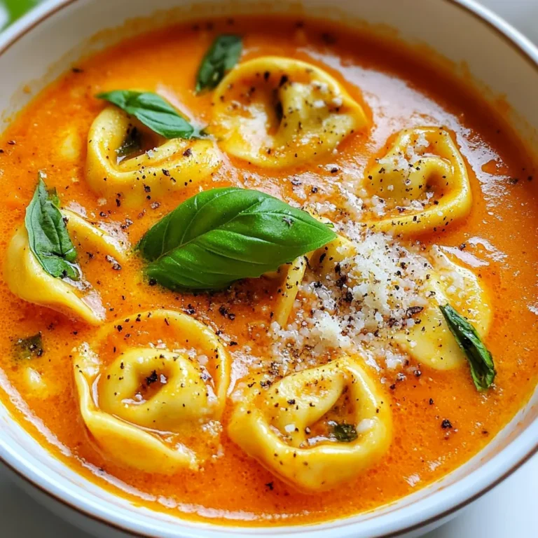 - 1 tablespoon olive oil - 1 small onion, finely chopped - 2 garlic cloves, minced - 1 can (28 oz) crushed tomatoes - 4 cups vegetable broth - 1 teaspoon dried basil - 1 teaspoon oregano - ½ teaspoon red pepper flakes (optional) - 1 package (9 oz) frozen cheese tortellini - 1 cup heavy cream or coconut cream for a dairy-free option - Salt and black pepper to taste - Fresh basil leaves for garnish - Grated Parmesan cheese (optional, for serving) Olive oil adds a rich flavor and helps cook the onion. The onion gives a sweet base to the soup. Garlic adds depth and aroma. Crushed tomatoes form the soup's main body, giving it a bright taste. Vegetable broth adds savory notes and helps blend all flavors together. Dried basil and oregano bring an herbaceous touch. Red pepper flakes add a little heat, but you can skip them if you prefer mild soup. Cheese tortellini makes this dish hearty and comforting. Heavy cream or coconut cream adds a rich, velvety texture to the soup. The fresh basil garnish gives a pop of color and freshness. Parmesan cheese, if used, enhances the umami flavor. If you don’t have olive oil, use any cooking oil you prefer. Yellow onion works, but shallots or red onions are great too. You can replace garlic with garlic powder if needed. Use fresh tomatoes instead of canned if you want a fresh taste. If you want a low-sodium option, choose low-sodium broth. You can use fresh herbs instead of dried ones; just double the amount. For a gluten-free version, look for gluten-free tortellini. Coconut cream is excellent if you're avoiding dairy, but you can also use almond milk for a lighter option. {{ingredient_image_1}} - Gather your ingredients: - 1 tablespoon olive oil - 1 small onion, finely chopped - 2 garlic cloves, minced - 1 can (28 oz) crushed tomatoes - 4 cups vegetable broth - 1 teaspoon dried basil - 1 teaspoon oregano - ½ teaspoon red pepper flakes (optional) - 1 package (9 oz) frozen cheese tortellini - 1 cup heavy cream or coconut cream - Salt and black pepper to taste - Fresh basil leaves for garnish - Grated Parmesan cheese (optional) - Start by chopping the onion and mincing the garlic. - Measure out your spices and cream. 1. Heat the olive oil in a large pot over medium heat. 2. Add the chopped onion. Sauté for about 5-7 minutes. Cook until the onion turns translucent. 3. Next, add the minced garlic. Cook for 1-2 minutes until you smell its rich aroma. 4. Pour in the crushed tomatoes and vegetable broth. Stir well to mix everything together. 5. Add the dried basil, oregano, and red pepper flakes if you want some heat. 6. Bring the soup mixture to a gentle simmer. Let it cook for about 10 minutes. 7. Stir in the frozen tortellini. Cook them following the package instructions, which usually takes around 3-5 minutes. 8. Once the tortellini is soft, lower the heat. Slowly stir in the heavy cream or coconut cream until it mixes well. 9. Season the soup with salt and black pepper to enhance the flavor. 10. Remove the pot from the heat. Serve the soup hot, garnished with fresh basil leaves. 11. If you like, sprinkle some grated Parmesan cheese on top for added richness. - This soup pairs well with crusty bread or a fresh salad. - For a fun twist, serve it in bread bowls for a cozy touch. - Enjoy it as a main dish, especially on chilly days. To make a great soup, start with fresh ingredients. I always use a sharp knife for chopping. This helps me get even pieces. Cook the onions until they are soft. This adds a nice base flavor. Heat the olive oil but don’t let it smoke. This keeps your soup tasty and healthy. For a rich, creamy soup, slowly stir in your cream. If you want a dairy-free option, use coconut cream. It gives a nice flavor without the dairy. Make sure to keep the heat low when adding the cream. This way, it blends well without curdling. One common mistake is cooking the tortellini too long. Follow the package time closely. Overcooked tortellini becomes mushy and loses flavor. Another mistake is not seasoning enough. Taste your soup before serving. Adjust the salt and pepper to your liking. Finally, don’t skip the fresh basil garnish. It adds flavor and looks great! Pro Tips Use Fresh Herbs: Fresh basil can elevate the flavor of your soup significantly. Add it towards the end of cooking for the best aroma and taste. Customize the Heat: Adjust the amount of red pepper flakes based on your heat preference. Start with a small amount and add more if you like it spicier. Thickening the Soup: For a thicker soup, blend a portion of the soup before adding the tortellini. This will give it a creamier texture. Leftover Storage: Store any leftovers in an airtight container in the fridge for up to 3 days. Reheat gently on the stove, adding a splash of broth if it thickens too much. {{image_2}} To make this soup vegan, swap the heavy cream for coconut cream. Coconut cream adds a rich taste without dairy. Use vegetable broth, as in the original recipe. Make sure to check the tortellini package for vegan options. Some brands offer plant-based tortellini to keep the meal fully vegan. Want to boost nutrition? Add extra veggies! Spinach, kale, or carrots work well. Chop them small and add them when you stir in the tortellini. Cook until they are tender. This makes the soup colorful and adds great flavor. If you want more protein, consider adding cooked chicken or beans. Shredded rotisserie chicken is a quick choice. For a vegetarian option, use white beans or chickpeas. Both add heartiness and protein. Mix them in just before serving to keep everything warm. Store any leftover creamy tomato tortellini soup in an airtight container. Make sure the soup cools down first. This keeps the soup fresh for about three to four days in the fridge. Label your container with the date. This way, you won’t forget when you made it. To reheat the soup, use a pot on the stove. Heat it over medium-low heat. Stir often to avoid burning. You can also use a microwave. Pour the soup into a microwave-safe bowl. Heat it in 30-second intervals, stirring each time. Check that it is hot throughout before serving again. If the soup thickens, add a splash of vegetable broth or water. You can freeze creamy tomato tortellini soup, but it’s best to do so before adding the cream. First, let the soup cool completely. Then, pour it into a freezer-safe container. Leave some space at the top for expansion. Seal it tightly and label with the date. It will last for up to three months in the freezer. When ready to eat, thaw it in the fridge overnight. Then, reheat and add the cream before serving. Yes, you can use fresh tortellini. Fresh tortellini cooks faster than frozen. Just reduce the cooking time by a couple of minutes. Keep an eye on the tortellini to avoid overcooking. They should be tender yet firm. Fresh tortellini adds a delightful texture to your creamy tomato tortellini soup. Serve this soup with warm, crusty bread. A side salad also complements it well. Garlic bread adds a nice touch, too. For a special treat, pair it with a sprinkle of grated Parmesan cheese. You can also offer some fresh basil for garnish. These sides enhance the flavors and make the meal more filling. This soup lasts about 3 to 4 days in the fridge. Store it in an airtight container. To keep it fresh, let it cool before sealing. If you see any changes in smell or color, it’s best to discard it. Reheat thoroughly before serving again. Enjoy it warm for a comforting meal! This blog post covered all the essential parts of making creamy tomato tortellini soup. We explored key ingredients, preparation steps, and tips for cooking. You learned about tasty variations and how to store leftovers properly. Remember to get creative with your ingredients and make this dish your own. With these insights, you can create a delicious soup that warms your soul. Dive in, enjoy the process, and impress your friends and family with your cooking!