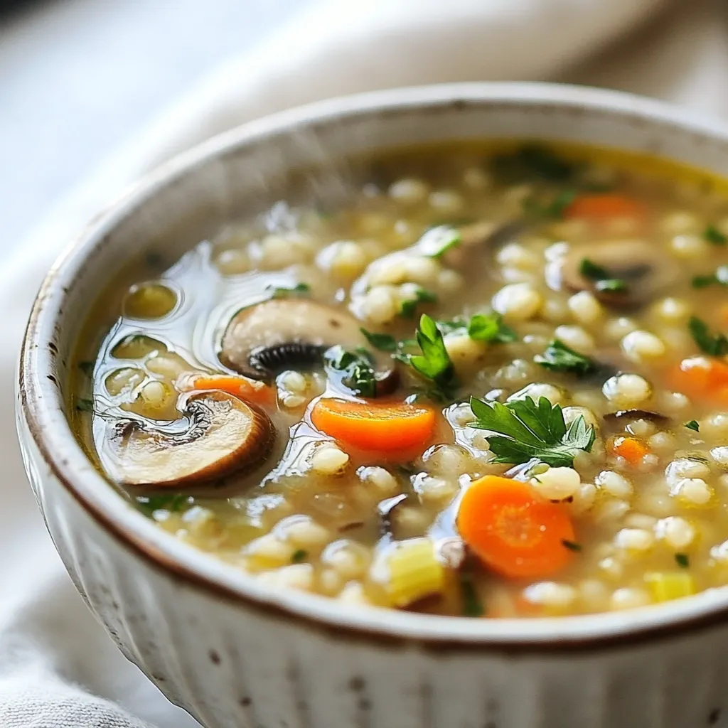 To make a hearty barley mushroom soup, gather these simple ingredients: - 1 cup pearl barley - 8 ounces mixed mushrooms, sliced (cremini, shiitake, or button) - 1 medium onion, diced - 2 cloves garlic, minced - 2 large carrots, diced - 2 celery stalks, diced - 4 cups vegetable broth - 2 cups water - 1 teaspoon dried thyme - 1 teaspoon dried rosemary - Salt and pepper to taste - 2 tablespoons olive oil - Fresh parsley, chopped (for garnish) Fresh ingredients make a big difference. They boost flavor and nutrition. Fresh mushrooms add umami and depth. Fresh herbs like parsley brighten the soup. Using fresh, quality ingredients ensures a rich taste. It also helps keep the dish healthy and satisfying. You can swap some ingredients if needed. If you don't have pearl barley, try farro or quinoa. Instead of mixed mushrooms, use just one type or canned mushrooms. For the vegetable broth, homemade stock works well too. Need a quicker option? Use pre-chopped onions and garlic. Remember, each substitute changes the taste a bit, so adjust your seasonings accordingly. {{ingredient_image_1}} First, gather your ingredients. You'll need: - 1 cup pearl barley - 8 ounces mixed mushrooms, sliced - 1 medium onion, diced - 2 cloves garlic, minced - 2 large carrots, diced - 2 celery stalks, diced - 4 cups vegetable broth - 2 cups water - 1 teaspoon dried thyme - 1 teaspoon dried rosemary - Salt and pepper to taste - 2 tablespoons olive oil - Fresh parsley, chopped Rinse the pearl barley under cold water to remove any dirt. This step helps to keep the soup clean. Dice the onion, carrots, and celery into small pieces. The smaller they are, the faster they cook. Slice the mushrooms thinly. This ensures they cook evenly and blend well in the soup. Heat 2 tablespoons of olive oil in a large pot over medium heat. Add the diced onion and let it sauté until it turns soft. This should take about 5 minutes. Next, add the minced garlic and cook for another minute. You want to smell that great garlic aroma! Now, add your diced carrots, celery, and sliced mushrooms. Cook this mix for about 7-10 minutes. You want the mushrooms to soften and release their moisture. Once they do, sprinkle in the dried thyme and rosemary. Stir everything to coat the veggies with the herbs. Pour in 4 cups of vegetable broth and 2 cups of water. Bring the mix to a boil. Once boiling, reduce the heat to low. Add the rinsed barley and stir well. Cover the pot and let it simmer for 30-40 minutes. The barley should be tender when done. To get the best texture, check the soup as it cooks. If it seems too thick, add a bit more water or broth. If it’s too thin, let it simmer longer without the lid. This helps reduce the liquid. Taste your soup before serving. Add salt and pepper to enhance the flavors. For a finishing touch, serve your soup hot and garnish it with freshly chopped parsley. It adds both color and flavor. Enjoy this warm and cozy dish! You can change the flavor of your soup easily. Start with the base. Use vegetable broth for a light taste. You can also try chicken broth for a richer flavor. Add more garlic for a stronger taste. If you like heat, add a pinch of red pepper flakes. For a fresh touch, squeeze some lemon juice just before serving. I prefer cooking barley in the soup. It absorbs the flavors well. Rinse your pearl barley under cold water before adding it. This step removes excess starch and helps it cook evenly. You can also cook barley separately. Boil it in water for about 30 minutes. Then, add it to your soup. This soup is already healthy, but you can add more nutrients. Toss in some spinach or kale right before serving. These greens add vitamins and minerals. You can also add beans for extra protein. If you want more fiber, include lentils or chickpeas. These small changes make your soup even better for you. Pro Tips Soak the Barley: For a quicker cooking time, soak the pearl barley in water for a few hours or overnight before adding it to the soup. Flavor Boost: Enhance the umami flavor of the soup by adding a splash of soy sauce or a tablespoon of miso paste along with the broth. Vegetable Variations: Feel free to add other vegetables like spinach, kale, or potatoes for extra nutrition and flavor. Storage Tips: This soup can be stored in the refrigerator for up to 3 days. Reheat gently on the stove and add a bit more broth if needed. {{image_2}} You can add protein to this soup for a heartier meal. Chicken or turkey works great. Simply cook bite-sized pieces in the pot before adding the vegetables. You can also use cooked beans or lentils for a plant-based option. These will not only add protein but also make the soup more filling. This soup is already vegetarian and can easily be made vegan. Just ensure you use vegetable broth. You can also swap out the olive oil for a vegan butter or use coconut oil for a unique flavor. Adding tofu or tempeh can enhance the protein content without losing the vegan aspect. To elevate the flavor, consider adding fresh herbs. Basil, dill, or cilantro can add a lovely taste. You may also try spices like cumin or smoked paprika for warmth. A squeeze of lemon juice right before serving brightens the soup nicely. Experiment with these to find your favorite flavor combinations! After enjoying your hearty barley mushroom soup, store any leftovers right away. You can place the soup in an airtight container. Make sure to let it cool down first. Store it in the fridge for up to three days. This keeps the soup fresh and safe to eat. When you’re ready to eat it again, the flavors will be even better! If you want to keep the soup for longer, freezing is a great option. First, let the soup cool completely. Then, pour it into freezer-safe bags or containers. Make sure to leave some space at the top, as the soup will expand when frozen. You can freeze it for up to three months. Just label the bags with the date so you know when to use them. Reheating the soup is easy. For the best taste, use the stove. Pour the soup into a pot over medium heat. Stir it often until it’s hot throughout. If the soup is too thick after freezing, add a bit of water or broth to thin it out. You can also use the microwave if you’re in a hurry. Just heat it in a microwave-safe bowl, stirring every minute until warm. Enjoy your cozy soup! Yes, you can make this soup in a slow cooker. Start by preparing the ingredients as you would for the stove. Sauté the onion and garlic in a pan with olive oil. Then, add them to your slow cooker. Next, add the carrots, celery, mushrooms, barley, broth, and water. Set your slow cooker to low and cook for 6 to 8 hours. If you want a quicker option, use the high setting for about 3 to 4 hours. The barley will become tender, and the flavors will blend well over time. Barley offers many health benefits. It is rich in fiber, which helps digestion. Fiber also keeps you feeling full longer. Barley is a good source of vitamins and minerals, including B vitamins, iron, and magnesium. These nutrients can boost your overall health. The beta-glucans in barley help lower cholesterol. Eating barley can also help control blood sugar levels. This makes it a great choice for anyone looking to eat healthier. To make this soup gluten-free, simply replace pearl barley with quinoa or brown rice. Both options provide a similar texture and will still make a hearty soup. Make sure that your vegetable broth is gluten-free as well. Check the labels to ensure there are no hidden gluten ingredients. With these swaps, you can enjoy this delicious soup without gluten. Enjoy a comforting bowl without worry. This blog post covered how to make a delicious barley soup. You learned about fresh ingredients and substitutes. We discussed step-by-step cooking instructions and tips for the best texture. I shared ways to adjust flavors and boost nutrition. You also discovered variations for different diets. Finally, we talked about storing leftovers and reheating them well. With this knowledge, you can create a nourishing and tasty soup that suits your needs. Enjoy your cooking journey!