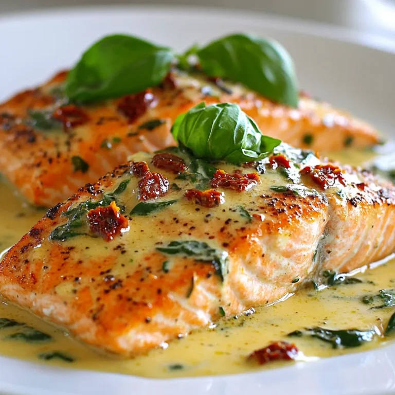 - 4 salmon fillets (about 6 oz each) - 1 cup fresh spinach, chopped - 1/2 cup sun-dried tomatoes in oil, drained and chopped - 1 cup heavy cream - 1/2 cup Parmesan cheese, grated - 3 cloves garlic, minced - 1 tablespoon olive oil - 1 teaspoon Italian seasoning - Salt and pepper to taste - Fresh basil leaves for garnish Gathering the right ingredients is key to a great dish. For this creamy sun-dried tomato Tuscan salmon, you will need fresh salmon fillets. They should be about six ounces each. Next, grab a cup of fresh spinach. The vibrant green adds color and nutrition. Sun-dried tomatoes bring a rich, tangy flavor. Use about half a cup, drained and chopped. Heavy cream is crucial for that velvety sauce. You will need one cup. Parmesan cheese adds a salty, nutty taste, so have half a cup, grated and ready to go. Garlic gives a strong aroma, so use three cloves, minced. Olive oil is necessary for cooking the salmon. One tablespoon will do. For seasoning, grab Italian seasoning, salt, and pepper. Finally, fresh basil leaves are perfect for garnishing the dish. They add a lovely touch and fresh flavor. These ingredients combine to make a delicious dish that will impress anyone at your table. {{ingredient_image_1}} To start, you need to season the salmon fillets. Sprinkle salt, pepper, and Italian seasoning on both sides. This will give your salmon great flavor. Next, heat olive oil in a large skillet over medium-high heat. Once the oil is hot, add the seasoned salmon fillets. Cook each side for about 4-5 minutes until they turn golden brown. You want them cooked all the way through. After this, remove the salmon from the skillet and set it aside on a plate. Now, let’s start making the creamy sauce. In the same skillet, add minced garlic. Sauté it for about 1 minute. You want the garlic to smell good but not burn. Then, lower the heat to medium-low. Pour in the heavy cream and stir it well. Next, add the grated Parmesan cheese. Stir constantly as the sauce simmers for about 2-3 minutes. You will see the cheese melt and the sauce become thick. It’s time to incorporate the spinach and sun-dried tomatoes. Stir in the chopped sun-dried tomatoes and spinach into the creamy sauce. Cook this mixture for an additional 2 minutes until the spinach wilts. Finally, return the salmon to the skillet. Spoon the creamy sauce over each fillet. Let it cook for one more minute to warm the salmon through. Your Creamy Sun-Dried Tomato Tuscan Salmon is now ready to serve! To make your salmon shine, start with good seasoning. Use salt, pepper, and Italian seasoning. Rub these spices on the fillets before cooking. This adds great flavor. When cooking, heat the olive oil in your skillet first. Then, add the salmon. Cook each side for about 4-5 minutes. Look for a golden brown color. This means it is just right. Avoid overcooking by keeping an eye on it. Salmon is best when it flakes easily with a fork. The creamy sauce is key to this dish. You can add herbs like thyme or parsley for extra flavor. You might also try a pinch of red pepper flakes for some heat. If you want a richer sauce, add more heavy cream. For a lighter touch, use less cream and add some chicken broth. The creaminess can be adjusted to your liking, making it fun to experiment! Pro Tips Choose Fresh Salmon: Opt for wild-caught salmon when possible; it has better flavor and texture compared to farmed salmon. Perfectly Sear the Salmon: For a crispy exterior, ensure the skillet is hot before adding the salmon, and avoid overcrowding the pan. Customize the Sauce: Add a pinch of red pepper flakes for a spicy kick or a squeeze of lemon juice for brightness. Serving Suggestions: This dish pairs well with pasta, rice, or a fresh salad for a complete meal experience. {{image_2}} You can change up the protein in this dish. Instead of salmon, try chicken or shrimp. Both options pair well with the creamy sauce. Chicken fillets will cook similarly, while shrimp cooks faster. Adjust the cooking time to keep them juicy. For cheese swaps, you can use feta or goat cheese. These cheeses bring different flavors. Feta adds a tangy taste, while goat cheese gives a creamy texture. Feel free to experiment until you find your favorite! If you need a gluten-free version, check your heavy cream and cheese. Most brands are gluten-free, but it’s best to read labels. You can also use gluten-free pasta as a side dish. For vegan alternatives, replace the salmon with tofu or chickpeas. Use coconut cream instead of heavy cream. Nutritional yeast can replace Parmesan cheese for a cheesy flavor. This keeps your dish creamy and flavorful while meeting dietary needs. To store leftovers, let the salmon cool first. Place it in an airtight container. You can also store the creamy sauce separately if you want to keep it fresh. If stored properly, it lasts about 3 days in the fridge. Make sure to check for any signs of spoilage before eating. When reheating, use medium-low heat on the stovetop. This method helps keep the salmon moist. Add a splash of cream to the sauce to help restore its creamy texture. Stir gently to avoid breaking apart the salmon. You can also use a microwave, but do it in short bursts. Cover the dish to keep moisture in. Enjoy your creamy dish warm! Cooking salmon on the stove takes about 4-5 minutes per side. Thicker fillets need more time. If your salmon is 1 inch thick, aim for 8-10 minutes total. Use a fork to check if it flakes easily. The salmon should reach an internal temperature of 145°F. Yes, you can freeze this dish. To freeze, let it cool first. Then, place it in a freezer-safe container. Cover it tightly to avoid freezer burn. It can last for up to three months. To thaw, move it to the fridge overnight. Reheat it gently on the stove or in the microwave. This dish pairs well with many sides. Try creamy mashed potatoes for a classic touch. Steamed asparagus adds a nice crunch. A fresh salad with lemon vinaigrette balances the richness. You can also serve it with crusty bread to soak up the sauce. This blog post covered a delicious salmon recipe with an easy creamy sauce. We looked at the key ingredients, cooking steps, and useful tips. You can customize this dish with different proteins and dietary options. Storing leftovers and reheating them properly keeps meals tasty. I hope these insights inspire you to create this scrumptious salmon at home. Enjoy your cooking adventure!