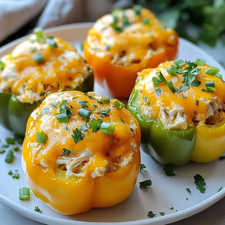 - 4 large bell peppers (any color) - 2 cups cooked shredded chicken - 1/2 cup buffalo sauce - 1/2 cup cream cheese, softened - 1 cup shredded cheddar cheese - 1/2 cup celery, finely chopped - 1/4 cup green onions, sliced - 1 teaspoon garlic powder - Salt and pepper to taste - Fresh parsley, chopped (for garnish) To make the best Buffalo Chicken Stuffed Peppers, start with fresh ingredients. Choose colorful bell peppers to brighten your meal. You can pick green, red, yellow, or orange peppers. Each color adds a unique touch. Using cooked shredded chicken is key. You can use leftover chicken or even store-bought rotisserie chicken. The buffalo sauce gives the dish its signature flavor. Adjust the amount to fit your spice level. Cream cheese adds a rich and creamy texture. It balances the heat from the buffalo sauce. Shredded cheddar cheese tops off the dish with a delicious melted finish. Celery adds some crunch, while green onions give a fresh taste. Garlic powder enhances the flavor without extra effort. Don't forget to season with salt and pepper. Lastly, fresh parsley not only garnishes the dish but also adds freshness. This mix of ingredients makes every bite a flavorful experience. {{ingredient_image_1}} - Preheat the oven to 375°F (190°C). - Wash the bell peppers. - Cut the tops off the peppers. - Remove the seeds and membranes. - Set the cleaned peppers aside. - In a large bowl, combine: - 2 cups cooked shredded chicken - 1/2 cup buffalo sauce - 1/2 cup softened cream cheese - 1/2 cup finely chopped celery - 1/4 cup sliced green onions - 1 teaspoon garlic powder - Salt and pepper to taste Mix well until everything is blended. The filling should be creamy and flavorful. - Stuff each pepper generously with the chicken mixture. - Pack the filling down slightly. - Place the stuffed peppers upright in a baking dish. - If needed, add a bit of water to the dish for steam. - Top each pepper with 1 cup of shredded cheddar cheese. - Cover the dish with aluminum foil. - Bake in the oven for 25 minutes. - Remove the foil and bake for an additional 10-15 minutes. - The peppers should be tender, and the cheese should be bubbly and golden. - Let the peppers cool for a few minutes before serving. - Garnish with fresh parsley for a pop of color. To adjust the spice in your buffalo chicken stuffed peppers, change the amount of buffalo sauce. If you like it spicy, use more sauce. For a milder taste, reduce the sauce by half. You can also add a bit of honey or sugar to balance the heat. This makes the dish sweet and spicy. If you want to switch up the cheese, try different kinds. Mozzarella gives a nice stretch and mild flavor. Pepper jack adds a spicy kick that pairs well with buffalo sauce. Feta brings a tangy twist, while gouda adds a smoky touch. Mix and match to find your favorite! You can prepare buffalo chicken stuffed peppers in advance. Mix the filling and stuff the peppers. Cover and store them in the fridge for up to 24 hours. When you’re ready, bake them straight from the fridge. Just add a few extra minutes to the cooking time. This saves you time on busy days! Pro Tips Adjust the Heat: If you prefer a milder flavor, reduce the amount of buffalo sauce or mix it with some ranch dressing to balance the spiciness. Make Ahead: Prepare the stuffed peppers in advance and store them in the fridge. When ready to serve, just pop them in the oven for a quick reheat. Try Different Cheeses: Experiment with other types of cheese like mozzarella or pepper jack for a different flavor profile and texture. Vegetarian Option: Substitute shredded chicken with cooked quinoa or chickpeas for a delicious vegetarian version of these stuffed peppers. {{image_2}} You can switch up the protein in these stuffed peppers. Ground turkey works great as a lean alternative. Just cook it first, then mix it with the buffalo sauce and cheese. If you want a plant-based option, use tofu. Crumble firm tofu and sauté it with some spices. Then, mix it like you would with chicken. Both options keep the dish tasty and filling. To make a meatless stuffed pepper, skip the chicken entirely. Instead, use a mix of black beans, corn, and quinoa. These ingredients add protein and texture. Combine them with buffalo sauce and cream cheese for that creamy kick. You can also add more veggies like diced zucchini or mushrooms for extra flavor and nutrition. Enhance your stuffed peppers with other vegetables or spices. Chopped spinach or kale adds greens and nutrition. You could also stir in some diced tomatoes or bell pepper tops for more flavor. For a kick, add crushed red pepper or smoked paprika. These small changes will make your dish unique and exciting each time you prepare it! To keep your Buffalo Chicken Stuffed Peppers fresh, let them cool first. Place the peppers in an airtight container. Store them in the fridge for up to three days. For longer storage, you can freeze them. Wrap each pepper tightly in plastic wrap. Then, place them in a freezer bag. They will last for about three months in the freezer. When you are ready to eat them, thaw in the fridge overnight. To reheat the stuffed peppers, preheat your oven to 350°F (175°C). Place the peppers in a baking dish. Cover the dish with foil to keep them moist. Bake for about 20 minutes or until heated through. If you prefer, you can also microwave them. Place one pepper on a microwave-safe plate. Heat for two to three minutes, checking to see if it's hot. Enjoy your delicious meal again! Yes, you can use any color of bell pepper. Each color has a slight taste difference. Red peppers are sweet and rich. Yellow and orange peppers are also sweet but milder. Green peppers are more bitter. Choose what you like best for these stuffed peppers. These stuffed peppers pair well with many sides. Try a fresh salad to add crunch. You can also serve them with rice or quinoa for a hearty meal. For a fun twist, serve with tortilla chips and salsa. These options enhance the flavors of the peppers. Buffalo chicken stuffed peppers can last for about 3 to 4 days in the fridge. Store them in an airtight container to keep them fresh. Make sure to reheat them well before serving. If you want to keep them longer, consider freezing. This blog post covered how to make tasty Buffalo Chicken Stuffed Peppers. We shared key ingredients, steps for prepping, mixing, and baking. You learned how to customize spice levels and use different cheeses. We explored variations, including vegetarian options and alternative proteins. Storing leftovers properly and reheating them was also addressed. Enjoy your cooking and the delicious flavors of these stuffed peppers. They are easy to make and fun to share. Try them out today!