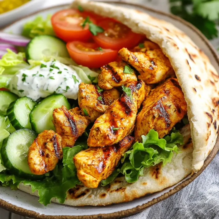 To make your chicken gyros, you need a few key items. Here’s what to gather: - 2 large chicken breasts, boneless and skinless - 3 tablespoons Greek yogurt - 2 tablespoons olive oil - 2 cloves garlic, minced - 1 teaspoon dried oregano - 1 teaspoon paprika - Juice of 1 lemon - Salt and pepper to taste These ingredients create a tasty marinade. The Greek yogurt adds creaminess and flavor. The olive oil helps to keep the chicken moist while cooking. Garlic, oregano, and paprika give the chicken a rich taste. The lemon juice adds a nice zing. Next, you’ll want fresh veggies to top your gyros. Here’s what you should have: - 1 cup cucumber, diced - 1 cup tomatoes, diced - 1/2 red onion, thinly sliced - 1/2 cup lettuce, shredded These veggies add crunch and freshness. The cucumber cools the dish, while the tomatoes and red onion bring in a burst of flavor. Lettuce gives a nice texture, making each bite enjoyable. For some extra flair, consider these garnishes: - Fresh parsley, for garnish - Extra dollop of Greek yogurt Parsley adds a pop of color and a fresh taste on top. A dollop of Greek yogurt can enhance the creaminess and flavor. You can make your gyros look even more appealing with these simple touches. {{ingredient_image_1}} First, gather your ingredients. You need Greek yogurt, olive oil, minced garlic, dried oregano, paprika, lemon juice, salt, and pepper. In a large bowl, mix these items well. The yogurt gives the chicken a creamy texture. Olive oil adds flavor and helps keep the chicken moist. The spices and lemon juice enhance the taste. Next, take the chicken breasts. Cut them into thin strips. Add the chicken to the marinade in the bowl. Toss the strips until they are fully coated. Cover the bowl with plastic wrap. Place it in the fridge for at least one hour. For the best flavor, marinate overnight. When you are ready to cook, heat your grill or grill pan to medium-high. Remove the chicken from the marinade. Place the chicken strips on the grill. Cook for about 5-7 minutes on each side. You want nice grill marks and the chicken to reach 165°F (75°C). Let the chicken rest for a few minutes after grilling. This keeps it juicy. Now it’s time to build your gyros. Warm the whole wheat pita breads in a hot pan for 30 seconds on each side. This makes them soft and easy to fold. Place sliced chicken in the center of each pita. Top with diced cucumbers, tomatoes, red onion, and shredded lettuce. For a nice touch, garnish with fresh parsley. You can also add extra Greek yogurt if you like. Serve each gyro on a plate with a side of tzatziki sauce. This adds a cool and creamy flavor. Wrap the bottom of the pita in parchment paper. This makes it easier to hold and eat. Enjoy this colorful and tasty meal! To grill chicken perfectly, start with a good marinade. This helps keep the meat juicy. I recommend marinating your chicken for at least one hour. If you have time, let it marinate overnight. This allows flavors to soak in better. Always preheat your grill before adding the chicken. Aim for medium-high heat for the best sear. Grill each strip for about 5-7 minutes on each side. Use a meat thermometer to check for doneness. It should reach 165°F (75°C). Let it rest after grilling. This step locks in moisture. To boost the taste of your chicken gyros, try adding spices to your marinade. A pinch of sumac can add a tangy touch. You can also include a splash of red wine vinegar for extra zest. When serving, drizzle some tzatziki sauce over the top. This creamy sauce pairs well with the grilled chicken. Fresh herbs like dill or mint can also enhance the flavor. Don’t forget to season the vegetables too. A sprinkle of salt and pepper can make a big difference. For a vibrant meal, serve your gyros with a side of tzatziki sauce. This cool dip complements the warm chicken perfectly. You can also add a side salad with greens, tomatoes, and cucumbers. This adds color and freshness. If you want a crunchy texture, consider adding pickled vegetables. Wrap the bottom of each pita in parchment paper. This makes them easier to hold and keeps them warm. Enjoy your gyros with friends or family for a fun meal. Pro Tips Marinate Longer for Flavor: Allow the chicken to marinate overnight for a more intense flavor and juiciness. Grill at the Right Temperature: Ensure your grill is preheated to medium-high heat for perfect grill marks and even cooking. Customize Your Toppings: Feel free to add other toppings like feta cheese, olives, or avocado for a unique twist. Keep Pitas Warm: Wrap the warm pita breads in a clean kitchen towel to keep them soft and warm while you assemble the gyros. {{image_2}} You can swap chicken for other proteins in this recipe. Try turkey, beef, or lamb. Each option brings its own taste. Adjust cooking times based on the protein you choose. For example, turkey cooks faster than chicken. Always check the internal temperature to ensure safety. For a meat-free choice, use grilled mushrooms or jackfruit. These options soak up flavors well. You can also try marinated tofu or tempeh. Both provide a great texture and protein. Just follow the same marinade steps and grill them as you would chicken. Change the marinade to switch up flavors. For a spicy kick, add chili powder or cayenne. If you like herbs, try fresh dill or basil. A bit of honey can add sweetness too. Mix things up to find your perfect taste combination. Experimenting keeps meals fun and exciting! You can keep leftover chicken gyros in the fridge. Place the gyros in an airtight container. They will stay fresh for up to three days. If you have leftover chicken, store it separately. This way, the pita won't get soggy. You can freeze the chicken gyros for later. Wrap each gyro tightly in plastic wrap. Then, place them in a freezer bag. They will last for up to three months in the freezer. When you are ready to eat, thaw them in the fridge overnight. To reheat, you can use the oven or stove. Preheat your oven to 350°F (175°C). Wrap the gyros in foil and heat for about 15 minutes. For the stove, warm a pan over medium heat. Heat the gyros for about 5 minutes on each side. Make sure they are hot all the way through. Enjoy your tasty meal! You should marinate the chicken for at least 1 hour. This time lets the chicken soak up the flavors. For the best taste, try marinating overnight. The longer you marinate, the more the spices blend into the meat. Yes, you can make this recipe gluten-free! Just swap the whole wheat pita for gluten-free pita or lettuce wraps. This change keeps all the tasty flavors while making it great for gluten-free diets. Chicken gyros pair well with a variety of sides. Here are some ideas: - Tzatziki sauce - Greek salad - Roasted vegetables - Sweet potato fries - Rice or quinoa These sides add more flavor and texture to your meal. To keep your chicken juicy, don’t overcook it. Grill the chicken until it reaches 165°F (75°C). Also, let it rest for a few minutes after cooking. This resting time helps the juices stay inside the meat. Marinating the chicken also helps it stay moist and flavorful. In summary, we covered the key ingredients for chicken gyros, from marinade to garnishes. The step-by-step guide helps you prepare, grill, and assemble your dish with ease. Tips and tricks ensure great flavor and grilling success. We explored variations for proteins and storage methods. Finally, I answered common questions to boost your confidence. With these insights, you can create delicious chicken gyros that impress everyone. Enjoy your cooking adventure!