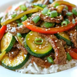 - 1 pound beef sirloin - 2 medium zucchinis - 1 red bell pepper - 1 cup snap peas - Soy sauce - Oyster sauce - Sesame oil - Cornstarch - Sesame seeds - Sliced green onions When I make zucchini beef stir fry, I love using fresh and vibrant ingredients. The beef sirloin adds a rich taste. The zucchinis provide a nice crunch. Red bell peppers bring a sweet flavor. Snap peas add a pop of color and texture. For seasoning, soy sauce and oyster sauce are key. They create a tasty, savory base. Sesame oil adds a nutty finish that brings all the flavors together. I thicken the sauce with cornstarch mixed with water for a silky texture. Finally, I love to garnish my dish with sesame seeds and sliced green onions. They add a beautiful touch. Plus, they boost the flavor and make the dish look special. Gather these ingredients, and you're on your way to a quick and delicious meal! {{ingredient_image_1}} - Marinate the beef Start by slicing 1 pound of beef sirloin thinly. In a bowl, mix the beef with 2 tablespoons of soy sauce and a pinch of black pepper. Let it sit for 15 minutes. This helps the beef soak up flavor. - Prepare vegetables While the beef marinates, wash and slice 2 medium zucchinis into half-moons. Slice 1 red bell pepper and trim 1 cup of snap peas. Have 3 cloves of garlic minced and 1 tablespoon of fresh ginger grated. - Heat the pan Place a large skillet or wok on medium-high heat. Add 1 tablespoon of vegetable oil. Heat until the oil shimmers. This means it’s ready for cooking. - Cook the beef Add the marinated beef to the hot skillet. Stir-fry for about 3-4 minutes. You want it to brown nicely. Once done, remove the beef and set it aside. - Sauté vegetables In the same skillet, add the minced garlic and grated ginger. Sauté for about 30 seconds until you smell the aroma. Then, toss in the zucchini, bell pepper, and snap peas. Stir-fry for 4-5 minutes until the veggies are tender but still crisp. - Combine beef and vegetables Return the cooked beef to the skillet. Pour in the remaining soy sauce and 1 tablespoon of oyster sauce. Stir everything well to mix the flavors. - Thicken the sauce Mix 1 teaspoon of cornstarch with 2 teaspoons of water in a small bowl. Pour this mixture into the stir fry. Cook for another 1-2 minutes, stirring to coat everything evenly. - Serve presentation tips Once done, stir in 1 tablespoon of sesame oil. Taste and adjust with salt and pepper if needed. Serve the stir fry hot over steamed jasmine rice or quinoa. Garnish with sesame seeds and sliced green onions for a lovely touch. - High heat for stir-frying: Use high heat to stir-fry your beef and veggies. This helps them cook fast and stay crisp. It also gives your dish a nice sear. - Use of fresh ingredients: Fresh produce makes a big difference. Use fresh zucchini, bell peppers, and snap peas for the best taste and texture. - Recommended seasonings: Soy sauce and oyster sauce add great flavor. Use them to coat your beef and veggies. - Adding spices for depth: Try adding garlic and ginger. They make the dish smell amazing and taste even better. A pinch of black pepper also boosts the flavor. - Overcooking vegetables: Keep an eye on your veggies. Stir-fry them until just tender to keep their crunch and bright color. - Not marinating the beef properly: Marinate the beef for at least 15 minutes. This helps it soak up flavor and stay juicy. Pro Tips Marinate for Flavor: Allow the beef to marinate for at least 15 minutes to enhance its flavor and tenderness. High Heat is Key: Use medium-high heat to ensure the beef gets a nice sear while keeping the vegetables crisp. Veggie Variety: Feel free to add your favorite vegetables like broccoli or carrots for more color and nutrients. Serving Suggestions: Serve over jasmine rice or quinoa, and don’t skip the garnish of sesame seeds and green onions for added texture and flavor. {{image_2}} You can switch out the beef for chicken or tofu. - Chicken: Use 1 pound of thinly sliced chicken breast. Cook it the same way you cook the beef. The chicken adds a lighter taste. - Tofu: For a vegan option, use firm tofu. Press the tofu to remove water, then cube it. Stir-fry until golden brown. Tofu soaks up flavors well. You can mix and match veggies in this stir fry. - Broccoli: Add small florets for a nice crunch. Broccoli pairs well with the sauces. - Carrots: Slice them thinly or use a peeler for ribbons. Carrots add sweetness and color to the dish. Try different sauces to change the flavor. - Teriyaki: This sweet sauce adds a nice glaze. Use it in place of soy sauce for a fun twist. - Hoisin: This sauce offers a sweet and spicy taste. It can replace the oyster sauce for a unique flavor. Feel free to mix and match these options. Each change can make the dish new and exciting! - In the refrigerator: Place any leftover stir fry in an airtight container. It stays fresh for up to three days. Make sure to cool it to room temperature before sealing. This helps keep it from getting soggy. - Freezer storage tips: If you want to keep it longer, freeze the stir fry. Use a freezer-safe bag or container. It can last for up to three months. Just remember to label it with the date. - Best methods for reheating: The best way to reheat your stir fry is on the stove. Use a non-stick pan over medium heat. Stir it often to warm it evenly. You can also use a microwave, but stir halfway through for even heating. - Preventing soggy vegetables: To avoid mushy veggies, add a splash of water when reheating. This keeps the moisture just right. If using the stove, heat quickly and avoid overcooking. Enjoy your tasty leftovers! You can serve this dish with several sides. Here are some great options: - Steamed jasmine rice - Brown rice or quinoa - Noodles, like rice noodles or soba - A fresh green salad - Stir-fried bok choy Each side adds a unique taste and texture. For example, jasmine rice soaks up flavors well. Quinoa provides a nutty flavor, while noodles add a fun twist. Cutting zucchini for stir fry is simple. Here’s how to do it: - Wash the zucchini. - Trim both ends. - Slice the zucchini into half-moons. - Aim for about ¼-inch thick slices. Half-moons cook evenly and look great. If you prefer, you can also cut them into matchsticks. This shape adds a nice crunch to the dish. Yes, you can make this stir fry ahead of time. Here are some tips: - Cook the beef and veggies, then cool them down. - Store them in an airtight container in the fridge. - Reheat in a hot pan or microwave. Making it ahead saves time on busy nights. However, for the best taste, add the sauce just before serving. This keeps flavors fresh. This blog post covers how to make a tasty Zucchini Beef Stir Fry. You learned about the fresh ingredients, seasonings, and easy steps to prepare it. I shared tips for great cooking and common mistakes to avoid. There are also fun variations to try with different proteins and veggies. Finally, I included storage tips so you can enjoy leftovers later. Now you're ready to whip up this dish and impress your family or friends with your skills!