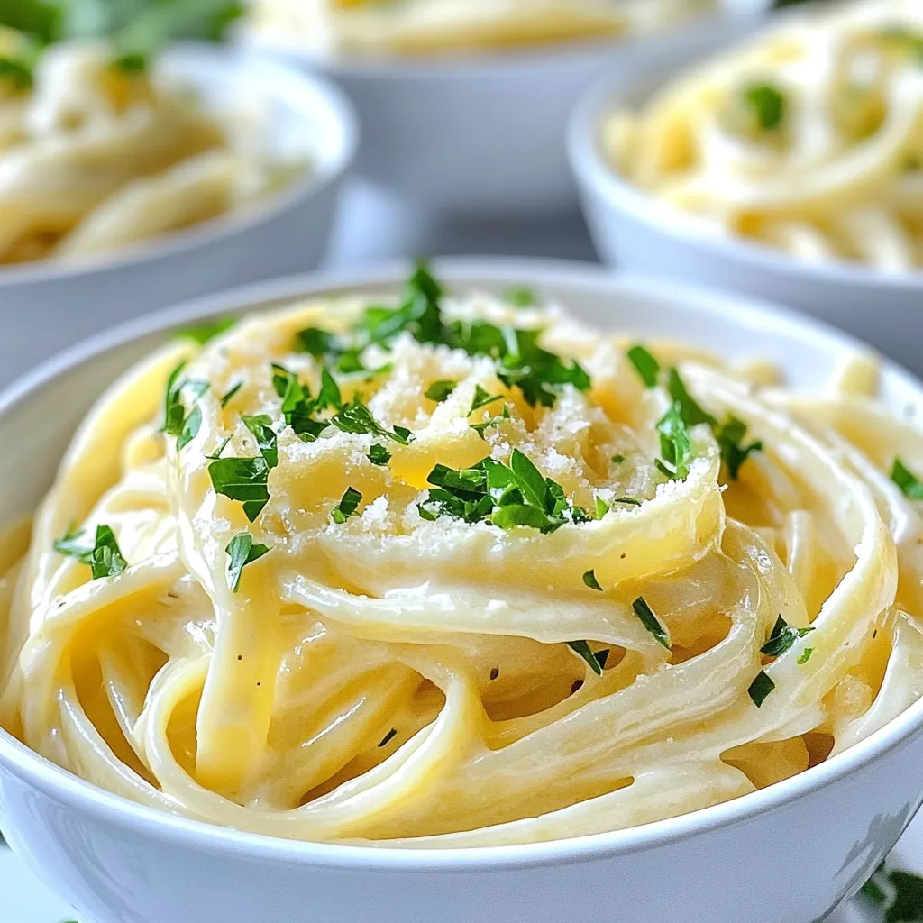 To make this dish, you'll need a few key items. Here’s the list of main ingredients: - 8 oz fettuccine or spaghetti - 4 cloves garlic, minced - 2 tablespoons olive oil - 4 cups vegetable broth - 1 cup heavy cream (or coconut cream for a dairy-free option) - 1 cup grated Parmesan cheese (or nutritional yeast for a vegan option) - 1 teaspoon dried oregano - Salt and black pepper to taste - Fresh parsley, chopped (for garnish) These ingredients create a rich and creamy sauce that coats the pasta perfectly. The garlic adds a nice kick, while the cheese gives a savory depth. You can change this dish to fit your taste. Here are some optional ingredients you might like: - Cooked chicken or shrimp for protein - Spinach or broccoli for added veggies - Red pepper flakes for some heat - Sun-dried tomatoes for a tangy twist Feel free to mix and match these for your ideal dish. Each addition brings a new layer of flavor and texture. If you want to make this dish dairy-free or vegan, it's easy! Here are some smart swaps: - Use coconut cream instead of heavy cream. It gives a nice richness. - Replace Parmesan cheese with nutritional yeast. It adds a cheesy flavor without dairy. These changes keep the dish creamy and tasty, while fitting different diets. Enjoy making it your own! {{ingredient_image_1}} Start by heating 2 tablespoons of olive oil in a large pot over medium heat. Once the oil is warm, add 4 minced garlic cloves. Sauté the garlic for 1 to 2 minutes. You want it fragrant but not burnt. Stir it gently to avoid any dark spots. This step gives the dish a rich, bold flavor. Next, pour in 4 cups of vegetable broth. Bring it to a boil. Once boiling, add 8 ounces of fettuccine or spaghetti. Make sure the pasta is fully submerged. Stir occasionally for about 8 to 10 minutes, following the package instructions. The pasta should be al dente and soak up the broth's flavors. After cooking the pasta, reduce the heat to low. Now, mix in 1 cup of heavy cream and 1 cup of grated Parmesan cheese. Stir well until the cheese melts and the sauce thickens, which takes about 2 to 3 minutes. Add 1 teaspoon of dried oregano, salt, and black pepper to taste. The sauce should be creamy and coat the pasta beautifully. Remove it from heat and let it sit for a couple of minutes. This allows the sauce to thicken further. Serve it warm, topped with chopped parsley for a fresh touch. To avoid overcooking garlic, keep a close eye on it. When you heat the olive oil, add the minced garlic. Sauté it for just 1-2 minutes. You want it fragrant but not brown. If it burns, the taste turns bitter. So, stir often and be ready to move to the next step. For perfect pasta, follow the cooking time on the package. Use the vegetable broth for flavor. Stir the pasta often as it cooks. This helps it cook evenly and prevents sticking. When you combine the cream and cheese, the sauce will thicken. If it feels too thick, add a splash of broth. You want a creamy, smooth texture, not a clump. Garnishing makes the dish pop. Use fresh parsley, chopped finely, for color and freshness. You can also drizzle a bit of olive oil on top. If you like cheese, add more grated Parmesan. This not only looks nice but adds flavor too. A sprinkle of black pepper can add a nice touch. Enjoy the beauty of your dish as much as its taste! Pro Tips Perfect Pasta: To achieve the best texture, cook the pasta until it is al dente, as it will continue to cook slightly in the sauce. Flavor Boost: Add a pinch of red pepper flakes while sautéing the garlic for a subtle kick of heat that complements the creaminess. Consistency Check: If the sauce is too thick, add a little extra vegetable broth or pasta water to reach your desired consistency. Fresh Herbs: Experiment with different herbs like basil or thyme for a fresh twist on flavor; they can enhance the dish beautifully. {{image_2}} If you want to boost the protein in your One Pot Creamy Garlic Pasta, add meat. Chicken or shrimp work great here. For chicken, slice it into bite-sized pieces. Sauté it in olive oil before adding garlic. Cook until no longer pink. For shrimp, toss them in after the garlic. They cook quickly and add a nice touch. You can easily make this dish more colorful and healthy by adding vegetables. Spinach, bell peppers, and mushrooms fit well. Chop them up and sauté them with the garlic. The flavors meld nicely with the sauce. You can also add zucchini or asparagus for a fresh taste. Make sure to adjust the cooking time for each veggie to keep them tender. If you need a gluten-free option, there are many pasta types to choose from. Look for gluten-free fettuccine or spaghetti made from rice or lentils. These cook similarly to regular pasta. Just follow the package instructions. The creamy sauce pairs well with these alternatives, making your meal just as tasty and satisfying. To store leftover One Pot Creamy Garlic Pasta, let it cool first. Transfer it to an airtight container. You can keep it in the fridge for up to three days. Avoid letting it sit at room temperature for too long. If you want to keep it fresher for longer, consider freezing it. When reheating, add a splash of vegetable broth or cream. This helps restore creaminess. Heat it slowly on the stove over low heat. Stir often to prevent sticking. You can also use a microwave. Heat it in short bursts, stirring in between. This keeps the pasta from getting dry. To freeze the pasta, ensure it cools completely. Then, scoop portions into freezer-safe bags or containers. Try to remove as much air as possible. This helps prevent freezer burn. Label the bags with the date. You can freeze it for up to two months. When ready to eat, thaw it in the fridge overnight before reheating. Yes, you can make this pasta dish ahead of time. Cook the pasta and sauce, then let it cool. Store it in an airtight container in the fridge for up to three days. Reheat it in a pot over low heat. Add a splash of broth or cream to keep it creamy. This way, you enjoy a quick meal on busy nights. To boost the flavor, try these tips: - Add more garlic for a stronger taste. - Use fresh herbs like basil or thyme. - Squeeze fresh lemon juice for brightness. - Toss in some red pepper flakes for heat. - Mix in roasted vegetables for extra flavor and nutrition. These simple changes can elevate your dish and impress your family. Yes, you can easily make this dish vegan. Use coconut cream in place of heavy cream. Substitute Parmesan cheese with nutritional yeast. This keeps the creamy texture while making it plant-based. You can still enjoy the same great taste while aligning with your dietary needs. In this post, we explored the delicious world of One Pot Creamy Garlic Pasta. We discussed essential ingredients, simple steps, and helpful tips for perfecting this dish. I shared ways to make it vegan or add meat for variety. Storing and reheating tips help you enjoy leftovers too. Remember, this pasta is versatile and easy to make. Whether you’re a beginner or a seasoned cook, you can impress anyone with this dish. Enjoy your cooking and savor every bite!
