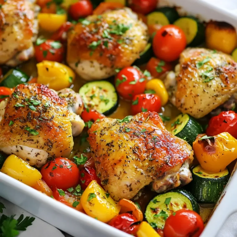 - 4 bone-in, skin-on chicken thighs - Assorted vegetables: bell pepper, zucchini, yellow squash, cherry tomatoes, red onion - 2 tablespoons olive oil - 1 teaspoon garlic powder - 1 teaspoon onion powder - 1 teaspoon dried thyme - 1 teaspoon smoked paprika - Salt and pepper to taste - Fresh parsley for garnish Gathering the right ingredients is key to a great meal. The chicken thighs provide rich flavor and juicy meat. Skin-on thighs roast well, giving crispy skin that everyone loves. You can pick colorful veggies like bell peppers and cherry tomatoes. They add both taste and a pop of color. Zucchini and yellow squash are great for texture. Red onion brings a nice sweetness when roasted. For the marinade, use olive oil as the base. It helps the spices stick to the chicken. Garlic powder and onion powder add depth. Dried thyme gives a nice herbal note. Smoked paprika adds a warm, smoky flavor. Make sure to season with salt and pepper to get the best taste. Finally, don’t forget fresh parsley for garnish. It adds a fresh touch and looks pretty on the plate. You can get all these ingredients at your local store. Enjoy the process of cooking and get ready for a comforting meal! {{ingredient_image_1}} First, you need to preheat your oven. Set it to 425°F (220°C). This step is key for crispy chicken. While it heats, grab a small bowl. In this bowl, mix 2 tablespoons of olive oil, 1 teaspoon of garlic powder, 1 teaspoon of onion powder, 1 teaspoon of dried thyme, 1 teaspoon of smoked paprika, and a pinch of salt and pepper. This mix will become your marinade. Next, take 4 chicken thighs and pat them dry with a paper towel. This helps the skin get crispy. Place the chicken in a large bowl. Pour your marinade over the chicken. Make sure every piece is well-coated. This step adds a lot of flavor to your chicken. Now, let's prepare the vegetables. Take a large baking dish or sheet pan. Add the chopped bell pepper, zucchini, yellow squash, cherry tomatoes, and red onion. Drizzle a bit of olive oil over these veggies. Sprinkle with salt and pepper. Toss them all together to mix well. Nestle the marinated chicken thighs skin-side up among the veggies. This setup allows the flavors to blend while roasting. Place the baking dish in your preheated oven. Roast everything for 35-40 minutes. The chicken should reach an internal temperature of 165°F (75°C) when done. You want the skin to be crispy. Once cooked, take the dish out and let it rest for 5 minutes. This helps keep the chicken juicy. Before serving, garnish with fresh parsley for a nice touch. To get crispy chicken skin, start with dry chicken. Pat the thighs with a paper towel. This helps the skin crisp up in the oven. Use high heat, like 425°F (220°C), for roasting. This cooks the chicken quickly and makes the skin golden brown. Avoid covering the chicken with foil while baking. This keeps the moisture in, making the skin soggy instead of crispy. Want to boost the flavor? Try adding fresh herbs like rosemary or thyme. You can also use a mix of spices. A pinch of cayenne pepper adds heat. For a tangy kick, add lemon zest or juice to the marinade. You can even swap smoked paprika for regular paprika for a different taste. Experiment with flavors to find your favorite. Choose colorful veggies for roasting. Bell peppers, zucchini, and squash bring great taste and color. Cut them into even pieces for even cooking. Cherry tomatoes add sweetness and pop nicely when roasted. Toss the veggies with olive oil and a sprinkle of salt. This helps them caramelize and adds flavor. Don't overcrowd the baking dish; give them space to roast well. Pro Tips Marinate for Flavor: For an even more flavorful chicken, consider marinating it for at least 1 hour or overnight in the refrigerator. This will allow the spices to penetrate the meat better. Vegetable Variety: Feel free to mix and match vegetables based on what you have on hand. Carrots, broccoli, or asparagus also work well in this dish. Crispy Skin Tip: For extra crispy skin, broil the chicken for the last 2-3 minutes of cooking. Just keep a close eye on it to prevent burning! Resting Period: Let the chicken rest after baking. This allows the juices to redistribute, ensuring moist and tender chicken. {{image_2}} You can switch up the chicken for other meats. Try using bone-in chicken breasts or even a whole chicken. If you like pork, use pork chops instead. For a plant-based option, tofu or tempeh works well. Adjust the cooking time based on the protein you choose. Use whatever veggies are in season for great flavor. In the spring, asparagus or peas are nice. Summer brings zucchini and eggplant. Fall is perfect for root veggies like carrots or sweet potatoes. Just cut them into similar sizes for even cooking. To make this meal gluten-free, simply check your spice mixes for gluten. For a low-carb dish, skip the starchy veggies. Instead, add more leafy greens like spinach or kale. You can also substitute cauliflower for potatoes to keep it low in carbs. To store your roasted chicken and vegetables, let them cool first. Place the leftovers in an airtight container. You can refrigerate them for up to three days. If you want to keep them longer, freeze the chicken and veggies. Use freezer bags or containers to prevent freezer burn. When you reheat leftovers, aim to keep the chicken juicy and veggies tender. Preheat your oven to 350°F (175°C). Place the chicken and vegetables on a baking sheet. Cover them with foil to keep moisture in. Heat for about 20 minutes. Check if they're warm throughout before serving. Roasted chicken and vegetables taste best fresh, but they can last. In the fridge, they stay good for three days. If you freeze them, they can last for up to three months. Just remember, the longer you keep them, the more flavor may fade. Yes, you can use boneless chicken thighs. They cook faster than bone-in thighs. Boneless thighs are easier to eat and can soak up flavors well. You will need to check the cooking time. Boneless thighs usually take about 25-30 minutes to roast. Ensure they still reach 165°F for safety. The best way to check chicken is with a meat thermometer. Insert it into the thickest part of the thigh. The safe internal temperature is 165°F (75°C). This ensures that harmful bacteria are killed. If you don't have a thermometer, check that the juices run clear and not pink. To prep this dish ahead, you can marinate the chicken the night before. Mix the marinade and coat the chicken. Store it in the fridge until you are ready to cook. You can also chop the veggies in advance. Store them in an airtight container. When you are ready, just arrange everything in the baking dish and roast! This recipe combines juicy chicken thighs with fresh vegetables for a delicious meal. You learned about the key ingredients, marinating steps, and roasting tips. I shared variations to suit your taste and dietary needs. Remember to store leftovers properly and reheat them well to keep the flavors. Cooking can be easy and fun with the right methods. Enjoy making this dish and impress your family and friends!