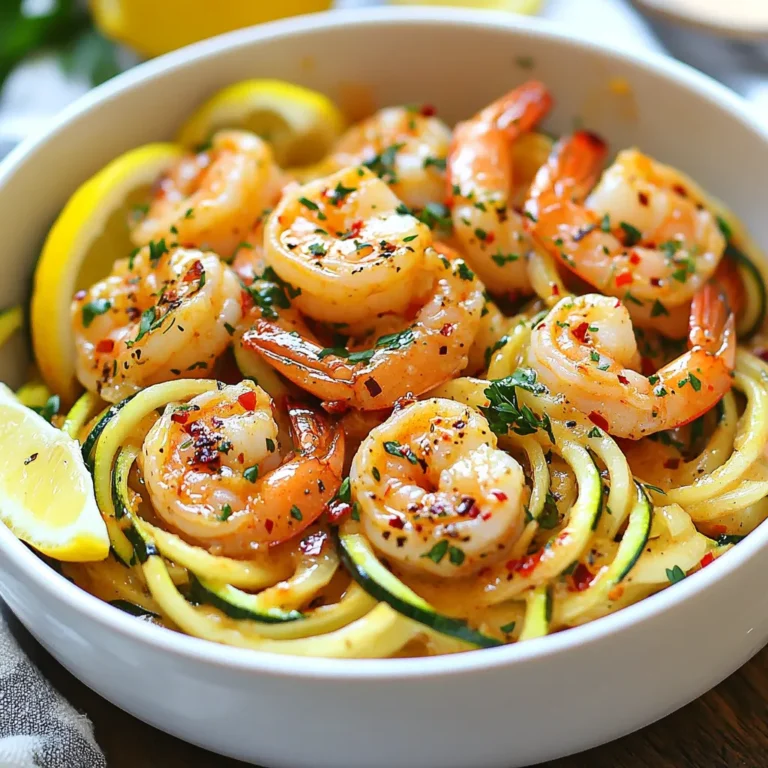To create the perfect Garlic Butter Shrimp Scampi Zoodles, you need just a few simple ingredients. Here’s what you’ll need: - 2 medium zucchinis (zoodles) - 1 pound shrimp, peeled and deveined - 4 tablespoons unsalted butter - 4 cloves garlic, minced - 1 teaspoon red pepper flakes - 1 tablespoon fresh lemon juice - Salt and pepper to taste - 2 tablespoons fresh parsley, chopped - Lemon slices for garnish These ingredients blend together to create a dish that is both fresh and flavorful. The zoodles serve as a light base, while the shrimp adds protein and a satisfying taste. The garlic and butter bring richness, and the red pepper flakes add a gentle kick. Fresh lemon juice brightens the dish, balancing the flavors perfectly. Using quality ingredients elevates this dish. Fresh zucchinis yield the best zoodles. Make sure your shrimp is fresh or properly thawed. Fresh garlic also enhances the flavor, giving a strong aroma as it cooks. With these ingredients, you’ll create a delightful meal that’s quick to prepare and utterly delicious. {{ingredient_image_1}} To start, you need to spiralize the zucchinis. This tool makes long, curly strands. Hold the zucchini firmly and twist it against the blade. You will get beautiful zoodles. Once you have enough zoodles, set them aside in a bowl. This way, they are ready when you need them. Now, let’s move to the shrimp. Grab a large skillet and melt 2 tablespoons of butter over medium heat. The butter should foam but not brown. Next, add 4 minced garlic cloves and 1 teaspoon of red pepper flakes. Stir this mix for 1-2 minutes. You want the garlic to smell great, but do not let it burn. Once the garlic is fragrant, it’s time for the shrimp. Increase the heat to medium-high and add 1 pound of shrimp. Season with salt and pepper to taste. Cook the shrimp for about 2-3 minutes on each side. They will change from gray to pink and opaque when done. After the shrimp is ready, add in the remaining 2 tablespoons of butter and 1 tablespoon of fresh lemon juice. Mix everything well in the skillet. The butter will melt, making a rich sauce. Now, it’s time for the zoodles. Toss them into the skillet and coat them in the sauce. Cook for another 2-3 minutes. You want the zoodles to be tender but still crunchy. This adds a nice texture to your dish. Once everything is well mixed, remove the skillet from the heat. Sprinkle fresh parsley over the top before serving. Enjoy your Garlic Butter Shrimp Scampi Zoodles! Fresh garlic is a must for great taste. It adds a strong and rich flavor. Use four cloves for the best result. Mince it well to release its oils. This helps the garlic mix well with the butter. Adjust the red pepper flakes to fit your taste. If you love spice, add more flakes. If you prefer mild dishes, use less. Start with one teaspoon, then taste. You can always add more if you want heat. Presentation matters when serving. Use a large pasta bowl for a nice look. This makes the dish feel special. Garnish with fresh parsley and lemon slices. The green and yellow colors pop and invite guests. Pair the dish with simple sides. A crisp green salad works well. You can also serve garlic bread for a treat. This adds a comforting touch to your meal. Enjoy your flavorful delight with friends and family! Pro Tips Use Fresh Zucchini: Fresh zucchinis yield the best texture and flavor for zoodles. Look for firm, unblemished zucchinis for optimal results. Don't Overcook the Shrimp: Cook the shrimp just until they turn pink and opaque to prevent them from becoming rubbery. They cook quickly, so keep an eye on them. Adjust Spiciness to Taste: Red pepper flakes can be adjusted according to your spice preference. Start with less and add more if you enjoy a bit of heat. Make It a Meal Prep: This dish can be made ahead of time and stored in the fridge. Just reheat gently to enjoy a quick meal on busy days. {{image_2}} When you want to switch things up, try using other low-carb noodles. Some great options are spaghetti squash or kelp noodles. They each have a unique taste and texture. You can spiralize these or use them as-is for your dish. For a colorful twist, add extra veggies. Bell peppers add a sweet crunch, while spinach provides a pop of green. Toss them in at the same time as the zoodles. This adds more flavor and nutrients to your meal. If you're not a fan of shrimp, you can easily swap it out. Use chicken or tofu instead. Chicken should be cooked until it reaches an internal temperature of 165°F. Tofu works well if you need a plant-based option. Just sauté it until golden brown. You can also make this dish dairy-free. Look for vegan butter in stores. It will give you the same creamy flavor without the dairy. Just replace the unsalted butter with your chosen vegan alternative, and you're good to go! To keep your Garlic Butter Shrimp Scampi Zoodles fresh, store leftovers right. Place them in airtight containers. This keeps moisture out and prevents odors from mixing. Make sure to cool the dish to room temperature before sealing it. Store in the fridge for up to two days. When it's time to reheat, use a skillet over low heat. Add a splash of water or broth to help steam the zoodles. This keeps them from getting mushy. Stir the mix gently until it's hot. Avoid using the microwave, as it can overcook the zoodles quickly. Enjoy your tasty dish again without losing flavor! This dish is quick and easy. It takes about 10 minutes to prep and 10 minutes to cook. So, you can make it in just 20 minutes! You can enjoy this tasty meal without spending hours in the kitchen. Yes, you can use frozen shrimp! Just remember to thaw them first. The best way is to put them in the fridge overnight. If you're short on time, put them in a bowl of cold water for about 20-30 minutes. Make sure to drain and pat them dry before cooking. This helps the shrimp cook evenly and stay juicy. This dish is great on its own, but you can add some delicious sides. Here are a few ideas: - Garlic bread for a crunchy bite - A fresh green salad for a light touch - Steamed broccoli for extra veggies - A glass of white wine or sparkling water for a refreshing drink These sides will complement the flavors of the shrimp scampi zoodles perfectly. Enjoy your meal! In this post, we explored the vibrant flavors of Garlic Butter Shrimp Scampi Zoodles. You learned about key ingredients, like fresh zucchini and shrimp, and how to prepare them. We also shared tips for perfecting the dish and ideas for variations. Ultimately, this meal is quick, healthy, and fun to make. Whether you stick to the original recipe or try new twists, you’ll enjoy a tasty dish. Don't forget to store leftovers properly and reheat them just right for the best experience. Happy cooking!