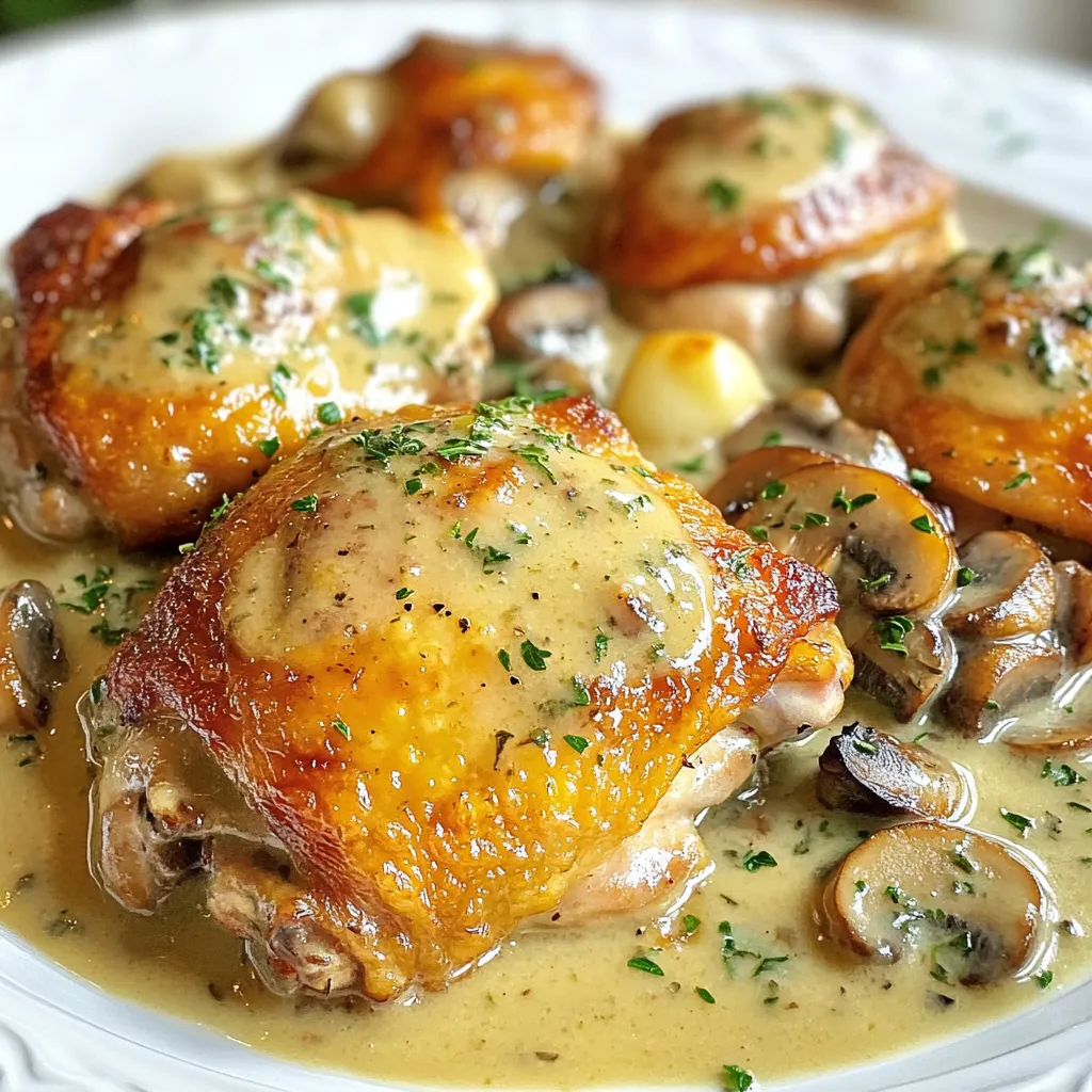 - 4 bone-in, skin-on chicken thighs - 2 cups mushrooms, sliced (button or cremini) - 1 cup heavy cream - 1 cup chicken broth - 2 tablespoons olive oil - 1 tablespoon garlic, minced - 1 teaspoon thyme leaves (fresh or dried) - 1 teaspoon paprika - Salt and pepper to taste - Fresh parsley, chopped (for garnish) To make creamy mushroom chicken thighs, you need a large skillet, a sharp knife, cutting board, and a set of measuring cups and spoons. You also want some paper towels for drying the chicken. A meat thermometer can help check if the chicken is done. When buying chicken thighs, look for ones with bright skin and no discoloration. For mushrooms, choose firm ones without dark spots. Fresh herbs, like thyme, add a great flavor. If you can, opt for heavy cream with a higher fat content; it makes the sauce richer. Always check the expiration date on broth and cream to ensure freshness. {{ingredient_image_1}} Start by drying the chicken thighs with paper towels. This helps the skin get crispy. Next, season both sides of the chicken with salt, pepper, and paprika. Make sure to coat them well so every bite is tasty. Let them rest for a few minutes while you prepare the skillet. Heat olive oil in a large skillet over medium-high heat. Once the oil is hot, add the chicken thighs skin-side down. Sear them for 5 to 7 minutes. This will make the skin crispy and golden brown. After that, flip the thighs over and cook for another 5 minutes. When done, remove the chicken from the skillet and set it aside. In the same skillet, add the sliced mushrooms. Sauté them for about 5 minutes until they turn brown and release their moisture. This step is key for flavor. Add minced garlic and thyme, stirring for one more minute. This will make your kitchen smell amazing! Pour in the chicken broth, scraping the bottom of the skillet. This helps release any browned bits. Bring it to a simmer and then whisk in the heavy cream. Let this sauce cook for 2 to 3 minutes until it thickens a bit. Return the seared chicken thighs to the skillet, skin-side up. Turn the heat down to low and cover the skillet. Let it simmer for 15 to 20 minutes. The chicken should reach an internal temperature of 165°F. This means it's safe to eat. Taste the sauce and adjust seasoning with salt and pepper if needed. Finally, garnish with freshly chopped parsley before serving. Enjoy your creamy mushroom chicken thighs! To get a great sear on your chicken thighs, start with dry skin. Patting the chicken with paper towels removes extra moisture. Season it well with salt, pepper, and paprika. Heat your skillet over medium-high heat. Once hot, add olive oil and place the chicken skin-side down. Let it cook without moving it for 5 to 7 minutes. This helps create that golden, crispy skin. Flip the chicken and cook for another 5 minutes. Remove it from the pan before making the sauce. Making a thick, creamy sauce is simple. After cooking the mushrooms, pour in the chicken broth. Scrape the bottom of the pan to lift those tasty bits. This adds flavor to your sauce. When it simmers, slowly whisk in the heavy cream. Let it cook for 2 to 3 minutes until it thickens. If you want a thicker sauce, let it simmer longer. Just keep an eye on it to prevent burning. Enhancing flavor is all about smart choices. Fresh thyme adds a nice touch, but dried thyme works too. For more depth, try adding a splash of white wine after cooking the mushrooms. Allow it to simmer for a minute to cook off the alcohol. You can also sprinkle in some grated Parmesan cheese for extra creaminess. A squeeze of lemon juice brightens the dish and balances the richness. Don't forget to garnish with fresh parsley for a pop of color and taste! Pro Tips Pat the Chicken Dry: Ensuring the chicken thighs are thoroughly dried before seasoning will help achieve that perfect crispy skin when searing. Use a Cast Iron Skillet: If you have one, a cast iron skillet is ideal for searing chicken. It retains heat well and helps create a nice crust. Don’t Rush the Sauce: Allow the sauce to simmer gently to develop deeper flavors. This patience will pay off with a richer taste in the final dish. Fresh Herbs Matter: For the best flavor, use fresh thyme if possible. It adds a wonderful aroma and taste that dried herbs may not fully replicate. {{image_2}} You can swap chicken thighs for other meats. Try bone-in, skin-on chicken breasts. They will cook well and stay juicy. You might also use pork chops for a new taste. Just adjust cooking time to ensure they are cooked through. For a vegetarian twist, replace chicken with hearty vegetables. Use eggplant or portobello mushrooms for a meaty feel. You can also try tofu for protein. Cook it until golden brown. Use vegetable broth instead of chicken broth for flavor. You can change up the mushrooms in this dish. Use shiitake or oyster mushrooms for unique flavors. Mix different types for a fun texture. Always remember to sauté them until they are browned, which brings out their taste. After your meal, let the chicken cool down. Place the chicken and sauce in an airtight container. Make sure to cover it well to keep out air. Store it in the fridge for up to three days. This helps keep the flavors fresh and tasty. To reheat, you can use a skillet or microwave. If using a skillet, add a splash of chicken broth to keep it moist. Heat it on medium-low until warm. If you choose the microwave, cover the dish and heat in short bursts. Stir in between to prevent hot spots. For long-term storage, freeze the leftovers. Place the chicken and sauce in a freezer-safe container. Make sure there is enough space for the sauce to expand. You can freeze it for up to three months. When ready to eat, thaw in the fridge overnight. Reheat using the methods above for the best taste. Yes, you can use boneless chicken thighs. They cook faster than bone-in thighs. Adjust the cooking time to about 15-20 minutes. Check the internal temperature to reach 165°F. Boneless thighs keep the dish juicy and tender. You can serve creamy mushroom chicken thighs with many sides. Here are some ideas: - Mashed potatoes - Rice or quinoa - Steamed vegetables - A fresh green salad These options balance the rich sauce and add color to your plate. To check if the chicken is done, use a meat thermometer. Insert it into the thickest part of the thigh. The safe internal temperature is 165°F. If you don’t have a thermometer, cut into the chicken. The meat should be white, not pink. Yes, you can make this recipe dairy-free. Swap heavy cream for coconut cream or a dairy-free cream. Use chicken broth that is also dairy-free. This keeps the dish creamy while meeting your dietary needs. This blog post covered everything you need for a delicious creamy mushroom chicken dish. We started with the essential ingredients and equipment, moving through simple cooking steps, helpful tips, and variations for everyone. Whether you stick with chicken or try other proteins, there’s an option for your taste. Remember to store leftovers properly to enjoy them later. With careful cooking and a few tweaks, you can create meals everyone loves. Now, let's get cooking!