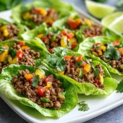 - 1 lb ground beef - 1 tablespoon sesame oil - 2 cloves garlic, minced - 1 inch ginger, grated - 1 red bell pepper, finely diced - 1 carrot, grated - 3 green onions, sliced - 1 tablespoon soy sauce - 1 tablespoon hoisin sauce - 1 teaspoon Sriracha (adjust for spice level) - Salt and pepper to taste - 1 head of romaine lettuce or butter lettuce, leaves separated - Fresh cilantro for garnish - Lime wedges for serving You can swap ground beef for ground turkey or chicken. These options are leaner. For a vegetarian twist, use crumbled tofu or tempeh. Instead of soy sauce, try tamari for a gluten-free choice. If you want sweetness, use maple syrup in place of hoisin sauce. For heat, add chili paste or fresh peppers if you like it spicy. These wraps can fit many diets. To make them gluten-free, use tamari instead of soy sauce. If you're vegan, opt for tofu or tempeh and skip the meat. You can also use low-sodium sauces to cut down on salt. Lastly, this dish is low-carb, making it great for keto diets. {{ingredient_image_1}} To make Asian Ground Beef Lettuce Wraps, you need to gather all your ingredients first. This will help you stay organized. You will need ground beef, sesame oil, garlic, ginger, red bell pepper, carrot, green onions, soy sauce, hoisin sauce, Sriracha, salt, pepper, lettuce, cilantro, and lime. Wash and chop the vegetables before you start cooking. This makes cooking quicker and easier. Start by heating a large skillet over medium-high heat. Add sesame oil to the pan. Once the oil is hot, add minced garlic and grated ginger. Sauté these for about 30 seconds until they smell good. Next, add the ground beef. Break it apart with a spoon as it cooks. Brown the beef for about 5-7 minutes. Make sure to drain any extra fat. Now it’s time to add the veggies. Stir in the diced red bell pepper and grated carrot. Cook them for about 3-4 minutes. They should soften just a little. After that, add the sliced green onions, soy sauce, hoisin sauce, and Sriracha. Cook this mixture for another 2 minutes. Taste it and add salt and pepper as needed. Once done, turn off the heat and let it cool for a few minutes. To serve, take a lettuce leaf and spoon a good amount of the beef mixture into it. Fold the leaf like a wrap. Garnish with fresh cilantro and a squeeze of lime juice for extra flavor. Arrange the wrapped lettuce on a platter. Surround it with lime wedges for a nice touch. Enjoy your meal! To make the best lettuce wraps, start with fresh lettuce. Romaine or butter lettuce works well. Choose big, sturdy leaves that hold the filling. Wash the leaves gently and pat them dry. This keeps them crisp. Make your filling flavorful by using fresh garlic and ginger. These add a nice kick. One common mistake is overcooking the beef. Cook it just until brown. This keeps it juicy. Another mistake is skipping the seasoning. Don’t forget soy sauce and hoisin sauce. They bring depth to the dish. Lastly, avoid using wilted lettuce. It won't hold up well and can ruin your wraps. You can boost flavor by adding more veggies. Try shredded cabbage or diced mushrooms. These add crunch and taste. For a spicy kick, increase the Sriracha to your liking. Fresh herbs like cilantro brighten the dish. A squeeze of lime juice before eating really makes the flavors pop. Pro Tips Use Fresh Ingredients: Fresh vegetables will enhance the flavor and texture of your wraps. Opt for crisp lettuce and vibrant bell peppers for the best results. Customize Your Spices: Adjust the amount of Sriracha according to your spice preference. You can also experiment with different sauces like chili garlic sauce for added depth. Prep Ahead: You can prepare the beef mixture in advance and store it in the refrigerator. Just reheat before serving and assemble the wraps for a quick meal. Garnish Wisely: Fresh cilantro and lime wedges not only add flavor but also brighten the dish visually. Consider adding chopped peanuts for an extra crunch. {{image_2}} You can swap ground beef for other proteins. Ground turkey is a great choice. It has a mild flavor and is leaner than beef. Tofu is another option for plant lovers. Use firm tofu for the best texture. Crumble it before cooking for even flavor. If you want a vegetarian dish, replace beef with mushrooms. Finely chop shiitake or portobello mushrooms. They add umami and richness. Mix in some cooked quinoa for protein. This creates a filling meal without meat. You can also add nuts for extra crunch. Feel free to play with the veggies you use. Try adding shredded cabbage for extra crunch. You can also use diced cucumbers for freshness. If you want more spice, add jalapeños or more Sriracha. For sauces, hoisin is a must, but you can mix it up. Try adding peanut sauce for a nutty flavor. A drizzle of sesame dressing can also enhance your wraps. This way, each bite can taste different and exciting. To store your Asian Ground Beef Lettuce Wraps, let the beef cool first. Place the beef mixture in an airtight container. You can keep it in the fridge for up to three days. For longer storage, you can freeze it. Use freezer-safe bags or containers. The beef will last for up to three months in the freezer. When you're ready to eat leftovers, just take them out of the fridge. Heat the ground beef in a skillet over medium heat. Stir often until it's hot. If it's frozen, thaw it overnight in the fridge first. You can also use the microwave. Place the beef in a bowl, cover it, and heat for one to two minutes. Stir halfway through to ensure even warming. Meal prep makes cooking easy and fast. Start by cooking a larger batch of the beef mixture. This way, you’ll have a tasty meal ready to go. Store the beef and lettuce leaves separately. This keeps the lettuce crisp. You can also chop extra veggies for added crunch. Keep these in separate containers too. When you want to eat, just assemble your wraps quickly! Yes, you can make Asian Ground Beef Lettuce Wraps ahead of time. Cook the beef mixture and let it cool. Store it in the fridge for up to three days. When you are ready to eat, simply reheat the beef filling in a pan. Prepare your lettuce right before serving for the best crunch. When choosing lettuce for wraps, look for crisp, sturdy leaves. Romaine and butter lettuce work well. They hold the filling nicely. Check for fresh, green leaves without any brown spots. Avoid limp or wilted leaves. You want your wraps to be fresh and crunchy! You can serve many things with lettuce wraps. Rice or quinoa pairs well for a filling meal. Fresh fruit like mango or pineapple adds sweetness. You can also add a side of pickled vegetables for a tangy bite. Try serving with dipping sauces like extra soy sauce or sweet chili sauce for added flavor. In this blog post, we covered all you need to make great lettuce wraps. We discussed the best ingredients, substitutions, and dietary options. You learned step-by-step instructions for perfect preparation and cooking. I shared tips to enhance flavor and avoid mistakes. You can also explore variations with different proteins and veggies. Plus, I provided storage and reheating guidance. Now, you have the tools to enjoy delicious lettuce wraps any time. Get creative and have fun in the kitchen!