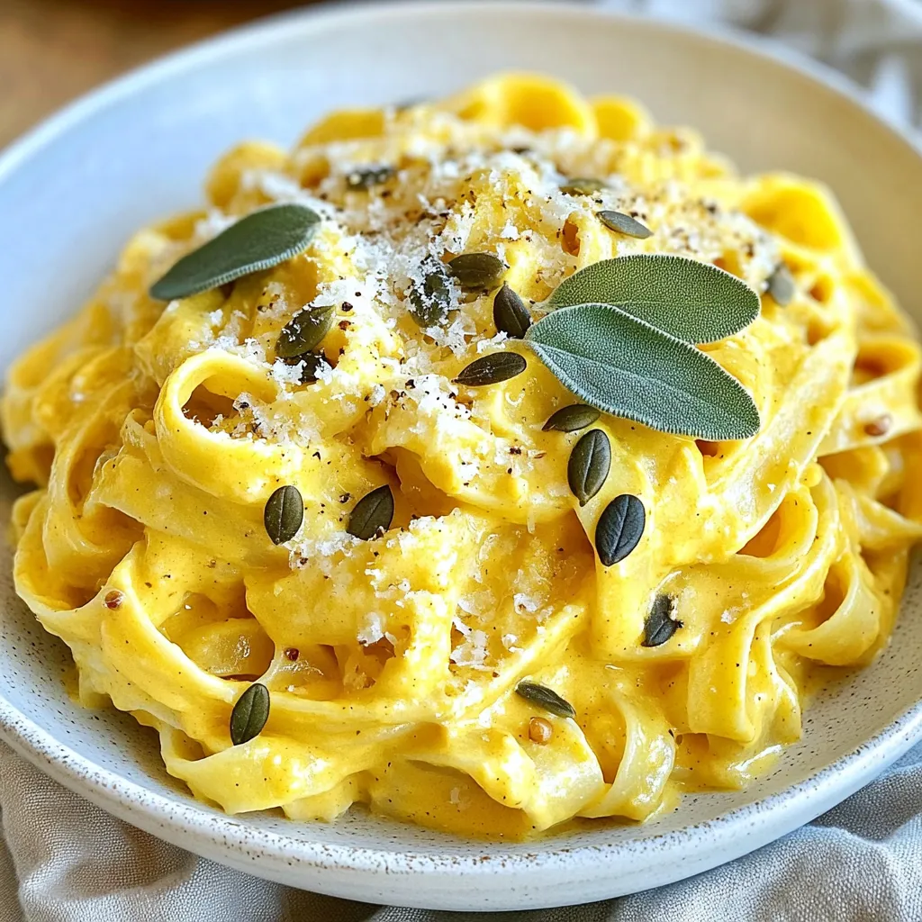 Cooking Creamy Pumpkin Sage Pasta is easy! Here’s what you need: - 12 oz fettuccine pasta - 1 cup pumpkin puree (canned or fresh) - 1 cup heavy cream - 1 cup vegetable broth - 1/2 cup freshly grated Parmesan cheese - 1 small onion, finely chopped - 2 cloves garlic, minced - 1 tablespoon olive oil - 8-10 fresh sage leaves, chopped - Salt and pepper to taste - Pinch of nutmeg (optional) - Toasted pumpkin seeds for garnish (optional) These ingredients create a rich and creamy dish. The fettuccine serves as the perfect base. It absorbs the sauce well and adds a nice texture. Pumpkin puree gives the pasta a lovely orange color. This also adds a hint of sweetness. Heavy cream makes the sauce rich and velvety. Vegetable broth keeps the flavor light and fresh. Fresh sage leaves bring a warm, earthy taste. They pair beautifully with pumpkin. Onion and garlic add depth to the dish. They create a fragrant base when sautéed. A sprinkle of salt and pepper enhances all the flavors. A touch of nutmeg adds warmth and rounds it all out. Optional garnishes like toasted pumpkin seeds add crunch. They offer a nice contrast to the creamy pasta. This dish not only tastes great but also looks stunning. Enjoy every bite of this delightful meal! {{ingredient_image_1}} To start, grab a large pot. Fill it with water and add salt. Bring the water to a boil. Once it’s boiling, add 12 oz of fettuccine pasta. Cook it for about 8 to 10 minutes, or until it is al dente. You want it firm but not hard. Before you drain the pasta, save 1 cup of that starchy water. This water will help later. While the pasta cooks, take a large skillet. Heat 1 tablespoon of olive oil over medium heat. When the oil is hot, add 1 small chopped onion. Sauté the onion for 3 to 4 minutes until it turns clear. Next, add 2 minced garlic cloves and 8 to 10 chopped fresh sage leaves. Cook for another 1 to 2 minutes, until you smell the lovely aroma. Now it’s time to make the sauce. In the same skillet, add 1 cup of pumpkin puree, 1 cup of heavy cream, and 1 cup of vegetable broth. Stir everything together well. Bring the mix to a gentle simmer. Let it cook for about 5 minutes to thicken up. Keep an eye on it, so it doesn’t stick. After the sauce thickens, it’s cheese time! Stir in 1/2 cup of freshly grated Parmesan cheese. Mix until the cheese melts and the sauce is smooth. Taste the sauce now. Add salt, pepper, and a pinch of nutmeg if you like a little warmth. Once your sauce is ready, add the cooked fettuccine straight into the skillet. Toss the pasta with the sauce gently. If the sauce is too thick, use the reserved pasta water. Add a little at a time until the sauce reaches the creaminess you want. To serve, plate the creamy pumpkin sage pasta in bowls or on plates. You can garnish with toasted pumpkin seeds for a nice crunch. A sprinkle of extra Parmesan on top makes it look extra special. Enjoy your delicious meal! To get the best creamy texture, you can adjust the thickness with pasta water. After cooking fettuccine, save some of the starchy water. This water adds creaminess to your sauce. If your sauce is too thick, add a little pasta water. This helps blend everything smoothly. Choosing the right Parmesan also matters. Use freshly grated Parmesan cheese for the best flavor. Pre-grated cheese can lack the same taste and texture. Fresh cheese melts better and gives a rich flavor to the dish. You can experiment with additional spices to boost flavor. A pinch of nutmeg adds warmth and depth. You might also try a bit of cayenne for heat. This can make the dish more exciting. Alternative herbs can change the dish too. If you don’t have sage, try thyme or rosemary. These herbs bring their unique taste and can pair well with pumpkin. Preparing ingredients in advance saves time. Chop the onion and garlic before you start cooking. Measure out the cream and broth ahead of time. This makes cooking smoother and quicker. Use efficient cooking strategies to streamline your process. Start boiling water while you chop. This way, when you finish, your pasta can cook right away. Multitasking helps you enjoy your meal faster! Pro Tips Choose the Right Pumpkin: Opt for sugar pumpkins for the best flavor and texture, especially if using fresh pumpkin puree. Adjusting Creaminess: If the sauce is too thick, gradually add reserved pasta water until you reach your preferred consistency. Fresh Sage Flavor: Use fresh sage leaves for a more vibrant flavor compared to dried. You can also crisp them in the olive oil for garnish. Garnish for Texture: Toasted pumpkin seeds not only add crunch but also enhance the fall flavors of the dish. Don't skip this step! {{image_2}} If you need gluten-free options, you can use rice or chickpea pasta. These work great in this creamy pumpkin sage pasta. For those who avoid dairy, try coconut milk or cashew cream. Both give a rich flavor without dairy. Want to change things up? Use different types of squash like butternut or acorn squash. They add a unique taste and texture. You can also add protein to this dish. Chicken or shrimp pairs well with the sauce. Just sauté them before adding the sauce for extra flavor. Incorporate seasonal vegetables to boost flavor and nutrition. Spinach or kale adds color and health benefits. You can also adapt this pasta for festive occasions. Adding cranberries or pecans gives it a holiday twist. Enjoy exploring these variations to find your favorite! To store leftover creamy pumpkin sage pasta, let it cool first. Place it in an airtight container. This keeps out air and moisture. Store the pasta in the fridge. It stays fresh for up to three days. Make sure to label it with the date. This helps you remember when you made it. Reheat the pasta gently. You can use a microwave or a skillet. If using the microwave, place pasta in a bowl. Add a splash of water or broth. Cover it with a lid or microwave-safe wrap. Heat for one to two minutes, stirring halfway. If you use a skillet, add a bit of olive oil. Heat over low heat, stirring often. This keeps the creamy texture smooth and rich. Yes, you can freeze creamy pumpkin sage pasta! However, it may change texture a bit. To freeze, place it in a freezer-safe container. Leave some space at the top for expansion. It can last up to three months in the freezer. When you're ready to eat, thaw it in the fridge overnight. Reheat it gently as mentioned above. Add a bit of cream or broth to restore its creaminess. Creamy Pumpkin Sage Pasta stays fresh for 3 to 4 days in the fridge. Store it in an airtight container. Make sure it cools down before sealing. This keeps it from getting soggy. Reheat gently on the stove or in the microwave. Yes, you can use fresh pumpkin! Just cook and puree it first. Roast or steam the pumpkin until soft. Then blend it until smooth. This gives a fresh flavor that many enjoy. You can use half-and-half or whole milk. For a lighter option, try Greek yogurt. If you need a dairy-free choice, use coconut milk or cashew cream. These will still give you a rich texture. Yes, this recipe is perfect for meal prep! It holds well in the fridge. You can make it in advance and enjoy it during the week. Just store in single servings for easy meals. Absolutely! To make it vegan, swap heavy cream with coconut milk or cashew cream. Use nutritional yeast instead of Parmesan cheese. This keeps the dish creamy and tasty while being plant-based. This blog post shows how to make creamy pumpkin sage pasta step by step. You learned about the key ingredients, cooking methods, and serving ideas. I shared tips for a perfect texture and ways to personalize the dish. You can use ingredient swaps and variations for dietary needs. Don't forget the best ways to store leftovers! Enjoy making this dish and feel free to experiment. It’s easy to adapt and perfect for any meal. Get cooking, and savor each bite of this delicious meal!