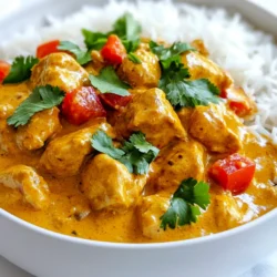 To make the creamy coconut chicken tikka masala, gather these key ingredients: - 500g chicken breast, cut into bite-sized pieces - 1 cup coconut milk - 1/2 cup plain yogurt - 2 tablespoons tikka masala spice mix - 2 tablespoons vegetable oil - 1 onion, finely chopped - 3 cloves garlic, minced - 1 tablespoon ginger, grated - 1 bell pepper (red or yellow), diced - 1 can (400g) diced tomatoes - 1 teaspoon turmeric powder - 1 teaspoon cumin powder - Salt and pepper to taste - Fresh cilantro, for garnish - Cooked basmati rice or naan bread, for serving These ingredients work together to create a rich and flavorful dish. The chicken provides protein, while the coconut milk adds creaminess. The spices give depth and warmth, making each bite a delight. You can mix and match bell peppers for color and taste. Enjoy the vibrant flavors of this dish as you savor every bite! {{ingredient_image_1}} To start, take 500 grams of chicken breast and cut it into bite-sized pieces. In a large bowl, mix the chicken with 1 cup of plain yogurt. Add 2 tablespoons of tikka masala spice mix. This blend gives the chicken great flavor. Cover the bowl with plastic wrap. Let it marinate for at least 30 minutes. For the best taste, marinate it overnight in the fridge. Heat 2 tablespoons of vegetable oil in a large skillet over medium heat. Add 1 finely chopped onion and sauté it until it turns translucent, about 5 minutes. Next, add 3 minced garlic cloves and 1 tablespoon of grated ginger. Cook for an additional minute until it smells great. Now, stir in 1 diced bell pepper. Sauté for another 3 to 4 minutes until it softens a bit. It’s time to add the marinated chicken to the pan. Fold it into the onion mixture. Cook until the chicken turns brown outside, about 6 to 7 minutes. Now, mix in 1 can of diced tomatoes and 1 cup of coconut milk. Don’t forget the remaining tikka masala, 1 teaspoon of turmeric powder, and 1 teaspoon of cumin powder. Stir everything well to combine. Bring the mixture to a simmer. Then, lower the heat and cover the pan. Let it cook for 15 to 20 minutes. This helps the chicken cook through and become tender. Before serving, taste and adjust the salt and pepper as needed. Garnish with fresh cilantro for a pop of color. Enjoy your creamy coconut chicken tikka masala with basmati rice or warm naan bread! Marinating chicken is key for great flavor. When you mix chicken with yogurt and tikka masala, the spices soak in well. This makes each bite tasty. I suggest marinating for at least 30 minutes. If you can, marinate it overnight. This allows the chicken to absorb even more flavor. To keep the chicken tender, avoid cooking it on high heat. This can make it dry. Cook it until the outside is brown, then lower the heat. When you add coconut milk, don’t let it boil too hard. High heat can make it separate and lose its creamy texture. Keep it on low heat and stir gently. This dish pairs well with basmati rice or warm naan bread. The rice soaks up the sauce nicely. For a touch of color, garnish with fresh cilantro. You can also add a squeeze of lime for extra flavor. Enjoy your meal with friends or family! Pro Tips Marination Magic: Letting the chicken marinate overnight in yogurt and spices enhances the flavor and tenderness significantly. Spice Control: Adjust the amount of tikka masala based on your spice preference; start with less and add more if desired. Perfect Consistency: If the sauce is too thick, add a little water or more coconut milk to achieve your desired consistency. Garnish for Greatness: Fresh cilantro not only adds flavor but also enhances the dish's presentation—don't skip it! {{image_2}} You can swap chicken for tofu or chickpeas. Tofu is a great choice. Use firm tofu for the best texture. Cut it into bite-sized pieces and marinate it just like the chicken. If you prefer chickpeas, use one can. Rinse and drain them before adding to the dish. This keeps the flavors rich and satisfying. Want some heat? Add chili peppers or cayenne to your dish. You can mix in fresh chopped peppers when cooking the onions. For a milder spice, use just a pinch of cayenne. For a stronger kick, add more to taste. Adjust the spice to fit your taste buds. If you need a gluten-free option, use gluten-free naan or rice. Many stores sell gluten-free naan now. You can enjoy the dish with a side of basmati rice. This way, you can still savor every bite without worry. Always check labels to make sure they are gluten-free. To keep your creamy coconut chicken tikka masala fresh, store it in an airtight container. Refrigerate it within two hours of cooking. This prevents bacteria growth. Your dish will stay good for about three to four days. Always label your container with the date. This helps you track how long it's been stored. When reheating, do it gently to keep the flavor rich. Use a skillet over low heat. Stir often to avoid sticking. You can also use a microwave. Heat in short bursts, stirring in between. This method warms the dish evenly and keeps it tasty. You can freeze creamy coconut chicken tikka masala for later use. Allow it to cool completely before freezing. Store it in a freezer-safe container or bag. Remove as much air as possible to prevent freezer burn. It can last up to three months in the freezer. When ready to eat, thaw it overnight in the fridge before reheating. Chicken Tikka Masala has roots in Indian cuisine. It is a blend of flavors from India and the UK. Many believe it was created by Indian chefs in the UK to suit local tastes. It became popular in the 1960s. The dish symbolizes the fusion of cultures. Today, it is loved by many around the world. Yes, you can make this recipe ahead of time. Marinating the chicken improves the flavor. I suggest marinating for at least 30 minutes or up to overnight. This allows the spices to soak in well. You can also cook the dish in advance and store it. Just keep it in the fridge for up to three days. Reheat it gently on the stove before serving. To make this dish less spicy, adjust the spices you use. You can reduce the amount of tikka masala spice mix. Adding more coconut milk also helps tone down the heat. If you want it milder, skip the chili peppers. You can also add a bit of sugar to balance the flavors. This will create a smoother taste for everyone to enjoy. This blog post covered how to make Chicken Tikka Masala, step by step. We explored ingredients like chicken, coconut milk, and spices. You learned how to marinate and cook the chicken for the best flavor. I shared tips on serving and storage, along with vegan and gluten-free options. Remember, cooking can be fun and creative. Don't hesitate to experiment with flavors. Enjoy your Tikka Masala, and share it with friends!