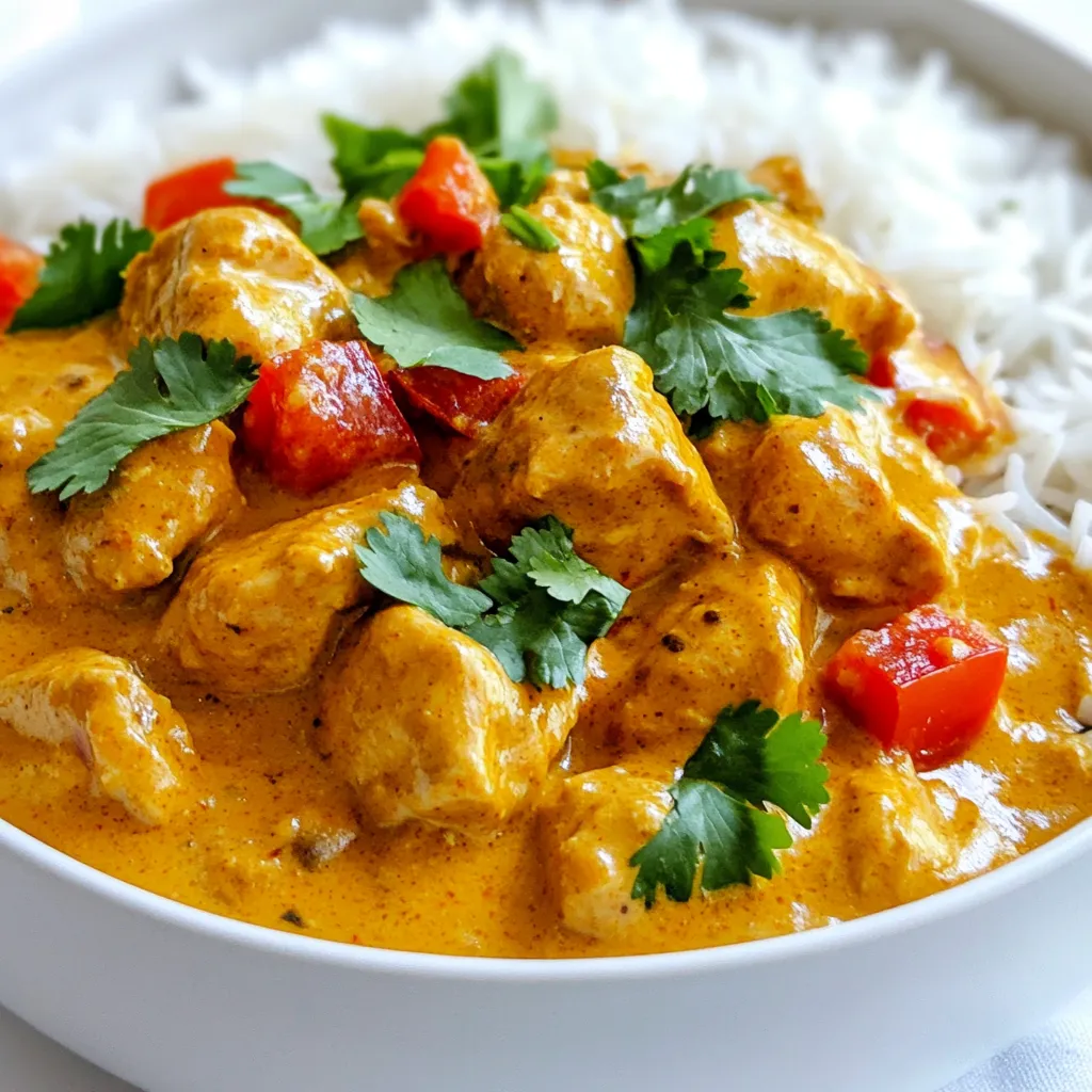 To make the creamy coconut chicken tikka masala, gather these key ingredients: - 500g chicken breast, cut into bite-sized pieces - 1 cup coconut milk - 1/2 cup plain yogurt - 2 tablespoons tikka masala spice mix - 2 tablespoons vegetable oil - 1 onion, finely chopped - 3 cloves garlic, minced - 1 tablespoon ginger, grated - 1 bell pepper (red or yellow), diced - 1 can (400g) diced tomatoes - 1 teaspoon turmeric powder - 1 teaspoon cumin powder - Salt and pepper to taste - Fresh cilantro, for garnish - Cooked basmati rice or naan bread, for serving These ingredients work together to create a rich and flavorful dish. The chicken provides protein, while the coconut milk adds creaminess. The spices give depth and warmth, making each bite a delight. You can mix and match bell peppers for color and taste. Enjoy the vibrant flavors of this dish as you savor every bite! {{ingredient_image_1}} To start, take 500 grams of chicken breast and cut it into bite-sized pieces. In a large bowl, mix the chicken with 1 cup of plain yogurt. Add 2 tablespoons of tikka masala spice mix. This blend gives the chicken great flavor. Cover the bowl with plastic wrap. Let it marinate for at least 30 minutes. For the best taste, marinate it overnight in the fridge. Heat 2 tablespoons of vegetable oil in a large skillet over medium heat. Add 1 finely chopped onion and sauté it until it turns translucent, about 5 minutes. Next, add 3 minced garlic cloves and 1 tablespoon of grated ginger. Cook for an additional minute until it smells great. Now, stir in 1 diced bell pepper. Sauté for another 3 to 4 minutes until it softens a bit. It’s time to add the marinated chicken to the pan. Fold it into the onion mixture. Cook until the chicken turns brown outside, about 6 to 7 minutes. Now, mix in 1 can of diced tomatoes and 1 cup of coconut milk. Don’t forget the remaining tikka masala, 1 teaspoon of turmeric powder, and 1 teaspoon of cumin powder. Stir everything well to combine. Bring the mixture to a simmer. Then, lower the heat and cover the pan. Let it cook for 15 to 20 minutes. This helps the chicken cook through and become tender. Before serving, taste and adjust the salt and pepper as needed. Garnish with fresh cilantro for a pop of color. Enjoy your creamy coconut chicken tikka masala with basmati rice or warm naan bread! Marinating chicken is key for great flavor. When you mix chicken with yogurt and tikka masala, the spices soak in well. This makes each bite tasty. I suggest marinating for at least 30 minutes. If you can, marinate it overnight. This allows the chicken to absorb even more flavor. To keep the chicken tender, avoid cooking it on high heat. This can make it dry. Cook it until the outside is brown, then lower the heat. When you add coconut milk, don’t let it boil too hard. High heat can make it separate and lose its creamy texture. Keep it on low heat and stir gently. This dish pairs well with basmati rice or warm naan bread. The rice soaks up the sauce nicely. For a touch of color, garnish with fresh cilantro. You can also add a squeeze of lime for extra flavor. Enjoy your meal with friends or family! Pro Tips Marination Magic: Letting the chicken marinate overnight in yogurt and spices enhances the flavor and tenderness significantly. Spice Control: Adjust the amount of tikka masala based on your spice preference; start with less and add more if desired. Perfect Consistency: If the sauce is too thick, add a little water or more coconut milk to achieve your desired consistency. Garnish for Greatness: Fresh cilantro not only adds flavor but also enhances the dish's presentation—don't skip it! {{image_2}} You can swap chicken for tofu or chickpeas. Tofu is a great choice. Use firm tofu for the best texture. Cut it into bite-sized pieces and marinate it just like the chicken. If you prefer chickpeas, use one can. Rinse and drain them before adding to the dish. This keeps the flavors rich and satisfying. Want some heat? Add chili peppers or cayenne to your dish. You can mix in fresh chopped peppers when cooking the onions. For a milder spice, use just a pinch of cayenne. For a stronger kick, add more to taste. Adjust the spice to fit your taste buds. If you need a gluten-free option, use gluten-free naan or rice. Many stores sell gluten-free naan now. You can enjoy the dish with a side of basmati rice. This way, you can still savor every bite without worry. Always check labels to make sure they are gluten-free. To keep your creamy coconut chicken tikka masala fresh, store it in an airtight container. Refrigerate it within two hours of cooking. This prevents bacteria growth. Your dish will stay good for about three to four days. Always label your container with the date. This helps you track how long it's been stored. When reheating, do it gently to keep the flavor rich. Use a skillet over low heat. Stir often to avoid sticking. You can also use a microwave. Heat in short bursts, stirring in between. This method warms the dish evenly and keeps it tasty. You can freeze creamy coconut chicken tikka masala for later use. Allow it to cool completely before freezing. Store it in a freezer-safe container or bag. Remove as much air as possible to prevent freezer burn. It can last up to three months in the freezer. When ready to eat, thaw it overnight in the fridge before reheating. Chicken Tikka Masala has roots in Indian cuisine. It is a blend of flavors from India and the UK. Many believe it was created by Indian chefs in the UK to suit local tastes. It became popular in the 1960s. The dish symbolizes the fusion of cultures. Today, it is loved by many around the world. Yes, you can make this recipe ahead of time. Marinating the chicken improves the flavor. I suggest marinating for at least 30 minutes or up to overnight. This allows the spices to soak in well. You can also cook the dish in advance and store it. Just keep it in the fridge for up to three days. Reheat it gently on the stove before serving. To make this dish less spicy, adjust the spices you use. You can reduce the amount of tikka masala spice mix. Adding more coconut milk also helps tone down the heat. If you want it milder, skip the chili peppers. You can also add a bit of sugar to balance the flavors. This will create a smoother taste for everyone to enjoy. This blog post covered how to make Chicken Tikka Masala, step by step. We explored ingredients like chicken, coconut milk, and spices. You learned how to marinate and cook the chicken for the best flavor. I shared tips on serving and storage, along with vegan and gluten-free options. Remember, cooking can be fun and creative. Don't hesitate to experiment with flavors. Enjoy your Tikka Masala, and share it with friends!