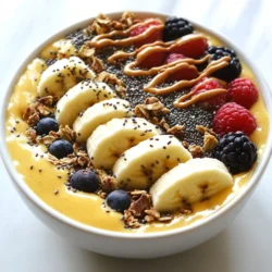 To make a great Peanut Butter Banana Smoothie Bowl, you need these key items: - 2 ripe bananas, frozen - 1/2 cup unsweetened almond milk (or any milk of choice) - 2 tablespoons natural peanut butter - 1 tablespoon honey or maple syrup (optional) - 1/2 teaspoon vanilla extract These ingredients blend together to create a creamy, tasty base. The frozen bananas add a nice chill and sweetness. Almond milk keeps it light, while peanut butter gives it a rich flavor. You can add honey or maple syrup if you want more sweetness. Don’t forget the vanilla extract for a hint of warmth. Now, let’s talk about the fun part—toppings! They make your smoothie bowl look great and add crunch and flavor. Here are some of my favorite options: - Sliced bananas - Granola - Chia seeds - Dark chocolate shavings - Mixed berries You can mix and match toppings based on what you like. Sliced bananas add a fresh taste. Granola gives a nice crunch. Chia seeds boost nutrition, while dark chocolate shavings add a sweet surprise. Mixed berries bring a burst of color and flavor. Feel free to get creative! {{ingredient_image_1}} Blending the ingredients Start by taking your frozen bananas and adding them to a blender. Next, pour in the almond milk. Add the natural peanut butter, honey (if you want it sweeter), and vanilla extract. Blend everything on high until it becomes smooth and creamy. You may need to stop and scrape down the sides to mix well. Adjusting the thickness If the mixture is too thick for your liking, simply add more almond milk. Blend again until you reach your desired thickness. This smoothie bowl should be creamy but not too runny. Pouring into a bowl Once your smoothie is ready, pour it into a shallow bowl. This helps showcase all the beautiful toppings you will add. Arranging toppings Now comes the fun part! Carefully arrange your toppings on the smoothie. Add sliced bananas, a sprinkle of granola, and chia seeds. You can also add dark chocolate shavings or mixed berries for extra color and flavor. Drizzle a bit more peanut butter over the top for a tasty touch. Enjoy your creation with a spoon! If you want to change things up, you can use different types of milk. Here are some options: - Coconut milk: It adds a creamy texture and a light coconut taste. - Soy milk: This option is rich in protein and blends well. - Oat milk: It has a mild flavor and is great for a smooth drink. For sweeteners, you can swap them easily. Try these options: - Agave nectar: It is sweeter than honey and works well. - Stevia: This natural sweetener has no calories and is very sweet. - Dates: Blend in a few pitted dates for a natural sweetness. Serving your smoothie bowl well makes it more fun to eat. Here are some ideas: - Serve in a shallow bowl: This lets the toppings shine and looks nice. - Use a colorful bowl: A bright bowl adds to the fun of the dish. For toppings, get creative! Here are some fun ideas: - Add colorful fruit: Use berries, kiwi, or mango for a bright look. - Sprinkle nuts or seeds: They add crunch and a healthy touch. - Drizzle honey or peanut butter: A little drizzle adds flavor and looks great. Pro Tips Use Ripe Bananas: The riper the bananas, the sweeter and creamier your smoothie bowl will be. Look for bananas with lots of brown spots for the best flavor. Customize Your Milk: Feel free to swap almond milk with coconut, oat, or soy milk for a different flavor profile and texture. Experiment with Toppings: Get creative with your toppings! Try adding nuts, seeds, or even coconut flakes to enhance the texture and taste. Thicker Consistency: For a thicker smoothie bowl, reduce the amount of milk you add, or use less liquid than the recipe calls for. {{image_2}} You can mix up your Peanut Butter Banana Smoothie Bowl in fun ways. One great way is to add spinach or kale. This adds a green boost and extra nutrients. Just a small handful will do. You won't even taste it! Another option is to use different nut butters. Almond butter and cashew butter are tasty choices, too. They offer a new twist and pair well with bananas. You can even try sunflower seed butter if you have nut allergies. The toppings can change with the seasons. In summer, add fresh berries like strawberries or blueberries. These are sweet and colorful. In fall, sliced apples or cinnamon can give a cozy flavor. You can also swap flavors based on the season. For example, use pumpkin spice in the fall. In winter, try peppermint extract for a festive touch. This keeps your smoothie bowl exciting all year round! You can store any leftover smoothie in the fridge. Use an airtight container to keep it fresh. It stays good for up to one day. When you are ready to eat, stir it well. You may need a splash of milk to regain its creamy texture. If it looks too thick, add a little more almond milk. You can freeze the smoothie mixture for later use. Pour the mix into freezer-safe bags or containers. Make sure to leave some space for expansion. It will keep well for up to two months. When you want to enjoy it, thaw it overnight in the fridge. You can also blend it straight from the freezer. Just add a bit of milk to help it blend smoothly. Yes, you can make this smoothie bowl vegan. Use plant-based milk, like almond or oat milk. For sweetness, choose maple syrup instead of honey. This keeps your bowl creamy and delicious while staying fully vegan. To make your smoothie bowl more filling, add protein-rich ingredients. Try adding a scoop of protein powder or some Greek yogurt. You can also mix in rolled oats for extra fiber. These additions will help keep you satisfied longer. Many toppings can enhance your smoothie bowl. Try adding sliced almonds, coconut flakes, or pumpkin seeds for crunch. Fresh fruits like strawberries or blueberries bring flavor and color. Get creative with your toppings to make your bowl unique and tasty! This blog post covered how to make a delicious smoothie bowl. We talked about the best ingredients, tasty toppings, and handy tips. You can mix ripe bananas, almond milk, and peanut butter for a creamy base. Don’t forget to get creative with toppings like berries or granola. In the end, this smoothie bowl is fun to make and easy to enjoy. Use seasonal fruits and try different flavors. Now, you have all the tools to create a tasty treat. Enjoy your blend and toppings!