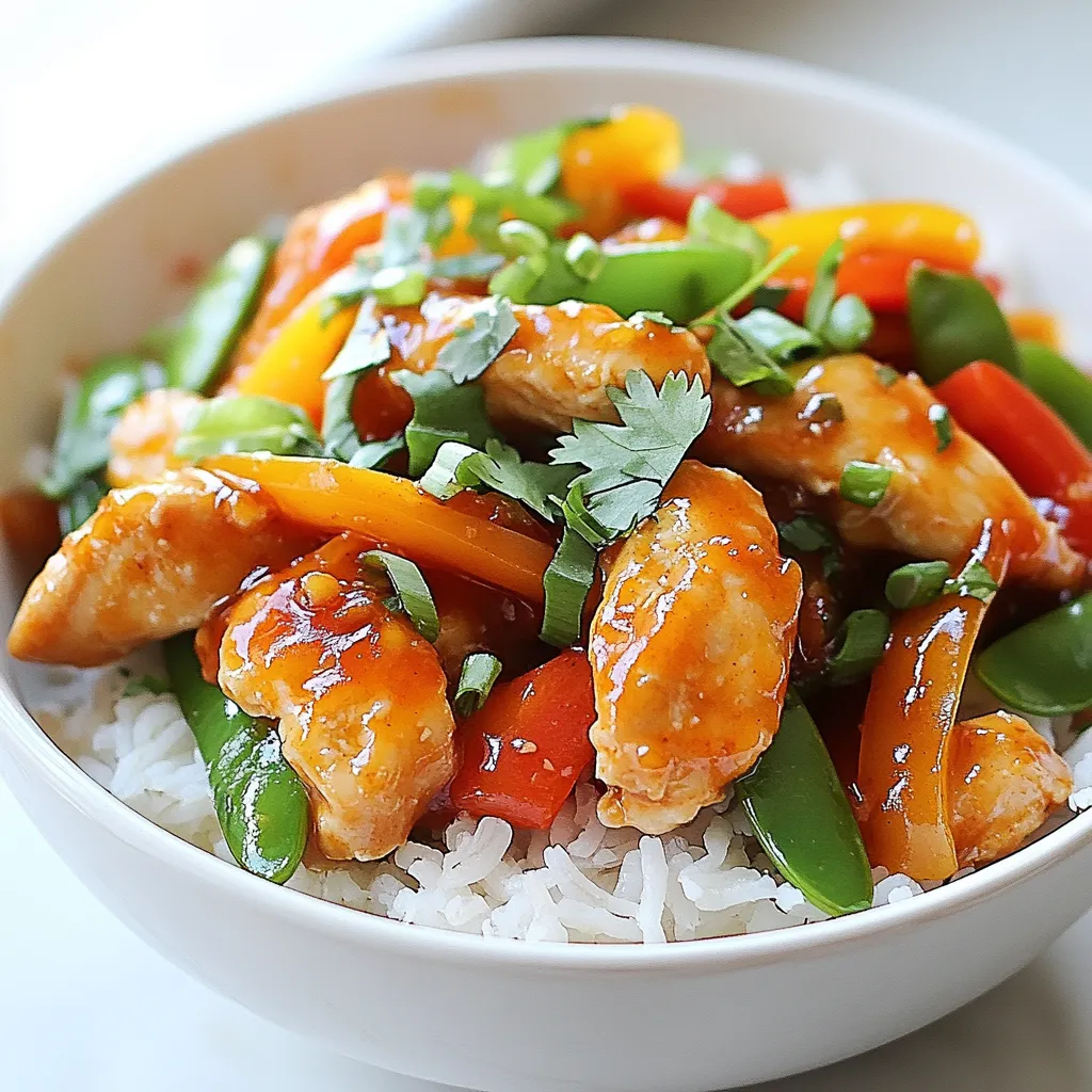 To make sweet chili chicken stir fry, you need some key items. Here’s what to gather: - 1 pound boneless, skinless chicken breasts, sliced into thin strips - 2 tablespoons cornstarch - 2 tablespoons vegetable oil, divided - 1 bell pepper (red or yellow), sliced - 1 cup snap peas, trimmed - 1 medium carrot, julienned - 3 green onions, chopped - 2 cloves garlic, minced - 1 tablespoon fresh ginger, minced - 1/4 cup sweet chili sauce - 2 tablespoons soy sauce (low sodium) - 1 tablespoon rice vinegar - 1 tablespoon sesame oil - Salt and pepper to taste You can add more flavor to your stir fry. Here are some great options: - Red pepper flakes for heat - Black pepper for a bit of spice - A dash of garlic powder for extra flavor - Fresh herbs like basil or mint for freshness Garnishes make your dish look and taste better. Here are some ideas: - Fresh cilantro for a bright touch - Extra chopped green onions for added crunch - Sesame seeds for a nutty flavor - Thin lime wedges for a zesty kick Gather these ingredients and garnishes, and you’ll be ready to create a fantastic sweet chili chicken stir fry! {{ingredient_image_1}} First, slice 1 pound of boneless, skinless chicken breasts into thin strips. This helps the chicken cook evenly and quickly. Next, put the chicken strips in a bowl. Sprinkle 2 tablespoons of cornstarch over the chicken. Toss the chicken to coat it evenly. This step makes the chicken crispy when you cook it. Heat 1 tablespoon of vegetable oil in a large skillet or wok over medium-high heat. Once the oil is hot, add the chicken in a single layer. Cook it for 5 to 7 minutes. Stir the chicken occasionally to ensure it cooks evenly. Look for a golden color to know it’s ready. Once done, remove the chicken from the skillet and set it aside on a plate. In the same skillet, add another tablespoon of vegetable oil. Add 2 cloves of minced garlic and 1 tablespoon of minced fresh ginger. Sauté these for about 30 seconds until you smell their great aroma. Next, toss in 1 sliced bell pepper, 1 cup of trimmed snap peas, and 1 julienned medium carrot. Stir-fry these veggies for 3 to 4 minutes. You want them tender but still crisp. Now, return the cooked chicken to the skillet. Pour in 1/4 cup of sweet chili sauce, 2 tablespoons of low-sodium soy sauce, 1 tablespoon of rice vinegar, and 1 tablespoon of sesame oil. Stir everything well for about 2 minutes until heated through. Season your stir fry with salt and pepper to taste. Finally, add chopped green onions and toss everything together briefly. Your meal is almost ready to serve! To get crispy chicken, start by coating the strips in cornstarch. This makes a nice crust. Make sure the chicken is dry before coating. Heat your oil until it's hot, but not smoking. Cook the chicken in a single layer. This helps it brown evenly. Avoid crowding the pan. If you have too much chicken, cook it in batches. Stir-frying is quick and fun. Use a large skillet or wok for best results. Heat the oil before adding your ingredients. This keeps the food from sticking. Keep your veggies crunchy by cooking them for just a few minutes. Stir often to avoid burning. Add sauces towards the end for the best flavor. Prep your ingredients ahead of time. Slice the chicken and veggies before you start cooking. You can also use pre-cut vegetables to save time. Another trick is to cook rice or quinoa in advance. This way, your meal comes together quickly. Keep your pantry stocked with sauces. This makes it easy to whip up tasty meals anytime! Pro Tips Coat for Crispiness: Tossing the chicken in cornstarch before cooking creates a delightful crispy texture that enhances the overall dish. High Heat is Key: Cooking on medium-high heat helps to sear the chicken quickly, locking in moisture and flavor while ensuring it cooks evenly. Fresh Ingredients Matter: Using fresh vegetables, like snap peas and bell peppers, not only adds vibrant color but also maximizes flavor and nutritional value. Balance the Flavors: Adjust the sweetness and saltiness by tasting and tweaking the sweet chili sauce and soy sauce to suit your preference. {{image_2}} You can easily make this dish vegetarian or vegan. Instead of chicken, use firm tofu. Cut it into strips and coat it with cornstarch, just like the chicken. This gives it a nice crispy texture. For the sauce, check that your sweet chili sauce is vegan. Many brands are, but it's good to read labels. You can also add extra veggies like broccoli or mushrooms for more flavor. Want to switch up the protein? You can use shrimp, beef, or pork. Just slice them thin, like the chicken. Each protein cooks a bit differently. Shrimp cooks fast, usually in just a few minutes. Beef and pork may need a little longer. Remember to adjust cooking time to ensure everything is cooked through. Feel free to get creative with your stir-fry! Add more veggies for color and crunch. Snow peas, zucchini, or bok choy work well. You can also toss in nuts like cashews or peanuts for a nice crunch. For a spicy kick, add sliced chili peppers or a dash of hot sauce to your stir-fry. Mixing different flavors and textures makes each bite special. Enjoy the fun of making this meal your own! Store any leftover Sweet Chili Chicken Stir Fry in an airtight container. Let it cool to room temperature first. Place it in the fridge. It will stay fresh for up to three days. Make sure to keep it away from strong-smelling foods to prevent odd flavors. To reheat, use a skillet or a microwave. If using a skillet, heat it over medium heat. Add a splash of water or oil to keep it moist. Stir occasionally until heated through. If using a microwave, place it in a microwave-safe dish. Heat for one to two minutes, stirring halfway through. You can freeze this stir fry, but it’s best to do so before adding the sauce. After cooking the chicken and veggies, let them cool. Then, place them in a freezer-safe bag. Remove as much air as possible. It will last for up to three months in the freezer. When ready to eat, thaw in the fridge overnight and reheat on the stove. If you don't have sweet chili sauce, try making a quick mix. Combine honey, soy sauce, and a splash of vinegar. Use equal parts of each for a similar flavor. You can also use sriracha mixed with honey for a spicy kick. This mix gives you sweetness and heat, just like sweet chili sauce. Yes, you can prep this dish ahead. Cut the chicken and veggies and store them in separate containers. The sweet chili sauce can also be mixed and stored. Keep everything in the fridge for up to a day. Just remember to cook them fresh when you are ready. This way, you save time and still enjoy a tasty meal. To add more heat, include sliced red chili peppers or a dash of hot sauce. You can also use more sriracha in your sweet chili sauce mix. Another option is to add crushed red pepper flakes while cooking. Just adjust the spice level to what you like best. Enjoy the extra kick! This post covered all you need for a tasty meal. We talked about the main ingredients, spices, and garnishes. You learned step-by-step how to prepare, cook, and combine flavors. I shared tips on making crispy chicken and time-saving tricks. Plus, we explored variations like vegan options and add-ons. Don't forget how to store leftovers properly. With this guide, you can make delicious dishes anytime. Enjoy your cooking adventure and get creative in the kitchen!