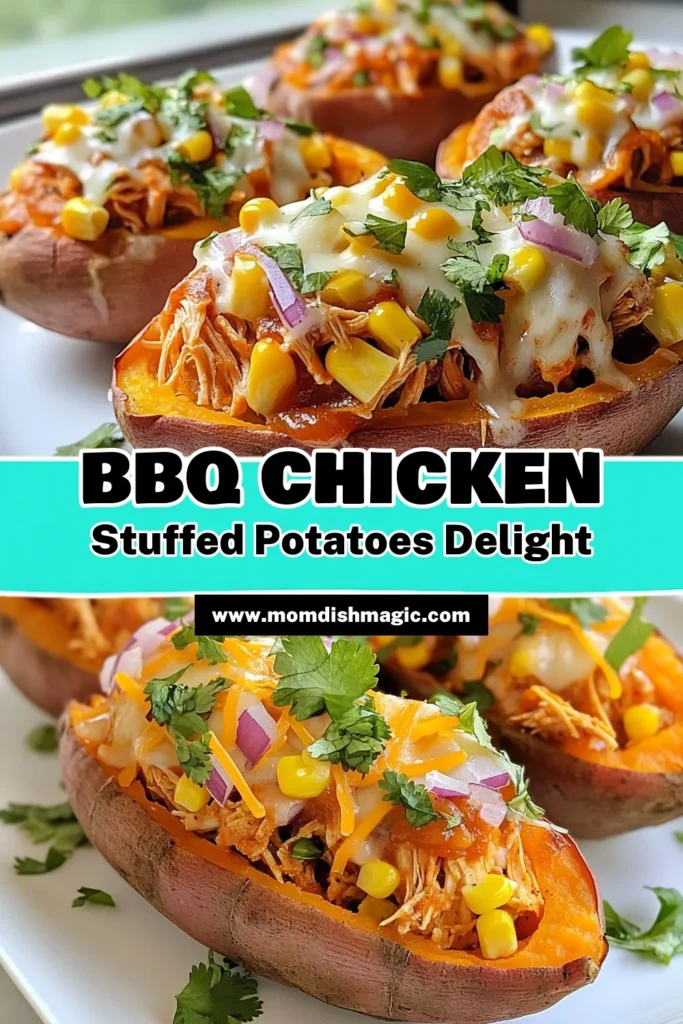 Savor the deliciousness of these BBQ chicken stuffed sweet potatoes, a perfect blend of flavor and nutrition. This recipe is one of the best healthy sweet potato recipes you can make with ease. Packed with juicy chicken, fresh corn, and topped with cheesy goodness, these stuffed sweet potatoes with chicken are a must-try! Looking for easy BBQ chicken recipes? Save this recipe now! #HealthyEating #SweetPotatoRecipes #BBQChicken #EasyDinnerIdeas