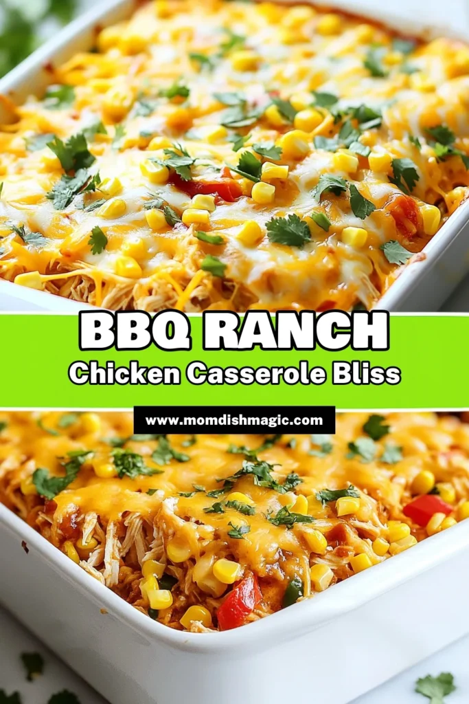 Indulge in this delicious BBQ Ranch Chicken Casserole that's perfect for an easy weeknight dinner! This shredded chicken casserole combines BBQ sauce, ranch dressing, and nutritious quinoa for a flavorful twist on a classic ranch chicken recipe. Packed with corn, black beans, and cheese, it’s sure to please the whole family. Get the recipe now for a fuss-free, satisfying BBQ chicken casserole! Save for later! #BBQChickenCasserole #RanchChickenRecipe #QuinoaCasserole #EasyChickenDinner