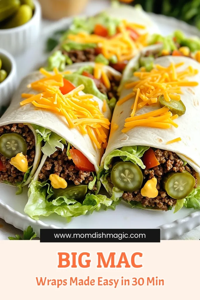 Enjoy the delicious taste of Big Mac Wraps with this easy recipe! Packed with savory ground beef, fresh veggies, and creamy Thousand Island dressing, these wraps bring all the classic flavors to your table in just 30 minutes. Perfect for dinner or a quick lunch, they’re sure to be a hit. Click to explore the full recipe and impress your family and friends! #BigMacWraps #EasyRecipes #QuickMeals #DeliciousWraps