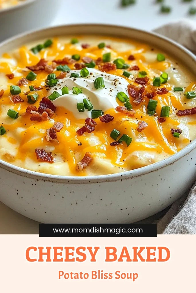 Warm up with this delicious cheesy baked potato soup that's perfect for chilly days! This easy potato soup combines creamy potato goodness with melted cheese in a loaded potato soup recipe your family will love. It's a vegetarian potato soup recipe that's both comforting and satisfying. Perfect for weeknight dinners! Try it today and savor every creamy bite! Save this cheesy baked potato soup for your next meal. #PotatoSoup #RecipeIdeas #ComfortFood #VegetarianCooking