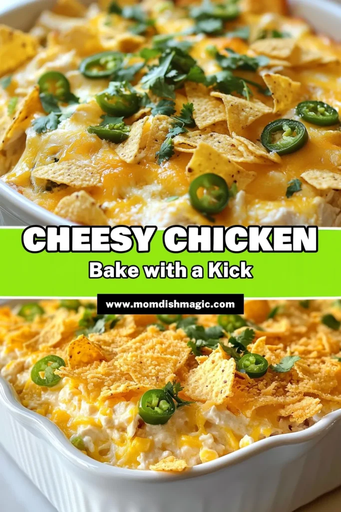 Savor the bold flavors of this Jalapeño Cheesy Chicken Bake, a creamy chicken casserole that will spice up your meal! This spicy chicken bake recipe features tender shredded chicken, creamy cheeses, and a hint of jalapeño heat, all topped with crunchy tortilla chips. Perfect for cheesy chicken dishes lovers, this baked chicken with jalapeños is a crowd-pleaser. Try it today and enjoy a delightful dinner experience! Save this recipe for later! #JalapenoChicken #CheesyCasserole #SpicyBakedChicken #ChickenDinnerIdeas