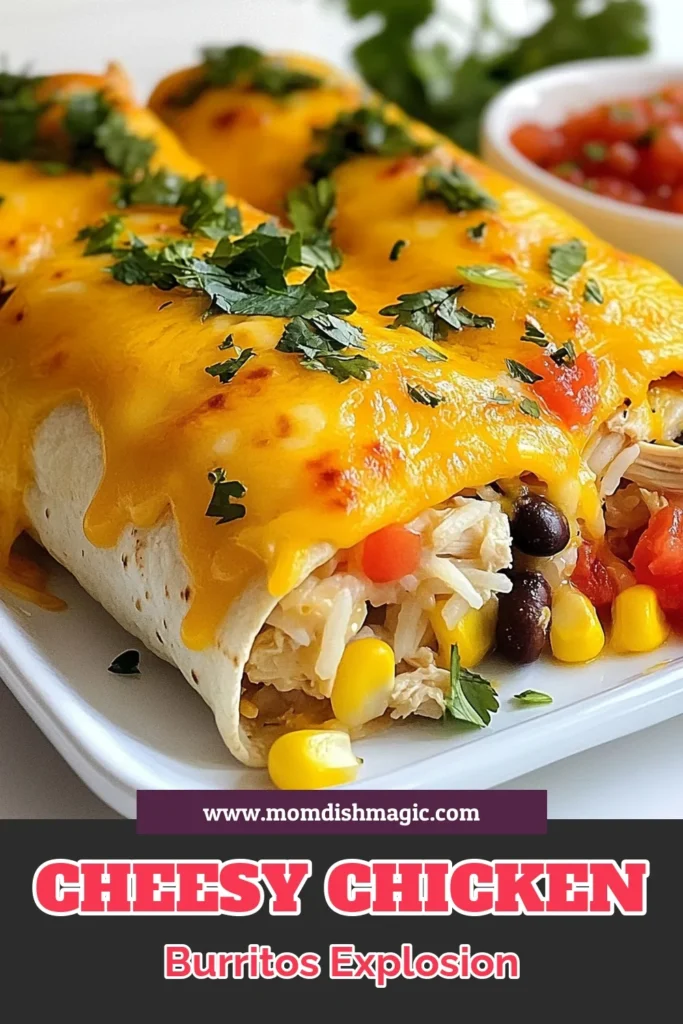 Craving a delicious meal? Try these Cheesy Chicken Burritos! This easy burrito recipe is a crowd-pleaser, packed with chicken burrito ingredients like tender shredded chicken, rice, black beans, and plenty of cheddar cheese. Perfect for busy nights, these homemade burritos are baked to golden perfection. Ready in just 40 minutes, they’re the ideal comfort food. Save this recipe and impress your family tonight! #CheesyChickenBurritos #EasyBurritoRecipe #HomemadeBurritos #BakedChickenBurritos