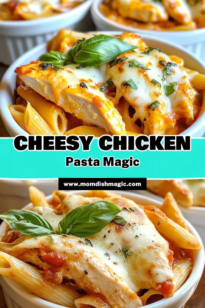 Indulge in this Cheesy Chicken Mozzarella Recipe that combines penne pasta with tender chicken for an easy chicken pasta dish! This Mozzarella Chicken Bake is perfect for a cheesy chicken dinner that's sure to impress. Your family will love the flavors in this easy recipe that comes together in just 35 minutes. Try it today! Pin now to save for later! #CheesyDinner #PastaLovers #ChickenRecipes #EasyWeeknightMeals