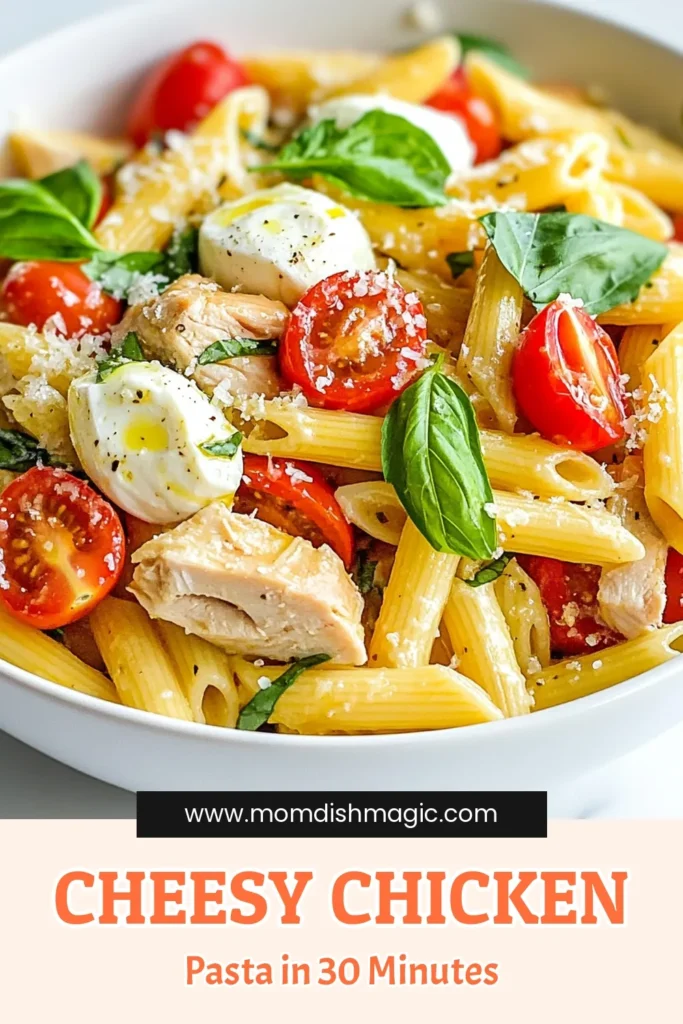 Indulge in this quick and easy cheesy chicken pasta! Our Chicken Mozzarella Pasta features tender chicken, gooey mozzarella, and fresh cherry tomatoes, all tossed together in a delightful mozzarella penne recipe. Perfect for a weeknight dinner, this easy cheesy chicken recipe is ready in just 30 minutes! Click for the full recipe and impress your family with this delicious dish today! #CheesyChickenPasta #EasyDinner #PastaRecipe #ChickenMozzarellaPasta