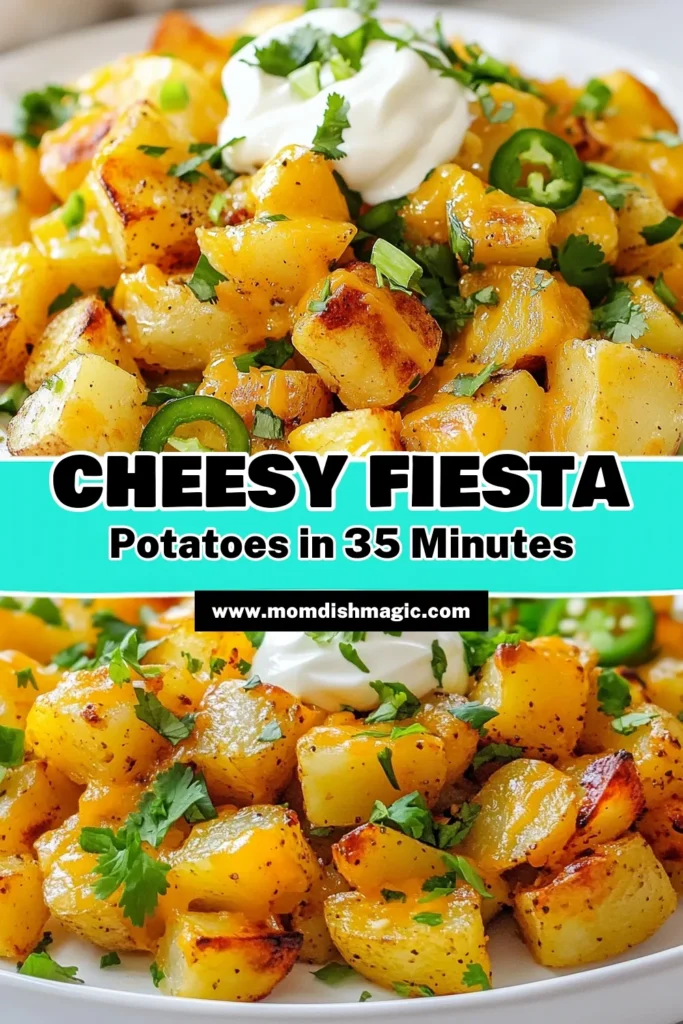 Discover the ultimate Quick Cheesy Fiesta Potatoes recipe that’s perfect for any occasion! This easy vegetarian potato bake features cubed russet potatoes coated in flavorful spices and topped with melted cheddar cheese. In just 35 minutes, you can create a delicious side dish that your family will love. Perfect for busy weeknights, these Oven Baked Cheesy Potatoes will be your go-to! Try this simple recipe today! #CheesyFiestaPotatoes #QuickPotatoRecipes #EasyCheesySideDishes #VegetarianPotatoBake
