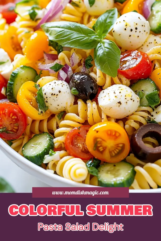 Try this vibrant summer pasta salad that's perfect for warm days! This fresh vegetable pasta salad features rotini pasta tossed with cherry tomatoes, cucumbers, bell peppers, and mozzarella balls, drizzled with a zesty dressing. It's an easy rotini salad recipe that’s ideal for picnics or gatherings. Check out these cold pasta salad recipes for a delicious twist! Save and enjoy! #SummerPastaSalad #PastaSaladRecipe #EasySalad #FreshVegetables