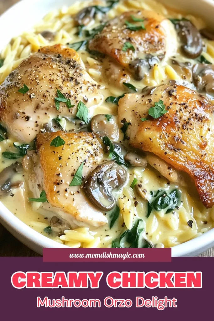 Looking for an easy chicken dinner idea? Try this creamy chicken orzo recipe that combines tender chicken, savory mushrooms, and delicious orzo pasta in a single pot. Perfect for quick weeknight meals, this one pot chicken recipe is ready in just 30 minutes! You'll love the flavors and convenience. Give it a shot tonight and enjoy a comforting meal with your family! Save this recipe for later: #CreamyChickenOrzo #OnePotMeals #MushroomOrzoPasta #EasyChickenDinner