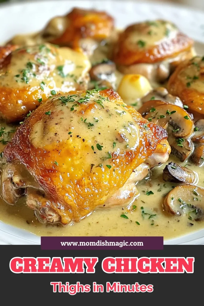 Indulge in this creamy mushroom chicken thighs recipe that will become your favorite easy creamy chicken dinner! Made in one skillet, these mushroom chicken thighs are a perfect blend of flavors and textures that the whole family will love. With tender chicken thighs simmered in a rich mushroom and cream sauce, it’s a delicious weeknight meal ready in just 40 minutes. Save this one skillet chicken recipe for your next dinner! #CreamyMushroomChickenThighs #EasyRecipes #ChickenThighs #DinnerInspiration